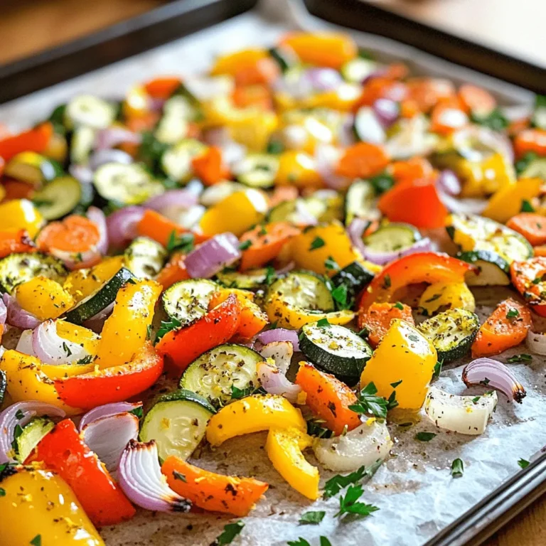 To make Lemon Herb Roasted Veggies, you need a few key ingredients. Start with assorted vegetables for roasting. I love using bell peppers, zucchini, carrots, and red onions. You can pick any veggies you enjoy! Next, grab some olive oil and herbs. This will add nice flavor to your dish. Lastly, include citrus components for flavor enhancement. A fresh lemon is perfect for this. Now let’s talk about seasoning. You will need dried herbs and garlic. I suggest using a mix of Italian herbs, like thyme, oregano, and basil. Add lemon zest and juice to give your veggies a bright taste. The zest adds a nice punch! Finally, use fresh parsley for garnish. It gives a lovely pop of color and freshness to the dish. For the complete recipe, check out the [Full Recipe]. Chop your veggies into even sizes. This helps them cook evenly. I love using bell peppers, zucchini, carrots, and red onions. You can also try broccoli or cauliflower. Just pick what you like best! 1. Wash the vegetables well. 2. Slice them into bite-sized pieces. 3. Keep them in a bowl. Next, we will make the tasty olive oil mix. This will add flavor to your veggies. 1. In a small bowl, whisk together: - 3 tablespoons of olive oil - 1 teaspoon of dried Italian herbs - Zest of 1 lemon - Juice of 1 lemon - 2 minced garlic cloves - Salt and pepper to taste 2. Pour this mix over your chopped veggies. 3. Toss everything well. Make sure all pieces get coated. This ensures every bite is full of flavor. Now we are ready to roast! Preheat your oven to 400°F. 1. Spread the coated veggies on a baking sheet. Use parchment paper for easy cleanup. 2. Roast for 20-25 minutes. Halfway through, stir the veggies. This helps them cook evenly and get that nice caramelized look. When the veggies are tender, they are ready. Enjoy them hot or warm! For the full recipe, check the guide above. To roast veggies just right, set your oven to 400°F (200°C). This heat helps the veggies caramelize and become tender. Roast them for 20-25 minutes. Keep an eye on them. Stir halfway through to cook evenly. To check if the veggies are done, use a fork. They should be soft and slightly brown. If they are still hard, give them a few more minutes. You can switch up the herbs for new tastes. Try rosemary or dill instead of Italian herbs. Fresh herbs also work great. Just chop them up and add them before roasting. Adding nuts or cheese can boost the flavor too. Toss in some pine nuts or feta cheese for a tasty twist. These additions make the dish richer and more filling. Explore different options to find what you like best! For the complete dish, refer to the Full Recipe. {{image_2}} Using seasonal vegetables makes this dish even better. In summer, choose bright bell peppers, zucchini, and tomatoes. Their colors pop and taste fresh. For winter, root veggies like carrots, sweet potatoes, and Brussels sprouts work great. They offer warmth and earthiness. Mix and match colors for a stunning look. Pair bright yellow squash with deep purple eggplant. Add green broccoli for contrast. This not only looks good but also makes your meal more fun. You can grill or roast your veggies. Grilling gives them a smoky flavor. Simply toss your veggies in the seasoning and put them on a hot grill. Cook them for about 10-15 minutes, turning them often. If you want a quick option, try an air fryer. Set it to 400°F (200°C) and cook for 15 minutes. Shake the basket halfway through for even cooking. You’ll get crispy veggies in no time! For the full recipe, check out the [Full Recipe]. After enjoying your lemon herb roasted veggies, store any leftovers right. Let them cool first. This step helps keep their texture. Use an airtight container to keep them fresh. Glass containers work well, as they do not hold odors. You can also use plastic containers if you prefer. Just make sure they seal tightly. Label your container with the date. This way, you know when to use them. Reheating roasted veggies can be tricky. You want to keep their great texture. The best way is to use the oven. Preheat it to 350°F (175°C). Spread the veggies on a baking sheet. Heat them for 10-15 minutes. Stir them halfway through for even warmth. If you're short on time, you can use a microwave. Place them in a microwave-safe bowl. Cover it with a damp paper towel to keep them moist. Heat in short bursts of 30 seconds. Check often to avoid overcooking. Quick reheating tips like these can save you time during busy weekdays. For the full recipe, check out the Lemon Herb Roasted Veggies section. Can I use frozen vegetables for this recipe? Yes, you can use frozen vegetables. Just make sure to thaw them first. Drain any extra water before mixing with the olive oil and herbs. This helps them roast better. Frozen veggies may not get as crispy, but they still taste great. How can I make this dish vegan-friendly? This recipe is already vegan! It uses no animal products. The olive oil and veggies provide all the flavor. Just follow the steps and enjoy a tasty dish that fits your diet. What are the health benefits of roasted vegetables? Roasted vegetables are packed with vitamins and minerals. They contain fiber, which helps digestion. Roasting brings out natural sugars, making them sweet and tasty. This dish is low in calories but high in nutrients, making it a healthy choice. How to pair this dish with proteins for a complete meal? You can pair Lemon Herb Roasted Veggies with proteins like chicken, fish, or tofu. These add flavor and make the meal filling. For a quick option, serve with grilled chicken or chickpeas. For a fun twist, add roasted veggies to a grain bowl with quinoa or rice. For the full recipe, check out the complete details and enjoy cooking! Roasting vegetables is simple and fun. We covered key ingredients, like assorted veggies, olive oil, and herbs. You learned the steps to prep, mix, and roast for the best flavor. We shared tips to perfect your roasting skills and enhance taste with zest and garnishes. Try variations to suit the season or switch up cooking methods. Store leftovers wisely and reheating keeps them tasty. Enjoy these recipes and celebrate the benefits of roasted veggies in your meals.
