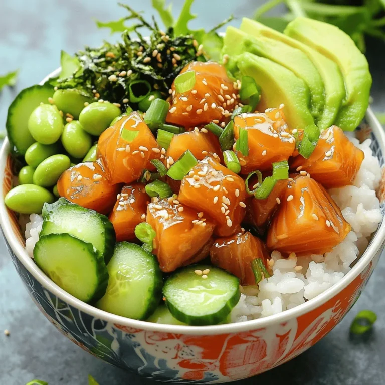 - 1 pound sushi-grade tuna, diced - 2 cups cooked sushi rice - 1 avocado, diced - 1 small cucumber, thinly sliced - 1/2 cup edamame, shelled - 1/4 cup green onions, chopped For a great Tuna Poke Bowl, you need fresh and high-quality primary ingredients. Sushi-grade tuna must be firm and bright. Always check for deep color and a clean smell. Sushi rice is sticky and holds together well. It gives a nice base for your bowl. Fresh vegetables add crunch and color. Use ripe avocado for creaminess. Cucumber gives a refreshing bite, while edamame adds protein. - 2 tablespoons soy sauce - 1 tablespoon sesame oil - 1 tablespoon lime juice - 1 teaspoon honey - 1 teaspoon sriracha (optional for heat) The sauce brings all the flavors together. Soy sauce adds saltiness. Sesame oil gives a toasty taste. Lime juice adds zing and freshness. Honey balances the salt with a touch of sweetness. If you like heat, add sriracha. Mix these well to create a tasty poke sauce. - Seaweed salad (for garnish) - Sesame seeds (for garnish) - Microgreens or fresh cilantro (for garnish) Garnishes make your bowl pop. Seaweed salad adds a savory touch. Sesame seeds bring a nutty flavor and crunch. Microgreens or cilantro add a fresh finish. These little touches make your Tuna Poke Bowl look and taste amazing. For the full recipe, check out the details above. To start, take a medium bowl and whisk together these ingredients: - 2 tablespoons soy sauce - 1 tablespoon sesame oil - 1 tablespoon lime juice - 1 teaspoon honey - 1 teaspoon sriracha (optional for heat) Whisk until all the ingredients blend well. Taste the sauce. If it needs more flavor, you can add a bit more soy sauce or lime juice. This sauce will bring your poke bowl to life. Next, take your diced sushi-grade tuna. Place it in a separate bowl. Pour half of the poke sauce over the tuna. Gently stir to coat the tuna evenly with the sauce. Cover the bowl and set it in the fridge to marinate for 15 minutes. This step lets the flavors soak into the fish. Now it’s time to build your poke bowl! Start by placing a scoop of cooked sushi rice at the bottom of each bowl. This rice will be the base. Then, layer the marinated tuna over the rice, arranging it nicely. Add your fresh vegetables around the tuna: - Diced avocado - Thinly sliced cucumber - Shelled edamame Drizzle any remaining poke sauce over your bowl for extra flavor. Finish by garnishing with chopped green onions, a sprinkle of sesame seeds, seaweed salad, and microgreens or fresh cilantro. This adds color and taste to your poke bowl. For more detailed steps, check out the Full Recipe. Enjoy your fresh and flavorful Tuna Poke Bowl! When buying sushi-grade tuna, look for bright color. The tuna should also feel firm. Freshness is key. It should smell like the ocean, not fishy. Always ask your fishmonger about the catch date. A good fish market can guide you to the best options. For fluffy sushi rice, rinse it well before cooking. This removes excess starch. Use a rice cooker for the best results. If you cook on the stove, use a 1:1 water-to-rice ratio. After cooking, let it steam for 10 minutes. Season the rice with rice vinegar, sugar, and salt. Mix gently to avoid breaking the grains. This adds flavor and keeps the rice sticky. Let the rice cool to room temperature before using it in your poke bowl. Serve the poke bowl in colorful bowls for a fun look. Arrange toppings in sections for a beautiful display. You can use a slice of lime on the side for a fresh touch. Garnish with sesame seeds and microgreens for extra color. For a creative twist, try adding edible flowers. They brighten the dish and make it special. This way, your Tuna Poke Bowl becomes a feast for the eyes too! {{image_2}} If you want to switch up the protein in your poke bowl, consider using salmon or tofu. Salmon has a rich flavor and pairs well with the same sauces. Tofu offers a plant-based option for those who avoid fish. Just cube it and marinate it like you would the tuna. This way, you customize your bowl for different diets or preferences. You can try many different vegetables and garnishes. Radishes, carrots, or even mango add color and crunch. You can also explore regional poke variations. For example, Hawaiian poke often includes seaweed and macadamia nuts. These changes make your bowl unique and exciting. Add different sauces and spices to enhance flavor. A drizzle of ponzu sauce brightens the dish. You can also experiment with heat levels. Try adding more sriracha or a sprinkle of chili flakes for a spicy kick. This allows you to adjust the taste to fit your mood and palate. To keep your poke bowl fresh, store marinated tuna in an airtight container. Place it in the fridge right away. This helps to maintain its flavor and texture. Use the tuna within two days for the best taste. For vegetables, store diced avocado and cucumber in separate containers. Adding lemon juice to avocado helps prevent browning. Keep the sesame seeds and seaweed salad in dry places to stay crisp. When it comes to sushi rice, you want to keep it fluffy. Place the rice in a microwave-safe bowl. To add moisture, sprinkle a few drops of water over it. Cover the bowl with a damp paper towel. Microwave in short bursts, checking often. This method helps avoid a dry texture. Consume leftovers within three days for the best experience. You can freeze sushi rice, but it's best to do it carefully. Let the rice cool completely before freezing. Place it in a freezer bag, pressing out as much air as possible. For tuna, I do not recommend freezing after it's marinated. Raw fish can lose its texture and flavor. If you freeze any components, thaw them in the fridge overnight before use. This keeps everything safe and tasty. To make your own poke sauce, gather these items: - 2 tablespoons soy sauce - 1 tablespoon sesame oil - 1 tablespoon lime juice - 1 teaspoon honey - 1 teaspoon sriracha (optional for heat) 1. In a medium bowl, whisk together soy sauce, sesame oil, lime juice, honey, and sriracha. 2. Taste and adjust the flavors to your liking. You can add more lime juice for tang or more honey for sweetness. This simple sauce adds a fresh burst to your poke bowl. Yes, this recipe works well for meal prep. Here are some tips: - Prepare the sushi rice in advance and store it in the fridge. - Marinate the tuna just before serving for the best taste. - Chop vegetables like avocado and cucumber, but store them separately. This keeps them fresh and crisp. You can easily assemble the bowls during the week for a quick meal. You can pair your Tuna Poke Bowl with these sides: - Seaweed salad for a crunchy texture - Miso soup for a warm starter - Edamame for a protein boost For drinks, try green tea or coconut water to keep it light and refreshing. This Tropical Tuna Poke Bowl is fresh and simple. You need sushi-grade tuna, sushi rice, and colorful veggies. The poke sauce adds depth and flavor. Don't forget the garnishes like seaweed salad and sesame seeds! For the complete recipe, check the Full Recipe section above. In this article, we explored how to create a Tropical Tuna Poke Bowl. We covered essential ingredients like sushi-grade tuna, rice, and fresh veggies. You learned about making the perfect poke sauce and marinating tuna. We also shared tips on selecting the best fish and enhancing your bowl’s look. Finally, I discussed various toppings and storage tips to keep your meal fresh. With these steps, you can enjoy a delicious poke bowl anytime. So grab your ingredients and start creating! You’ll love every bite.