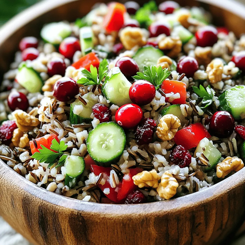 This wild rice and cranberry salad is fresh, tasty, and easy to make. It combines nutty wild rice with sweet cranberries and crunchy veggies. You can find the full recipe above. - Wild Rice: This grain is higher in protein than regular rice. It also has fiber, which helps digestion. - Cranberries: These berries add a sweet-tart flavor and are rich in antioxidants. They help support your immune system. - Cucumbers: They bring crunch and hydration, making the salad refreshing. - Red Bell Pepper: This adds color and vitamin C, boosting your health. - Red Onion: Adds a sharp flavor and has anti-inflammatory properties. - Walnuts or Pecans: These nuts add healthy fats and protein, making the salad filling. - Parsley: This herb adds a fresh taste and is packed with vitamins. - Olive Oil: A great source of healthy fats, it also enhances flavor. - Apple Cider Vinegar: This gives a zesty kick and may help with digestion. - Maple Syrup: A natural sweetener that balances the salad’s flavors. You can mix in other ingredients for extra flavor and nutrition, such as: - Feta Cheese: For a creamy touch. - Apple Slices: For added sweetness and crunch. - Chickpeas: For extra protein and fiber. - Spinach or Kale: For more greens and nutrients. - Sunflower Seeds: For crunch and healthy fats. Feel free to customize this salad to fit your taste! To start, rinse the wild rice under cold water. This step helps remove dirt and impurities. Next, grab a medium saucepan and add the rinsed wild rice along with 3 cups of vegetable broth. Bring the mixture to a boil. Once it boils, reduce the heat to low. Cover the pot and let it simmer for about 45 to 50 minutes. You want the rice to be tender and burst open. After cooking, drain any excess liquid if needed. This wild rice forms the hearty base of your salad. If you choose fresh cranberries, boil them in a small pot of water for about 5 to 10 minutes. You will see them start to burst. This step helps soften their tartness. Once they burst, drain the cranberries and set them aside. If you decide to use dried cranberries, you can skip this step. They add sweetness and chewiness right away. Both options will work, but fresh cranberries give a lovely pop of flavor. In a large mixing bowl, combine the cooked wild rice and your cranberries. Next, add diced cucumbers, diced red bell pepper, and chopped red onion. Toss in walnuts or pecans for crunch. Finally, fold in the chopped parsley for a fresh touch. In a separate bowl, whisk together olive oil, apple cider vinegar, maple syrup, salt, and pepper. Pour this dressing over your salad mixture. Toss everything gently to combine. For the best taste, let the salad chill in the fridge for about 30 minutes. This resting time allows all the flavors to mingle. Check the seasoning and adjust if needed. Enjoy your fresh and vibrant wild rice and cranberry salad! For the full recipe, refer to the earlier section. To boost the flavors in your wild rice and cranberry salad, use fresh herbs. Adding basil or mint can make a big difference. You can also try different dressings. A citrus vinaigrette or a yogurt-based dressing will add a new twist. For a bit of heat, toss in some diced jalapeños or a dash of hot sauce. They bring a nice kick to the salad. Texture is key in this salad. The wild rice gives a chewy bite, while the nuts add crunch. For extra texture, try adding roasted chickpeas or sunflower seeds. They will give you a nice contrast. Also, consider including some diced avocado for creaminess. Just add it right before serving to keep it fresh. A beautiful salad looks more appetizing. Serve the wild rice salad in a large bowl with a colorful garnish. Use whole cranberries and a sprinkle of parsley. This adds a pop of color and makes it inviting. You can also plate individual servings for a more elegant touch. Consider using a ring mold to shape the salad neatly on each plate. For a final touch, drizzle some extra dressing on top for a gorgeous finish. Check out the Full Recipe for more details on making this delicious dish! {{image_2}} You can easily swap ingredients to meet your needs. If you have nut allergies, skip the walnuts or pecans. Try sunflower seeds for a crunchy twist. If you want a sweeter taste, use honey instead of maple syrup. You can also replace the olive oil with avocado oil for a different flavor. If you prefer a gluten-free option, this salad is already gluten-free with wild rice. This salad shines with seasonal ingredients. In spring, add fresh peas or asparagus. In summer, include diced tomatoes or corn for a sweet crunch. In the fall, consider adding diced apples for a crisp texture. Winter brings roasted veggies like squash or Brussels sprouts, adding warmth and flavor. Each season offers a chance to change the salad and keep it fresh. This wild rice and cranberry salad fits many diets. It’s vegan and gluten-free, making it a great choice for most eaters. To make it lower in carbs, reduce the wild rice and add more veggies. If you seek protein, consider adding chickpeas or grilled chicken. This salad can adapt to many diets while still tasting amazing. Check the [Full Recipe] for more ideas! To keep your wild rice and cranberry salad fresh, store it in an airtight container. Make sure it cools down before sealing. This helps keep moisture out and preserves flavor. If you plan to eat it later, store the dressing separately. This keeps the salad crisp and prevents sogginess. When stored properly, this salad lasts about 3 to 5 days in the fridge. The wild rice holds up well, but the fresh vegetables may wilt over time. If you notice any off-smells or changes in color, it’s best to toss it out. Always trust your senses to judge freshness. This salad tastes best cold, so I do not recommend reheating. If you prefer it warm, gently heat it on the stove. Use low heat and stir often to avoid burning. Add a splash of vegetable broth if it seems dry. Enjoy the fresh flavors as they were meant to be! For the full recipe, check out the detailed steps above. Yes, you can use regular rice. However, wild rice gives a unique taste and texture. It has a nutty flavor and a chewy bite. Regular rice will not provide the same experience. If you decide to substitute, use a long-grain rice for the best results. Absolutely! This salad is a great choice for meal prep. It tastes even better after it sits in the fridge. You can easily store it in airtight containers. Just remember to keep the dressing separate until you are ready to eat. This keeps everything fresh and crunchy. To make this salad vegan, simply check your ingredients. The recipe is already vegan. Use maple syrup as the sweetener. Ensure your vegetable broth is plant-based. This way, you can enjoy a tasty and healthy salad. You can also add more veggies or nuts for extra flavor. For more details, check the Full Recipe. This blog post covered a delicious wild rice salad. We explored key ingredients and their benefits, plus preparation steps for fresh and dried cranberries. I shared tips on flavor, texture, and how to present your dish nicely. We also talked about substitutions for allergies and storage practices to keep your salad fresh. With this recipe, you can make a tasty meal that suits many diets. Enjoy making this salad your own and share it with friends!