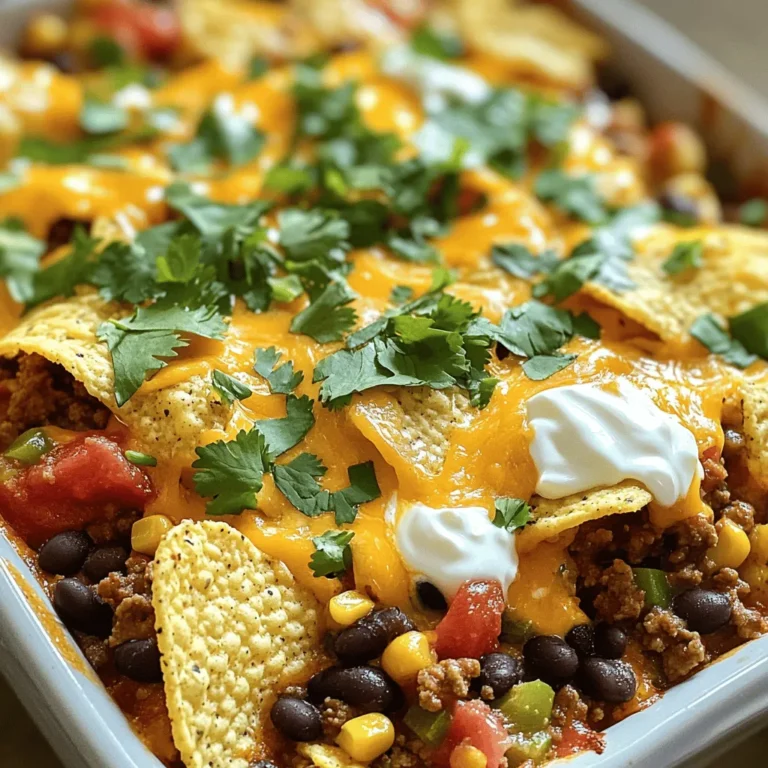 - Ground beef or turkey - Canned black beans and corn - Diced tomatoes with green chilies - Taco seasoning and salsa - Tortilla chips and shredded cheddar cheese For this Easy Taco Casserole, you need just a few main ingredients. First, choose either ground beef or turkey. Both options work well and taste great. Next, grab a can of black beans and a can of corn. These add fiber and protein. You will also need a can of diced tomatoes with green chilies. This adds a nice kick to your dish. Taco seasoning is a must for that classic taco flavor. Don’t forget the salsa; it adds moisture and extra taste. Lastly, tortilla chips are key for crunch. You will crush them slightly for layering. Shredded cheddar cheese brings everything together with its meltiness. These ingredients create a tasty and comforting meal. - Sour cream - Fresh cilantro - Guacamole To make your casserole even better, consider garnishing it. Sour cream adds creaminess and coolness. Fresh cilantro gives a pop of color and flavor. Guacamole can also enhance the dish with its richness. These garnishes make your Easy Taco Casserole look and taste even more amazing. You can find the full recipe for this easy dish at the end of this article. 1. Preheat your oven to 350°F (175°C). This makes sure your casserole bakes evenly. 2. In a large skillet, cook the ground meat. Use medium heat and break it apart as it cooks. It should take about 5-7 minutes to brown. Drain any extra fat. 3. Mix in the seasonings. Stir in taco seasoning, black beans, corn, diced tomatoes, and salsa. Cook for another 3-5 minutes until it's hot and tasty. 1. Layer the tortilla chips. Grease a 9x13 inch baking dish. Start with half of the crushed tortilla chips at the bottom. 2. Add the meat mixture. Spoon half of the cooked meat over the chips. Sprinkle half of the shredded cheddar cheese on top. 3. Repeat the layers. Place the rest of the tortilla chips, meat mixture, and cheese on top. This creates a nice, thick casserole. 1. Bake it in the oven. Put your dish in the preheated oven for 20-25 minutes. The cheese should be melted and bubbly. 2. Let it cool. After baking, allow the casserole to cool for a few minutes before serving. This helps it set. Feel free to drizzle sour cream and sprinkle fresh cilantro on top for a finishing touch. You can find the Full Recipe at the top. Enjoy your meal! - How to perfectly brown ground meat: Start with a hot skillet. Add your ground meat without crowding the pan. Use a spatula to break it apart. Let it sit for a moment before stirring. This helps it brown well. Cook until no pink remains. - Best practices for layering ingredients: Use a greased baking dish for easy serving. Start with half of the crushed tortilla chips at the bottom. Add half of the meat mixture next, followed by half of the cheese. Repeat this step. Proper layering keeps all flavors mixed and prevents sogginess. - Presentation tips for serving: Serve directly from the baking dish for a casual feel. Use a large spoon to scoop out portions. Add fresh cilantro on top for a pop of color. You can also serve with sour cream and guacamole on the side to enhance the dish. - Pairing ideas (sides and drinks): Pair your casserole with a fresh salad or chips and salsa. A light beer or a fruity soda works well as a drink. These options balance the flavors and make the meal feel complete. - Overcooking or undercooking the casserole: Keep an eye on the timer. Bake until the cheese is melted and bubbly. If you overcook, the dish can dry out. If you undercook, the flavors won’t meld properly. - Choosing the wrong cheese types: Use a good melting cheese like cheddar. Avoid cheeses that do not melt well, like feta. This choice makes a big difference in your casserole’s texture and taste. {{image_2}} You can easily make this dish your own. For a vegetarian option, swap the meat for beans or lentils. Black beans work great and add protein. Lentils give a nice texture and flavor. Both options keep the dish filling and tasty. If you're gluten-free, use alternative chips. Look for corn chips or rice-based options. They still give that crunchy texture you want. You won’t miss out on flavor with these swaps. Want more kick? Add jalapeños to the mix. You can chop them finely and stir them in with the meat. If you like it spicier, use fresh or pickled jalapeños. They add a fun pop of heat. Experiment with cheese varieties too. Try pepper jack for a spicy twist. Or go for a blend of cheeses for rich flavor. Mixing cheeses can really elevate this dish. You can switch up the taco seasoning if you want. Use homemade seasoning for a unique taste. Simply mix chili powder, cumin, garlic powder, and onion powder. This way, you control the flavor. Incorporate seasonal vegetables for freshness. Bell peppers, zucchini, or corn are great choices. Just chop them up and mix them in with the meat. This adds color and nutrition, making your casserole even better. For the full recipe, check out the Taco Fiesta Casserole. To keep your Easy Taco Casserole fresh, use an airtight container. This helps lock in moisture. Store it in the fridge. It stays good for about 3 to 4 days. You can also cover the dish with plastic wrap or foil. Just make sure it’s tight. When reheating, the oven works best. Preheat it to 350°F (175°C). Place the casserole in an oven-safe dish. Cover it with foil for the first 15 minutes. This keeps it from drying out. After that, bake for another 10 to 15 minutes. You can also use a microwave. Heat in short bursts, stirring in between. This helps keep the texture nice. To revive those tasty flavors, add a bit of salsa or sour cream on top. This brings back the deliciousness! If you want to freeze your casserole, first let it cool completely. Cut it into portions for easy thawing. Wrap each piece tightly in plastic wrap, then put it in a freezer bag. Mark the date on the bag. It can stay in the freezer for up to 3 months. When you’re ready to eat, move it to the fridge overnight to thaw. After thawing, reheat it as mentioned above. This way, your casserole tastes just as good as fresh! For the full recipe, check the earlier section. Easy Taco Casserole lasts about 3 to 5 days in the fridge. Store it in an airtight container. Check for signs of spoilage like off smells or mold. If it smells funny or looks bad, throw it out. Yes, you can prepare the casserole ahead of time. Just make it the night before. Layer the ingredients, then cover and refrigerate. Bake it the next day. It’s almost as easy as the full recipe itself. You can serve many sides with this dish. Here are some ideas: - Spanish rice - Guacamole - Fresh salad - Refried beans - Corn on the cob These sides add fun flavors and make the meal more complete. Absolutely! You can swap ground beef for turkey or chicken. Each meat brings a different taste. You can even use plant-based options like lentils or beans. This makes the dish versatile and fun! Easy Taco Casserole combines simple ingredients and straightforward steps. You can use ground beef, black beans, and diced tomatoes. Layer it up with tortilla chips and cheese for a crowd-pleasing dish. Don't forget the optional garnishes like sour cream or guacamole for extra flavor. Remember to avoid common mistakes like overcooking and choosing the wrong cheese. Feel free to customize based on your tastes. This dish also stores well, making it perfect for leftovers. Enjoy creating your perfect taco experience!