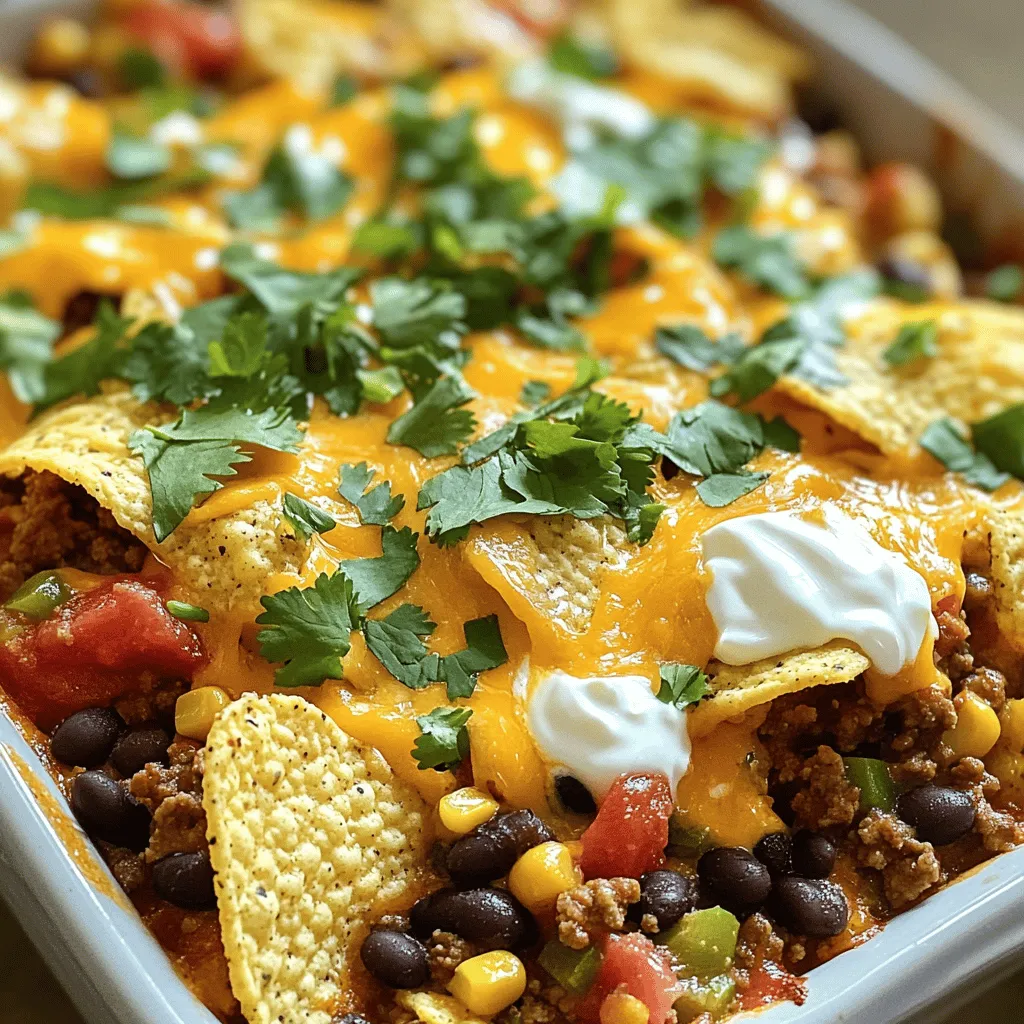 - Ground beef or turkey - Canned black beans and corn - Diced tomatoes with green chilies - Taco seasoning and salsa - Tortilla chips and shredded cheddar cheese For this Easy Taco Casserole, you need just a few main ingredients. First, choose either ground beef or turkey. Both options work well and taste great. Next, grab a can of black beans and a can of corn. These add fiber and protein. You will also need a can of diced tomatoes with green chilies. This adds a nice kick to your dish. Taco seasoning is a must for that classic taco flavor. Don’t forget the salsa; it adds moisture and extra taste. Lastly, tortilla chips are key for crunch. You will crush them slightly for layering. Shredded cheddar cheese brings everything together with its meltiness. These ingredients create a tasty and comforting meal. - Sour cream - Fresh cilantro - Guacamole To make your casserole even better, consider garnishing it. Sour cream adds creaminess and coolness. Fresh cilantro gives a pop of color and flavor. Guacamole can also enhance the dish with its richness. These garnishes make your Easy Taco Casserole look and taste even more amazing. You can find the full recipe for this easy dish at the end of this article. 1. Preheat your oven to 350°F (175°C). This makes sure your casserole bakes evenly. 2. In a large skillet, cook the ground meat. Use medium heat and break it apart as it cooks. It should take about 5-7 minutes to brown. Drain any extra fat. 3. Mix in the seasonings. Stir in taco seasoning, black beans, corn, diced tomatoes, and salsa. Cook for another 3-5 minutes until it's hot and tasty. 1. Layer the tortilla chips. Grease a 9x13 inch baking dish. Start with half of the crushed tortilla chips at the bottom. 2. Add the meat mixture. Spoon half of the cooked meat over the chips. Sprinkle half of the shredded cheddar cheese on top. 3. Repeat the layers. Place the rest of the tortilla chips, meat mixture, and cheese on top. This creates a nice, thick casserole. 1. Bake it in the oven. Put your dish in the preheated oven for 20-25 minutes. The cheese should be melted and bubbly. 2. Let it cool. After baking, allow the casserole to cool for a few minutes before serving. This helps it set. Feel free to drizzle sour cream and sprinkle fresh cilantro on top for a finishing touch. You can find the Full Recipe at the top. Enjoy your meal! - How to perfectly brown ground meat: Start with a hot skillet. Add your ground meat without crowding the pan. Use a spatula to break it apart. Let it sit for a moment before stirring. This helps it brown well. Cook until no pink remains. - Best practices for layering ingredients: Use a greased baking dish for easy serving. Start with half of the crushed tortilla chips at the bottom. Add half of the meat mixture next, followed by half of the cheese. Repeat this step. Proper layering keeps all flavors mixed and prevents sogginess. - Presentation tips for serving: Serve directly from the baking dish for a casual feel. Use a large spoon to scoop out portions. Add fresh cilantro on top for a pop of color. You can also serve with sour cream and guacamole on the side to enhance the dish. - Pairing ideas (sides and drinks): Pair your casserole with a fresh salad or chips and salsa. A light beer or a fruity soda works well as a drink. These options balance the flavors and make the meal feel complete. - Overcooking or undercooking the casserole: Keep an eye on the timer. Bake until the cheese is melted and bubbly. If you overcook, the dish can dry out. If you undercook, the flavors won’t meld properly. - Choosing the wrong cheese types: Use a good melting cheese like cheddar. Avoid cheeses that do not melt well, like feta. This choice makes a big difference in your casserole’s texture and taste. {{image_2}} You can easily make this dish your own. For a vegetarian option, swap the meat for beans or lentils. Black beans work great and add protein. Lentils give a nice texture and flavor. Both options keep the dish filling and tasty. If you're gluten-free, use alternative chips. Look for corn chips or rice-based options. They still give that crunchy texture you want. You won’t miss out on flavor with these swaps. Want more kick? Add jalapeños to the mix. You can chop them finely and stir them in with the meat. If you like it spicier, use fresh or pickled jalapeños. They add a fun pop of heat. Experiment with cheese varieties too. Try pepper jack for a spicy twist. Or go for a blend of cheeses for rich flavor. Mixing cheeses can really elevate this dish. You can switch up the taco seasoning if you want. Use homemade seasoning for a unique taste. Simply mix chili powder, cumin, garlic powder, and onion powder. This way, you control the flavor. Incorporate seasonal vegetables for freshness. Bell peppers, zucchini, or corn are great choices. Just chop them up and mix them in with the meat. This adds color and nutrition, making your casserole even better. For the full recipe, check out the Taco Fiesta Casserole. To keep your Easy Taco Casserole fresh, use an airtight container. This helps lock in moisture. Store it in the fridge. It stays good for about 3 to 4 days. You can also cover the dish with plastic wrap or foil. Just make sure it’s tight. When reheating, the oven works best. Preheat it to 350°F (175°C). Place the casserole in an oven-safe dish. Cover it with foil for the first 15 minutes. This keeps it from drying out. After that, bake for another 10 to 15 minutes. You can also use a microwave. Heat in short bursts, stirring in between. This helps keep the texture nice. To revive those tasty flavors, add a bit of salsa or sour cream on top. This brings back the deliciousness! If you want to freeze your casserole, first let it cool completely. Cut it into portions for easy thawing. Wrap each piece tightly in plastic wrap, then put it in a freezer bag. Mark the date on the bag. It can stay in the freezer for up to 3 months. When you’re ready to eat, move it to the fridge overnight to thaw. After thawing, reheat it as mentioned above. This way, your casserole tastes just as good as fresh! For the full recipe, check the earlier section. Easy Taco Casserole lasts about 3 to 5 days in the fridge. Store it in an airtight container. Check for signs of spoilage like off smells or mold. If it smells funny or looks bad, throw it out. Yes, you can prepare the casserole ahead of time. Just make it the night before. Layer the ingredients, then cover and refrigerate. Bake it the next day. It’s almost as easy as the full recipe itself. You can serve many sides with this dish. Here are some ideas: - Spanish rice - Guacamole - Fresh salad - Refried beans - Corn on the cob These sides add fun flavors and make the meal more complete. Absolutely! You can swap ground beef for turkey or chicken. Each meat brings a different taste. You can even use plant-based options like lentils or beans. This makes the dish versatile and fun! Easy Taco Casserole combines simple ingredients and straightforward steps. You can use ground beef, black beans, and diced tomatoes. Layer it up with tortilla chips and cheese for a crowd-pleasing dish. Don't forget the optional garnishes like sour cream or guacamole for extra flavor. Remember to avoid common mistakes like overcooking and choosing the wrong cheese. Feel free to customize based on your tastes. This dish also stores well, making it perfect for leftovers. Enjoy creating your perfect taco experience!