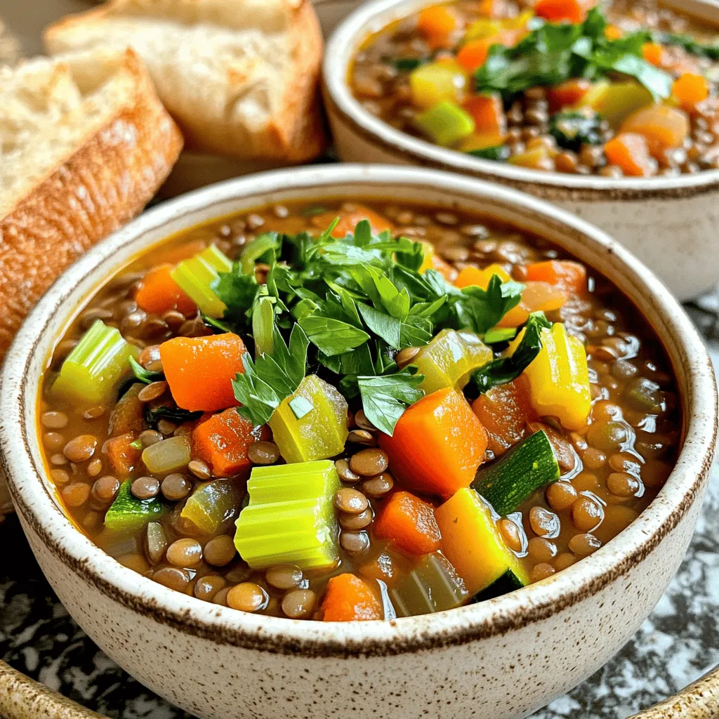 To make a great stew, you need fresh and hearty ingredients. Here’s what you’ll need: - 1 cup green or brown lentils, rinsed - 1 medium onion, diced - 2 cloves garlic, minced - 2 carrots, diced - 2 celery stalks, diced - 1 medium zucchini, diced - 1 bell pepper (red or yellow), diced - 1 can (14 oz) diced tomatoes (with juice) - 4 cups vegetable broth - 1 teaspoon ground cumin - 1 teaspoon smoked paprika - 1 bay leaf - Salt and pepper to taste - 2 tablespoons olive oil - 1 cup fresh spinach - Fresh parsley, chopped for garnish These ingredients create a rich flavor and a filling texture. The lentils are the stars, providing protein and fiber. The veggies add color and nutrients, making this dish warm and healthy. Feel free to make this stew your own! You can add or swap ingredients based on what you have. Here are some ideas: - Potatoes for extra heartiness - Kale or Swiss chard instead of spinach - Sweet potatoes for a touch of sweetness - Different spices like curry powder or chili flakes for heat - Fresh herbs like thyme or rosemary for a fragrant twist These options let you customize the stew to your taste. It’s fun to experiment and find your favorite combo! To cook this hearty stew, you’ll need a few basic tools: - A large pot or Dutch oven - A cutting board and sharp knife - A wooden spoon for stirring - Measuring cups and spoons for accuracy Having the right equipment makes cooking easier and more enjoyable. With these tools, you can create a delicious meal that warms the heart and soul. Check out the [Full Recipe] for more details on preparation and cooking! To start, gather all your ingredients. You will need: - 1 cup green or brown lentils, rinsed - 1 medium onion, diced - 2 cloves garlic, minced - 2 carrots, diced - 2 celery stalks, diced - 1 medium zucchini, diced - 1 bell pepper (red or yellow), diced - 1 can (14 oz) diced tomatoes (with juice) - 4 cups vegetable broth - 1 teaspoon ground cumin - 1 teaspoon smoked paprika - 1 bay leaf - Salt and pepper to taste - 2 tablespoons olive oil - 1 cup fresh spinach - Fresh parsley, chopped for garnish Wash and dice all the vegetables. This helps them cook evenly. Rinsing the lentils removes any dust or small stones. In a large pot, heat your olive oil over medium heat. Add the diced onion. Sauté for about 3-4 minutes until it turns translucent. Then add the minced garlic and cook for one more minute. Be careful not to burn the garlic, as it can taste bitter. Next, add the diced carrots and celery. Stir them for about 5 minutes until they start to soften. Now, toss in the diced zucchini and bell pepper along with the rinsed lentils. Mix everything well. Pour in the can of diced tomatoes with their juice. Add the vegetable broth to create a rich base. Sprinkle in the ground cumin, smoked paprika, bay leaf, and season with salt and pepper. Bring the mixture to a boil. Once it boils, lower the heat. Cover the pot and let it simmer for about 30-35 minutes. Check that the lentils are tender and the vegetables are cooked through. In the last few minutes, stir in the fresh spinach until it wilts. Be sure to taste and adjust the seasoning if needed. Don't forget to remove the bay leaf before serving. Ladle the stew into deep bowls. Garnish with fresh chopped parsley for a pop of color. This stew pairs well with crusty bread on the side. It makes for a warm and nourishing dish that you will love. For the complete recipe, check out the Full Recipe section. To make your stew even better, try a few simple tips: - Sauté your onions until golden. This adds depth. - Use fresh herbs like thyme or rosemary for an extra kick. - Add a squeeze of lemon juice just before serving. It brightens flavors. - For creaminess, stir in a splash of coconut milk or a spoonful of yogurt. These tips help create layers of flavor that make your stew special. Some common errors can ruin your stew: - Skipping the sauté step can lead to dull flavors. Always sauté first. - Adding too much salt at once can overpower the dish. Season gradually. - Not rinsing lentils might lead to grit in your stew. Always rinse well. - Forgetting to remove the bay leaf before serving can confuse diners. Avoiding these pitfalls helps you make the best stew. This stew is great for various diets: - Vegan: It’s naturally vegan since it uses no animal products. - Gluten-free: All ingredients are gluten-free, making it safe for celiac folks. - Nut-free: No nuts in this recipe, so it’s safe for nut allergies. Feel free to adjust ingredients based on dietary needs. You can also find the Full Recipe for more details. {{image_2}} You can add unique flavors by changing up the spices. For a Mexican flair, use chili powder and cumin. For an Italian touch, try adding Italian herbs like oregano and basil. You could even use curry powder for an Indian twist. Each region's spices can change the taste, making it new and exciting. Feel free to swap ingredients based on what you like or have on hand. If you want more protein, add cooked chicken or tofu. If you prefer a different legume, chickpeas or black beans work well. For a creamier stew, stir in coconut milk or a splash of cream. You can even switch out the vegetables for whatever you enjoy the most. Using seasonal veggies boosts both flavor and nutrition. In the spring, add asparagus or peas for a fresh taste. In the summer, try corn or fresh green beans. Fall brings great root veggies like sweet potatoes or butternut squash. In winter, hearty greens like kale or collards add warmth. Each season offers new options to keep your stew vibrant! For the full recipe, check out the Hearty Lentil and Vegetable Stew. After you enjoy your hearty lentil and vegetable stew, you can store the leftovers. Let the stew cool down to room temperature. Next, scoop it into airtight containers. This will keep the stew fresh. You can store it in the fridge for up to four days. If you want to keep it longer, consider freezing it. To reheat the stew, you have a few options. You can use the microwave or the stove. If using a microwave, place your portion in a bowl. Cover it with a microwave-safe lid or wrap. Heat in short bursts, stirring in between, until hot. If you prefer the stove, pour the stew into a pot. Heat it over medium heat, stirring often until warm. If you want to freeze your stew, it’s easy! Use freezer-safe containers or bags. Leave some space at the top since the stew can expand. Label the containers with the date. Your stew can last in the freezer for about three months. When you’re ready to eat it, thaw it in the fridge overnight. You can then reheat it as mentioned above. This way, you can enjoy a warm and nourishing dish anytime you want! For the full recipe, check out the main article. For this stew, I recommend using green or brown lentils. They hold their shape well during cooking. These lentils add a nice texture to the dish. Red lentils can work too, but they will become mushy. If you want a stew with more bite, stick to green or brown. Yes, you can use a slow cooker or an Instant Pot. For a slow cooker, add all the ingredients and cook on low for 6-8 hours. If you use an Instant Pot, follow the same steps as the pot method but cook on high pressure for about 15 minutes. Both methods will yield a delicious stew. To spice up your stew, add red pepper flakes or diced jalapeños. For more flavor, use herbs like thyme or rosemary. You can also try adding a splash of hot sauce or a little curry powder. These simple tweaks can elevate your dish and make it even tastier. For the full recipe, check the earlier section. Enjoy your cooking! This blog post shared all you need to make a hearty lentil and vegetable stew. We covered ingredients, cooking steps, and tips for extra flavor. Avoid common mistakes to make your dish great. Don’t forget about the different regional twists and seasonal vegetable options. Proper storage and reheating methods keep your leftovers fresh and tasty. Enjoy your stew and make it your own by trying different variations. Cooking can be fun and simple. Get ready to enjoy a warm, healthy meal!