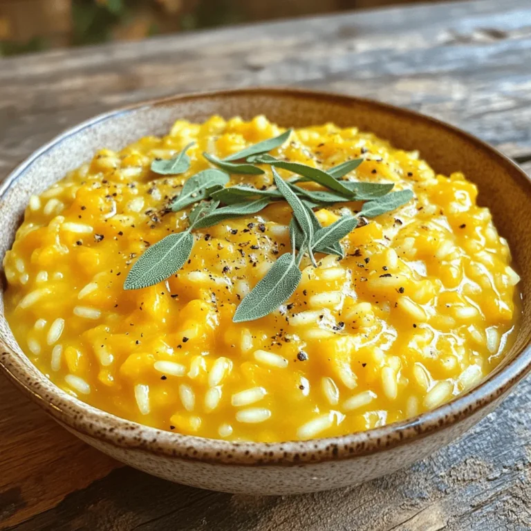 To make a delicious pumpkin risotto with sage, you need the right ingredients. Here’s what you will gather: - 1 cup Arborio rice - 2 cups pumpkin puree (canned or homemade) - 4 cups vegetable broth - 1 medium onion, finely chopped - 2 tablespoons olive oil - 1 tablespoon fresh sage, chopped (plus extra for garnish) - 1/2 cup grated Parmesan cheese (optional) - Salt and pepper to taste - 1 tablespoon unsalted butter Each ingredient plays a key role. Arborio rice is perfect because it is starchy, making the risotto creamy. The pumpkin puree adds a sweet flavor and bright color. Using vegetable broth gives depth to the dish. Onion adds sweetness when sautéed in olive oil. Fresh sage gives a lovely aroma, enhancing the taste. Parmesan cheese, if added, creates a richer flavor. Salt and pepper balance everything, while butter adds extra creaminess. This list sets the stage for a hearty meal. You will enjoy the process of making this dish as much as eating it. If you want the full details, check out the Full Recipe for step-by-step guidance. 1. Heat vegetable broth: Start by warming the vegetable broth in a saucepan over low heat. This keeps it warm for the risotto. 2. Sauté onions: In a heavy pot, heat the olive oil over medium heat. Add the finely chopped onion. Cook it for about 5 minutes until it turns soft and clear. 3. Toast Arborio rice: Next, stir in the Arborio rice. Toast it for 1-2 minutes. This helps the rice absorb more flavor. 1. Add vegetable broth gradually: Pour in one ladle of warm broth. Stir continuously until the rice absorbs the broth. This step adds creaminess. 2. Incorporate pumpkin puree: After the first ladle is absorbed, mix in the pumpkin puree. Add another ladle of broth and keep stirring. The risotto should start to look creamy. 3. Stir until creamy and al dente: Continue adding broth and stirring for about 18-20 minutes. The rice should be soft yet firm in the middle. You might not need all the broth. 1. Add sage and butter: Once the risotto reaches your desired texture, take it off the heat. Stir in the chopped sage and unsalted butter. This adds richness and flavor. 2. Season to taste: Use salt and pepper to enhance the taste. Remember, taste as you go to get the flavor just right. 3. Let risotto sit before serving: Allow the risotto to sit for one minute. This helps it thicken slightly and makes it even more delightful. For a full recipe, check out the detailed instructions above. Enjoy your cooking! - Use fresh sage for a better flavor. Fresh herbs add depth to your dish. - Keep broth warm for smoother cooking. Warm broth helps the rice cook evenly. - Stirring technique for creaminess. Stirring often releases starch, creating a creamy texture. - Serve in shallow bowls. This allows the risotto to cool slightly and be more inviting. - Garnish with chopped sage. A sprinkle of fresh sage enhances the dish's look and taste. - Use a sprinkle of black pepper. It adds a nice contrast and extra flavor. - Overcooking the rice. This can make your risotto mushy instead of creamy. - Not adding enough broth. Rice needs liquid to cook properly and absorb flavor. - Skipping the resting time. Letting risotto sit for a minute makes it thicker and richer. For the full recipe, check out the details above. {{image_2}} You can make this dish fully vegetarian by using vegetable broth instead of chicken broth. This simple swap keeps the flavor rich while staying plant-based. You can also add more veggies like fresh spinach. Just stir it in near the end. The spinach wilts quickly and adds a nice color. For added depth, try adding minced garlic. It brings a warm, savory note to the risotto. You can also play with different types of cheese. Goat cheese offers a tangy twist, while feta gives a fresh taste. Each cheese adds a unique flavor profile to the dish. During fall, roasted squash can be a great addition. It enhances the pumpkin flavor and adds sweetness. You might also consider adding nuts like walnuts or pine nuts. They bring crunch and a nice contrast to the creamy risotto. These add-ins make the dish feel even more special. Explore these variations to make this pumpkin risotto your own. Check the Full Recipe for all the details you need! To keep your pumpkin risotto fresh, store leftovers in an airtight container. The risotto will stay good in the fridge for about three days. Before storing, let it cool to room temperature. This helps prevent moisture buildup. When you store risotto, avoid adding too much liquid. If it seems too wet, it can get mushy. Make sure to label your container with the date. This way, you know when to eat it. The best way to reheat risotto is on the stove. Add a splash of broth or water to help it warm up. Stir it over low heat for even heating. You can also use a microwave, but be cautious. Heat it in short bursts and stir in between. After reheating, check the texture. If it's too thick, add a little more liquid. This keeps it creamy and smooth. Yes, you can freeze risotto! However, it may lose some creaminess. To freeze, cool the risotto completely. Then, place it in a freezer-safe container. Make sure to leave some space for expansion. When you want to eat it, thaw it in the fridge overnight. Reheat it as mentioned above. You can also add a little broth to restore its creamy texture. For the best taste, try to eat it within a month. For the full recipe of pumpkin risotto, check out the delicious details above! Pumpkin risotto can last in the fridge for about 3 to 5 days. Store it in an airtight container to keep it fresh. The creamy texture may change over time, but it will still be safe to eat. Yes, you can make pumpkin risotto ahead of time. Cook it fully, then cool it quickly. Once cool, store it in the fridge. When ready to eat, reheat it on the stove with a splash of broth to restore creaminess. Pumpkin risotto pairs well with several dishes. Here are a few ideas: - Grilled chicken or turkey - Roasted vegetables - A simple green salad - Sautéed greens like spinach or kale These sides add texture and balance to the creamy risotto. You can use brown rice, but the risotto will not be the same. Arborio rice is starchy and creates a creamy texture. Brown rice takes longer to cook and will be chewier. If you prefer brown rice, be ready for a different result. For the best outcome, follow the [Full Recipe] using Arborio rice. In this post, we explored how to make a creamy pumpkin risotto. We covered the key ingredients, including Arborio rice and fresh sage. I shared step-by-step instructions to help you achieve the best texture. Tips on flavor and presentation made it even better. Remember to avoid common mistakes and consider fun variations. Store and reheat leftovers wisely for future meals. With these insights, you can enjoy delicious risotto any time. Happy cooking!