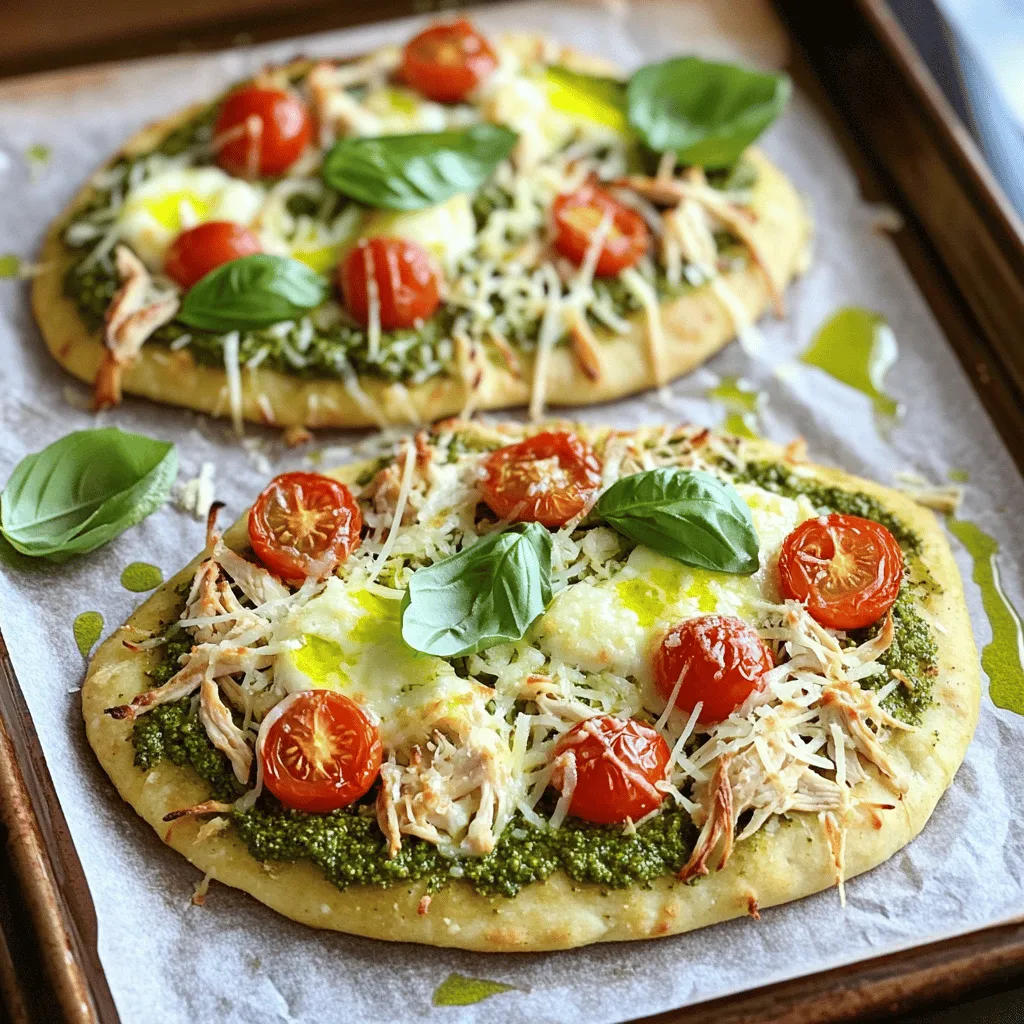 - 2 flatbreads (store-bought or homemade) - 1 cup cooked chicken, shredded - 1/2 cup basil pesto (store-bought or homemade) - 1 cup cherry tomatoes, halved - 1 cup mozzarella cheese, shredded - 1/4 cup parmesan cheese, grated - Fresh basil leaves for garnish - Olive oil for drizzling - Salt and pepper to taste You can switch flatbreads for naan or pita if you like. For proteins, you can use turkey or even grilled shrimp. If you want a vegan version, try using jackfruit or tempeh. For cheese, use vegan options like cashew cheese. The best pesto is fresh and bright. Look for basil pesto with good olive oil. For chicken, use rotisserie for ease or grill your own for more flavor. Fresh basil adds a nice touch. Always choose bright green leaves for the best taste. 1. Prepping the oven and baking sheet Start by preheating your oven to 400°F (200°C). This ensures your flatbread cooks evenly. Line a baking sheet with parchment paper. This makes cleanup easy. 2. How to spread the pesto Take half a cup of basil pesto. Use a spoon or spatula to spread it evenly over each flatbread. Make sure to cover the surface, but leave a small edge for crust. 3. Layering toppings effectively Now, grab your cooked and shredded chicken. Distribute it evenly over the pesto. Next, place the halved cherry tomatoes on top. They add color and flavor. Finally, sprinkle the mozzarella and parmesan cheese over everything. This will melt beautifully during baking. 1. Optimal baking temperature Your oven is already set to 400°F (200°C). This is the perfect temperature for crisping the flatbread while melting the cheese. 2. Cooking time for perfect results Bake the flatbreads for 12 to 15 minutes. Keep an eye on them. You want the cheese to melt and bubble. 3. How to tell when it's done Look for golden, bubbly cheese. If the edges of the flatbread are crisp, it’s ready to come out. Let it cool for a few minutes before serving. 1. Slicing and plating tips Use a sharp knife or pizza cutter to slice the flatbreads. Cut them into triangles or squares. Arrange them on a plate. 2. Recommended side dishes Serve your flatbreads with a simple green salad or a bowl of soup. These sides balance the meal and add freshness. For a tasty touch, drizzle some olive oil on top before serving. - Best practices for shredding chicken: Use two forks to pull apart warm chicken. This method makes it easy to shred and gives a nice texture for the flatbread. You can also use a hand mixer on low speed to shred cooked chicken quickly. - Pesto application techniques: Spread the pesto evenly from the center to the edges. This way, each bite gets a burst of flavor. Use the back of a spoon or a spatula for a smooth layer. - Ensuring even cheese melting: To help the cheese melt evenly, use both mozzarella and parmesan. Sprinkle them in layers, starting with mozzarella, then add parmesan on top. This mix gives a great texture and flavor. - Creative garnishing ideas: Fresh basil leaves make a lovely garnish. You can also add a drizzle of balsamic glaze for a pop of color. For extra flair, sprinkle some red pepper flakes for a bit of heat. - Serving suggestions for gatherings: Cut the flatbread into small squares for easy sharing. Pair it with a light salad or a veggie platter to balance the meal. - Overloading toppings: Less is more when it comes to toppings. Too many can make the flatbread soggy. Stick to the recipe for the best results. - Incorrect oven temperature settings: Always preheat the oven to 400°F (200°C). Baking at the right temp ensures the cheese melts well and the flatbread gets crispy. If it's too low, the flatbread won't cook evenly. {{image_2}} You can change the flavor of your pesto for a fun twist. Try sun-dried tomato pesto for a rich taste. You can also use a spicy pesto if you like some heat. If you want a milder flavor, go for a spinach pesto. Changing the cheese can also add a new touch. Swap mozzarella for goat cheese for a tangy flavor. Or, you can mix in some feta cheese for a salty bite. Adding more veggies can elevate your flatbread. Bell peppers, spinach, or red onions work well. You can even add artichokes for a gourmet touch. If you want to switch up the protein, try shrimp or tofu. Shrimp adds a nice seafood flavor, while tofu is a great plant-based option. For gluten-free options, look for gluten-free flatbreads. Many stores offer these, so you can enjoy this meal without worry. If you're watching carbs, you can use cauliflower crust instead of flatbread. This keeps the dish low-carb while still being delicious. Each variation allows you to create a meal that fits your needs and tastes. To keep your Easy Pesto Chicken Flatbread fresh, store leftovers in an airtight container. Place a piece of parchment paper between layers if stacking. This helps prevent sogginess. Refrigerate the flatbread for up to three days. You can also freeze leftovers. Wrap each flatbread in plastic wrap and then in foil. This keeps it safe for up to three months. For the best taste, reheat your flatbread in the oven. Preheat the oven to 350°F (175°C). Place the flatbread directly on the rack for a crispy base. Heat for about 10 minutes, checking for cheese melt. You can also use an air fryer for a quick option. This will keep the flatbread crispy without drying it out. In the fridge, your flatbread lasts about three days. After that, it may start to lose flavor or texture. Watch for any signs of spoilage, like a sour smell or visible mold. If you see these signs, it’s best to throw it away. For frozen flatbread, use it within three months for the best quality. Making Easy Pesto Chicken Flatbread takes about 25 minutes from start to finish. You need 10 minutes for prep. Cooking takes about 12 to 15 minutes in the oven. This quick dish is perfect for a busy weeknight. Yes, making your own pesto is easy and fun! Here’s a simple recipe: - 2 cups fresh basil leaves - 1/2 cup olive oil - 1/4 cup pine nuts - 1/4 cup grated parmesan cheese - 2 garlic cloves - Salt and pepper to taste Blend all the ingredients in a food processor until smooth. Adjust the oil for your desired consistency. This recipe works great for meal prep! You can make the flatbreads ahead of time. Just store them in an airtight container in the fridge. Reheat them in the oven for a quick meal. You can also prepare the toppings in advance. Just assemble and bake when you're ready to eat. You can get creative with toppings! Here are some ideas: - Spinach and artichoke for a veggie twist - Grilled veggies like zucchini or bell peppers - Sliced olives for a briny flavor - Cooked bacon or prosciutto for added savor - Different cheeses like feta or goat cheese Mix and match to find your favorite combo! For the full recipe, check out Easy Pesto Chicken Flatbread. In this article, I covered how to make easy pesto chicken flatbread. You learned about the key ingredients and their substitutions. I shared step-by-step instructions and helpful tips for perfecting your dish. Finally, I provided storage info and answered common questions. Now, you can create delicious flatbreads that suit your taste and diet. Use the tips provided to experiment and enjoy! Happy cooking!