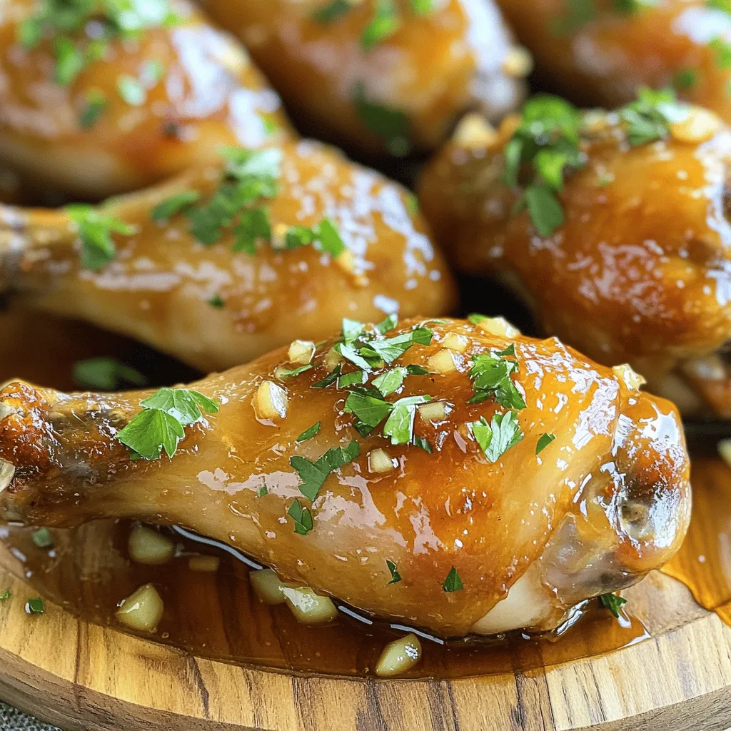 - Chicken drumsticks: Use 10 drumsticks. Look for fresh ones with a nice pink color. Make sure the skin is smooth and free of blemishes. - Marinade components: - 1/2 cup honey for sweetness. - 1/4 cup low-sodium soy sauce for a savory touch. - 4 cloves garlic, minced for flavor. - 1 tablespoon fresh ginger, grated for a warm kick. - 1 tablespoon apple cider vinegar for brightness. - 1 teaspoon black pepper to add depth. - 1 teaspoon onion powder for extra flavor. - 1/2 teaspoon salt to enhance all the tastes. - Optional ingredients: - 1/2 teaspoon red pepper flakes for heat. - Fresh parsley, chopped for garnish. The combination of these ingredients creates a sweet and savory glaze that sticks to the chicken. You can adjust the heat by adding more or less red pepper flakes. This recipe is all about balance, so feel free to play around with the amounts. If you want a fresh herb flavor, add the parsley before serving. Check the [Full Recipe] for more details on cooking times and tips. First, preheat your oven to 400°F (200°C). This step is key for crispy skin. Next, line a baking sheet with aluminum foil. This helps with easy cleanup. Place a wire rack on top of the baking sheet. This allows air to circulate around the chicken. In a medium bowl, whisk the marinade ingredients together. You’ll need honey, soy sauce, minced garlic, grated ginger, apple cider vinegar, black pepper, onion powder, salt, and red pepper flakes. Make sure to mix them well. Now, it’s time to coat the chicken. Place the drumsticks in a large mixing bowl or a zip-lock bag. Pour the honey garlic marinade over the chicken. Make sure each piece is covered. This adds great flavor. For the best taste, marinate the drumsticks for at least 30 minutes. If you have time, marinating for up to 4 hours in the fridge will deepen the flavor. After marinating, take the chicken out and shake off any extra marinade. Arrange the drumsticks on the wire rack. Make sure they are not touching each other. This helps them cook evenly. Place the baking sheet in your preheated oven. Bake the drumsticks for 35 to 40 minutes. Turn them halfway through to ensure even cooking. The chicken should be golden brown when done. Check the internal temperature; it should reach 165°F (74°C). For an extra glaze, brush a bit more marinade on the drumsticks in the last 5 minutes. Once done, let them rest for 5 minutes before serving. You can garnish with fresh parsley for a nice touch. Enjoy your baked honey garlic chicken drumsticks! For more details, check the Full Recipe. To ensure even baking for crispy skin, place your drumsticks on a wire rack. This allows hot air to flow all around them. The rack keeps the chicken elevated, so it doesn’t sit in fat. Turn the drumsticks halfway through baking. This helps them cook evenly and get golden brown. Use a meat thermometer for perfect doneness. Insert it into the thickest part of the drumstick. Make sure it reads 165°F (74°C) to know your chicken is safe to eat. Letting the chicken rest for a few minutes after baking locks in the juices. To add more flavor, try different marinades. You can mix in citrus juice or zest for a fresh kick. A splash of Worcestershire sauce can add depth. You might also consider herbs like thyme or rosemary for a fragrant touch. If you want to adjust spice levels, you can add or remove red pepper flakes. For a milder taste, skip the flakes. For more heat, add more. You can also use hot sauce in the marinade for extra spice. {{image_2}} You might not have soy sauce or honey at home. No problem! For soy sauce, try tamari or coconut aminos. These offer a similar taste without gluten. If you need a honey substitute, maple syrup works well. It adds sweetness with a unique flavor. Want to make your dish even tastier? Add citrus juice, like lime or lemon. This brightens the sauce and adds freshness. Fresh herbs are great too. Try thyme or rosemary for a fun twist. They enhance the taste and aroma of the chicken. You can grill or bake these chicken drumsticks. Baking gives you a crispy skin, while grilling adds a nice smoky flavor. Each method has its pros. Baking is easy and hands-off. Grilling requires more attention but is great for summer cookouts. If you want a different style, use a slow cooker. This method makes the chicken tender and juicy. Just coat the drumsticks in the marinade and place them in the slow cooker. Cook on low for about 6 hours or high for 3 hours. You'll still enjoy that tasty honey garlic flavor. For the full recipe, check the earlier section. After you enjoy your baked honey garlic chicken drumsticks, store the leftovers right. First, let them cool down to room temperature. This keeps them safe from bacteria. Then, place the drumsticks in an airtight container. If you want to keep them fresh longer, put them in the fridge. They can last about three to four days. If you have a lot of leftovers, consider freezing them. Wrap each drumstick in plastic wrap, then place them in a freezer-safe bag. They can stay in the freezer for up to three months. This way, you can enjoy them later! When it's time to reheat your chicken drumsticks, do it the right way. The best method is to use the oven. Preheat it to 350°F (175°C). Place the drumsticks on a baking sheet and cover them with foil. This keeps them moist. Heat them for about 15 to 20 minutes, or until they are warm inside. You can also use the microwave for a quick fix. Just place them on a microwave-safe plate and cover them with a damp paper towel. Heat in short bursts of 30 seconds until hot. Be careful not to overcook them, or they will dry out. For more flavor, brush on a little extra honey garlic sauce before reheating. Enjoy your tasty leftovers! How long to bake chicken drumsticks? You should bake chicken drumsticks for about 35 to 40 minutes. Turn them halfway through to ensure even cooking. The chicken should be golden brown and crispy when done. Can I marinate overnight? Yes, you can marinate overnight. This will make the chicken more flavorful and tender. Just remember to keep it in the fridge to stay safe. What temperature should chicken drumsticks be cooked to? Chicken drumsticks need to reach an internal temperature of 165°F (74°C). Use a meat thermometer to check this. It helps ensure your chicken is safe to eat. Can I make this recipe with other cuts of chicken? Yes, you can use other cuts like thighs or breasts. Adjust the cooking time based on the thickness. Thicker cuts may need more time to cook through. How can I make this dish gluten-free? To make this dish gluten-free, use gluten-free soy sauce. There are many brands available that taste great. Always check the label to ensure it is safe for your needs. For the full recipe, check out the Baked Honey Garlic Chicken Drumsticks section above! You now have everything you need to make tasty chicken drumsticks. We covered key ingredients, marinating tips, and baking steps. The right tips ensure crispy skin and great flavor. Don't forget the variations and storage advice to keep your meal fresh. Try different marinades and cooking methods to find your favorite. Enjoy experimenting with this easy recipe! Each bite offers a chance to make it your own. Happy cooking!