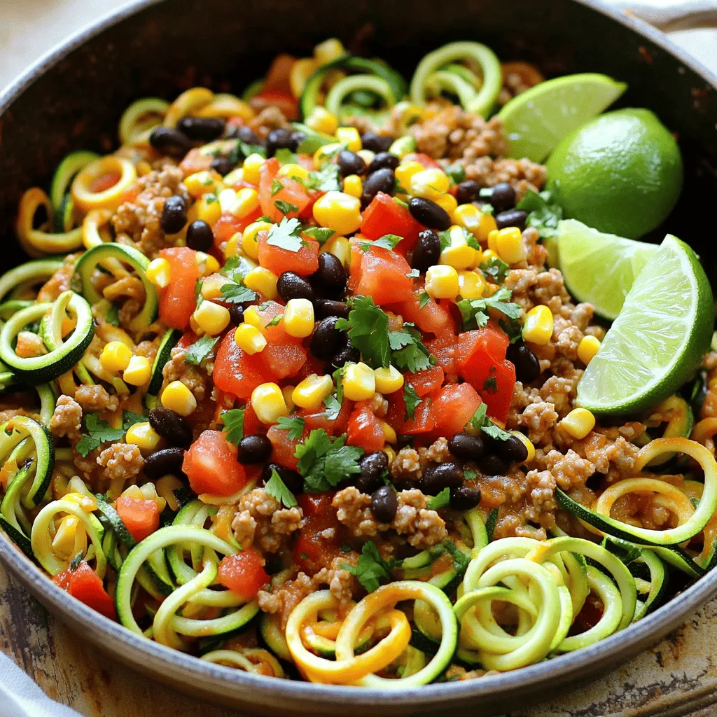 Creating a Taco Zoodle Skillet starts with fresh, vibrant ingredients. Each item adds flavor and nutrients. Here’s what you’ll need: - Zucchini and Vegetables - 3 medium zucchinis, spiralized (zoodles) - 1 small red onion, diced - 1 bell pepper, diced (any color) - 2 cloves garlic, minced - Protein Options - 1 lb ground turkey or beef - 1 can (15 oz) black beans, rinsed and drained - Seasonings and Garnishes - 2 tbsp taco seasoning (store-bought or homemade) - 1 cup corn kernels (fresh or frozen) - 1 cup diced tomatoes (fresh or canned) - Olive oil for cooking - Salt and pepper to taste - Fresh cilantro, chopped (for garnish) - Lime wedges (for serving) Using these ingredients, you can create a meal that is not just quick but also full of color and taste. The zoodles make it light and fresh. The protein adds heartiness, while the spices bring everything to life. For the full experience, check out the Full Recipe. 1. Skillet Heating and Olive Oil Addition Start by heating a large skillet over medium heat. Pour in a drizzle of olive oil. This helps cook the veggies and meat without sticking. 2. Sautéing Onions and Bell Peppers Next, add diced red onion and bell pepper to the skillet. Sauté for about 3-4 minutes. You want the veggies to soften and release their flavors. 3. Cooking Ground Turkey or Beef Now, stir in minced garlic and let it cook for a minute. Then, add the ground turkey or beef. Cook until it is browned, about 5-7 minutes. Break it apart using a spatula. Drain any excess fat if needed. 1. Mixing in Taco Seasoning and Vegetables Sprinkle taco seasoning over the cooked meat. Stir in diced tomatoes, black beans, and corn. Mix everything well and let it simmer for about 5 minutes. 2. Folding in Zucchini Noodles Gently fold in the spiralized zucchini. Cook for another 2-3 minutes. You want the zoodles to be tender but still crisp. Season with salt and pepper to taste. 1. Seasoning and Garnishing Remove the skillet from heat. Serve hot, garnished with fresh cilantro. Add lime wedges on the side for a fresh burst of flavor. Enjoy this easy and flavorful meal, perfect for busy weeknights! You can find the Full Recipe to make it at home. - Avoiding Soggy Zoodles To keep zoodles firm, do not overcook them. Cook them for only 2-3 minutes. Stir gently to avoid breaking them. Let them sit for a short time before adding to the dish. This helps remove excess moisture. - Cooking Time Recommendations Start cooking zoodles when the other ingredients are almost ready. This way, they stay crisp. If you cook them too long, they will turn mushy and lose flavor. - Adding Heat with Jalapeños For a spicy kick, add diced jalapeños. You can add them with the onions at the start. Adjust the amount based on your spice level. This adds great depth to the dish. - Cheese Options for Topping Top your Taco Zoodle Skillet with cheese for extra flavor. Cheddar, pepper jack, or even feta work well. Sprinkle cheese on top right before serving. This melts beautifully and adds creaminess. Using these tips, you can boost the taste and texture of your dish. For the full recipe, check out the details above. {{image_2}} You can switch up the protein in your Taco Zoodle Skillet. Ground turkey or beef works well. You can try chicken for a lighter option. Tofu is a great meat alternative for a vegetarian dish. For those who prefer plant-based options, use lentils or chickpeas. These swaps keep your meal exciting and full of flavor. Feel free to add more veggies to your skillet. Spinach adds a nice touch and boosts nutrition. You can toss in mushrooms for a savory depth. Carrots or zucchini can also enhance the dish's texture. The more colorful your skillet, the better it looks and tastes! If you need gluten-free options, simply check your taco seasoning. Many brands offer gluten-free blends. For low-carb choices, you can use cauliflower rice instead of zoodles. This keeps the dish light and satisfying. You can also skip the corn or beans to reduce carbs further. These variations let you customize your Taco Zoodle Skillet to fit your needs and tastes. The Full Recipe gives you a solid base, but the fun lies in making it your own! To keep your Taco Zoodle Skillet fresh, store it in an airtight container. You can refrigerate it for up to 3 days. The flavors will blend nicely as it sits in the fridge. If you want to save it longer, freeze it. Use a freezer-safe container and it will last up to 3 months. Just remember, the zoodles may lose some crunch once thawed. When it’s time to eat again, you need to reheat your zoodle skillet carefully. The best way is to use a skillet over medium heat. Add a splash of water or broth to help steam the zoodles. This keeps them from turning mushy. Stir gently until everything is heated through. If you use a microwave, heat it in short bursts. Stop to stir every minute. This way, you maintain the best texture possible. For the full recipe, check out the details above. It takes about 30 minutes to make the Taco Zoodle Skillet. You spend 15 minutes prepping the ingredients. The cooking time is also around 15 minutes. This makes it a quick weeknight meal. Yes, you can use store-bought zoodles. They save time and effort. Just check the package for freshness. Store-bought zoodles cook quickly, so watch them closely. You can make your own taco seasoning. Combine chili powder, cumin, garlic powder, and paprika. Adjust the spice level to your taste. You can also use other spice blends if you like. Yes, Taco Zoodle Skillet is great for meal prep. It stores well in the fridge for a few days. You can reheat it easily for lunch or dinner. Just keep the zoodles separate if you want them fresh. Absolutely! You can swap the meat for black beans or lentils. This keeps the meal hearty and tasty. You can also add more vegetables for extra flavor and nutrition. Check the full recipe for ideas. This blog post covers all you need for a tasty taco zoodle skillet. We explored the ingredients, from fresh veggies to protein options. I shared step-by-step instructions to make cooking easy. You learned tips for perfect zoodles and flavor boosts. We've also looked at delicious variations to fit your needs. Finally, I gave storage and reheating advice to keep meals fresh. Enjoy trying out this healthy and scrumptious dish!