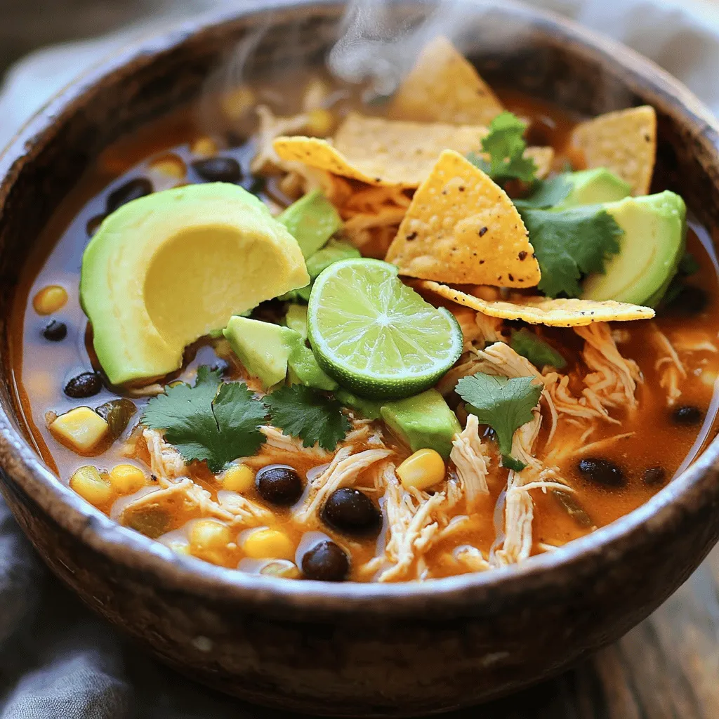 When you make chicken tortilla soup, you need fresh and simple ingredients. Here's what you'll need for this quick and tasty dish: - 2 tablespoons olive oil - 1 medium onion, chopped - 2 cloves garlic, minced - 1 bell pepper, chopped (any color) - 4 cups chicken broth - 1 can (14.5 oz) diced tomatoes, undrained - 1 can (15 oz) black beans, drained and rinsed - 1 teaspoon ground cumin - 1 teaspoon chili powder - ½ teaspoon smoked paprika - 2 cups cooked chicken, shredded - 1 cup corn (frozen or canned) - Salt and pepper to taste - Tortilla chips, for serving - Avocado slices, fresh cilantro, lime wedges, and shredded cheese for garnish Each ingredient adds its own flavor. Olive oil gives richness, while onion and garlic add depth. The bell pepper brings sweetness. Chicken broth creates a warm base. Diced tomatoes add tang, and black beans lend creaminess. Cumin and chili powder spice things up. Smoked paprika gives a nice smoky taste, while corn adds sweetness. The shredded chicken makes it hearty. Finally, the garnishes make every bowl special. For a detailed step-by-step guide to making this soup, check out the Full Recipe. 1. In a large pot, heat 2 tablespoons of olive oil over medium heat. 2. Add 1 chopped onion and sauté for about 3 minutes until it turns soft and clear. 3. Stir in 2 minced garlic cloves and 1 chopped bell pepper. Cook for another 2-3 minutes until the bell pepper is tender. 1. Pour in 4 cups of chicken broth and 1 can of diced tomatoes. Mix well to combine. 2. Add 1 can of drained black beans, 1 teaspoon of ground cumin, 1 teaspoon of chili powder, ½ teaspoon of smoked paprika, 1 cup of corn, and 2 cups of shredded chicken. Stir everything together and bring the soup to a gentle boil. 1. Lower the heat and let the soup simmer for 15-20 minutes. This lets all the flavors blend well. 2. Taste the soup and add salt and pepper as needed to enhance the flavor. 3. Serve hot in bowls, topped with crushed tortilla chips, avocado slices, fresh cilantro, lime wedges, and shredded cheese if you like. This simple process makes a warm, delicious meal. For the full recipe, check out the detailed steps above. For great flavor, I use the right seasonings and spices. Ground cumin adds warmth. Chili powder gives a nice kick. Smoked paprika gives a hint of smoke. If you want more heat, add cayenne pepper or jalapeños. Taste as you go. Adjust the spices to fit your taste. Think about how to serve your soup. Top it with crushed tortilla chips for crunch. You can add fresh avocado slices for creaminess. Fresh cilantro adds a bright touch. Lime wedges give a zesty flavor. Shredded cheese brings richness. Pair the soup with a simple salad or some cornbread for a full meal. Fresh herbs can boost the taste. I love adding cilantro or parsley right before serving. Always choose quality chicken. Opt for free-range or organic chicken if you can. This makes your soup tastier and healthier. Fresh ingredients make a big difference in flavor and nutrition. Enjoy the freshness in every bite! {{image_2}} To make a vegetarian version of chicken tortilla soup, start by substituting chicken with hearty plant-based options. You can use soy protein or chickpeas as a great swap. Adding more legumes enhances the dish. Black beans work well, but you can also add kidney beans or lentils. They give texture and protein, making the soup filling. You can easily adjust the spice level of your soup. For mild soup, use less chili powder and cumin. You can also skip the smoked paprika. If you like heat, add more chili powder or even diced jalapeños. Try different spices, too! Consider adding cayenne pepper for extra kick or even some taco seasoning for a unique twist. Using different types of broth can change the flavor. Try vegetable broth for a lighter taste or even coconut broth for a creamy touch. You can also get creative with vegetables. Add zucchini, carrots, or spinach for extra nutrition. These swaps not only change the taste but also boost the soup's health benefits. For more ideas, check out the Full Recipe. To keep chicken tortilla soup fresh, store it in the fridge. Use airtight containers for best results. Let the soup cool down before sealing. This helps prevent moisture build-up. It’s best to eat the leftovers within three to four days. You can freeze chicken tortilla soup for later. To freeze, use freezer-safe containers or bags. Leave some space at the top for expansion. For best taste, eat it within three months. To thaw, move the soup to the fridge overnight. Reheat it on the stove over low heat. Stir often to warm it evenly. Chicken tortilla soup lasts about four days in the fridge. In the freezer, it can last up to three months. Always check for signs of spoilage. If the soup has an off smell or changes color, it’s time to toss it. Enjoy your soup fresh or save it for later! For the full recipe, check the main article. You can make chicken tortilla soup in a slow cooker with ease. Start by heating the olive oil in a pan. Sauté the onion, garlic, and bell pepper until soft. Then, transfer them to your slow cooker. Add chicken broth, diced tomatoes, black beans, and spices. Add shredded chicken and corn next. Set your slow cooker on low for about 6-8 hours or high for 3-4 hours. Enjoy the rich flavors! Yes, you can use dried beans. Soak them overnight to soften. Cook them until tender before adding to the soup. This step may take longer, but the flavor is worth it. Use about 1 cup of dried beans to replace 1 can. Remember to adjust the cooking time accordingly. Toppings make your soup shine. Here are some favorites: - Crushed tortilla chips - Sliced avocado - Fresh cilantro - Lime wedges - Shredded cheese Feel free to mix and match these toppings for extra flavor and crunch. Yes, you can easily make this soup dairy-free. Just skip the cheese or use a dairy-free alternative. You can also add more avocado for creaminess. This way, you can enjoy the soup without any dairy. To thicken your soup, try these methods: - Add more corn or beans. - Blend a portion of the soup and mix it back in. - Use a cornstarch slurry. Mix 1 tablespoon of cornstarch with 2 tablespoons of water. Stir it in and let it cook for a few minutes. These methods will help create a heartier texture. In this blog post, we explored how to make a delicious chicken tortilla soup. We detailed the ingredients, from olive oil to tortilla chips. Step-by-step instructions guided you through preparing the base, combining flavors, and final cooking steps. I shared tips on perfecting the taste and suggested fun serving ideas. Lastly, we discussed variations, storage, and answered common questions. This soup is versatile and easy to make. Enjoy experimenting with flavors and ingredients to suit your taste!