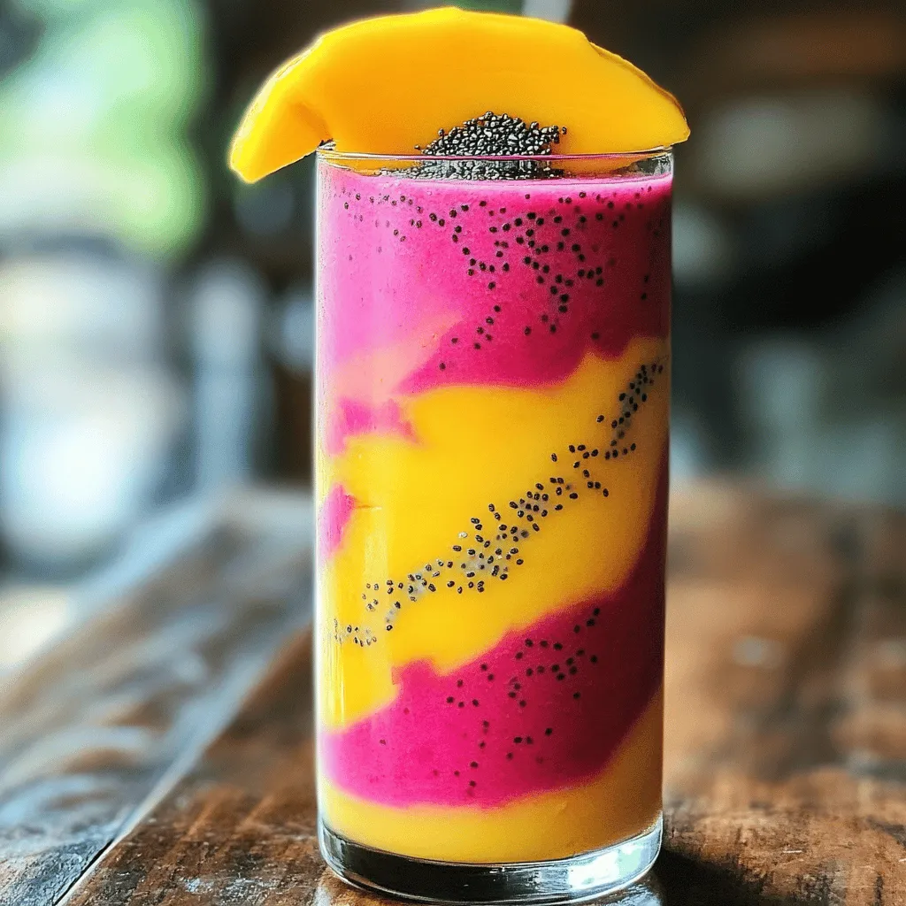 To make a tasty Mango Dragonfruit Smoothie, you need a few key ingredients: - 1 ripe mango, peeled and diced - 1 cup frozen dragonfruit (pitaya) cubes - 1 banana, sliced - 1 cup coconut milk (or almond milk) You can also add some optional ingredients to boost flavor and nutrition: - 1 tablespoon honey or agave syrup (optional) - 1 tablespoon chia seeds - A handful of fresh spinach (optional for a green boost) - Ice cubes (as needed) Each ingredient plays a role. The mango brings a sweet and juicy taste. Frozen dragonfruit adds a unique color and texture. The banana makes it creamy, while coconut milk keeps it light and tropical. The optional ingredients can sweeten the smoothie or add extra nutrients. Using ripe mango is key for sweetness. The frozen dragonfruit cubes should be vibrant pink for a fun look. If you like, you can sweeten with honey or agave syrup. Adding spinach is a simple way to sneak in greens without changing the flavor much. These ingredients together create a refreshing drink that is perfect for any time of day. You can find the full recipe to guide you through the steps to make this delicious smoothie. Enjoy! Start by getting your fruit ready. Peel the ripe mango and cut it into small cubes. Next, slice the banana into coins. If you're using fresh dragonfruit, cut it into cubes and freeze them ahead of time. This will help keep your smoothie icy and cold. Now it's time to blend. In a blender, mix the diced mango, frozen dragonfruit cubes, and sliced banana. Pour in the coconut milk. If you want some sweetness, add honey or agave syrup here. Toss in the chia seeds and spinach if you like. Blend everything on high speed until it becomes smooth. If you want your smoothie thicker, add ice cubes bit by bit. This gives your drink a refreshing feel. Give your smoothie a taste. If you want it sweeter, add a bit more honey or agave syrup. Blend briefly to mix it in. Now, pour your smoothie into tall glasses. For a nice look, garnish each glass with a slice of fresh mango or dragonfruit. You can also sprinkle some chia seeds on top for extra flair. Enjoy your vibrant and nutritious smoothie! Choosing ripe fruit for better flavor: Always pick ripe mangoes and bananas. A ripe mango feels slightly soft when you press it. It should smell sweet at the stem. This will give your smoothie a rich taste. Ripe fruit makes your drink much better. Importance of frozen ingredients for texture: Using frozen dragonfruit cubes is key. They make your smoothie cold and creamy. If you use fresh dragonfruit, freeze it before blending. Ice cubes work well too, but frozen fruit is best for smooth texture. Adding protein powder or yogurt: If you want a boost, add protein powder or yogurt. This makes the smoothie filling. Use plain or flavored yogurt for extra taste. This change helps if you're looking for a meal replacement. Incorporating superfoods for added nutrition: Consider adding superfoods like chia seeds or spinach. Chia seeds pack fiber and omega-3s. They thicken your smoothie too. Spinach adds nutrients without changing the flavor much. These simple additions make your drink even healthier. {{image_2}} You can change your mango dragonfruit smoothie easily. Try different milk types. Almond, oat, and soy milk all work great. Each adds a unique flavor and creaminess. You can also swap fruits. If you prefer, use pineapple or strawberries. Adding berries boosts the smoothie with even more flavor and nutrition. They also add a lovely color. You can match your smoothie to the season. In summer, add fresh mint or lime. In fall, consider adding pumpkin puree or cinnamon. These flavors make your smoothie feel cozy. For a tropical version, add coconut flakes or pineapple. For a green smoothie, toss in some kale or spinach. It adds nutrition and a fun color. Check the Full Recipe for more tips on making your smoothie. Enjoy blending! You can prepare your Mango Dragonfruit Smoothie in advance. To do this, blend the smoothie as usual. Then, pour it into a jar or a container. Seal it tightly. You can store the smoothie in the refrigerator for up to 24 hours. This way, you can grab it for breakfast or a snack. If you want to keep it longer, freeze it. Pour the smoothie into ice cube trays or freezer-safe bags. This method helps maintain its freshness. When you are ready to enjoy it, just blend the frozen cubes with a bit of liquid. This gives you a cold, refreshing treat. To keep your smoothie fresh, follow some simple tips. Always store it in a sealed container to prevent air exposure. This helps keep the taste and color vibrant. Aim to drink it within one day if stored in the fridge. If you notice any change in color or a sour smell, it may be bad. A smoothie that has gone bad can also separate or have a watery texture. If you see these signs, it’s best to throw it out. Enjoy your Mango Dragonfruit Smoothie fresh for the best taste and nutrition. For the full recipe, check out the details above. A Mango Dragonfruit Smoothie is a bright and tasty drink. It combines sweet mango with the unique flavor of dragonfruit. Together, they create a tropical taste that is refreshing and fun. The smoothie is creamy from the coconut milk and has a lovely pink hue from the dragonfruit. You get a nice balance of sweetness and a hint of creaminess in every sip. The addition of banana adds natural sweetness while boosting the texture. Enjoy this smoothie as a snack or a light meal! To make this smoothie vegan, simply replace non-vegan items. Instead of honey, use agave syrup or maple syrup for sweetness. You can also choose almond milk or oat milk instead of coconut milk. All these swaps keep the smoothie tasty and plant-based. The chia seeds add protein and fiber, making your drink healthy and filling. Using these simple substitutions ensures everyone can enjoy this delightful drink. You can find Mango Dragonfruit Smoothies at many cafes and smoothie shops. Many popular chain cafes like Starbucks offer this smoothie. Local juice bars often have their own versions too. Check your nearby health food stores, as they may feature this smoothie on their menu. If you're feeling adventurous, you can also try making it at home using the Full Recipe. This way, you can enjoy the smoothie anytime you want! In this blog post, we explored how to make a mango dragonfruit smoothie. We covered the main ingredients, preparation steps, and blending techniques. You learned tips for the best flavor and texture, along with creative variations. Smoothies are fun and easy ways to enjoy tasty fruit. You can customize them based on your preferences. Remember to store them properly and check for freshness. Enjoy experimenting with new flavors and ingredients!