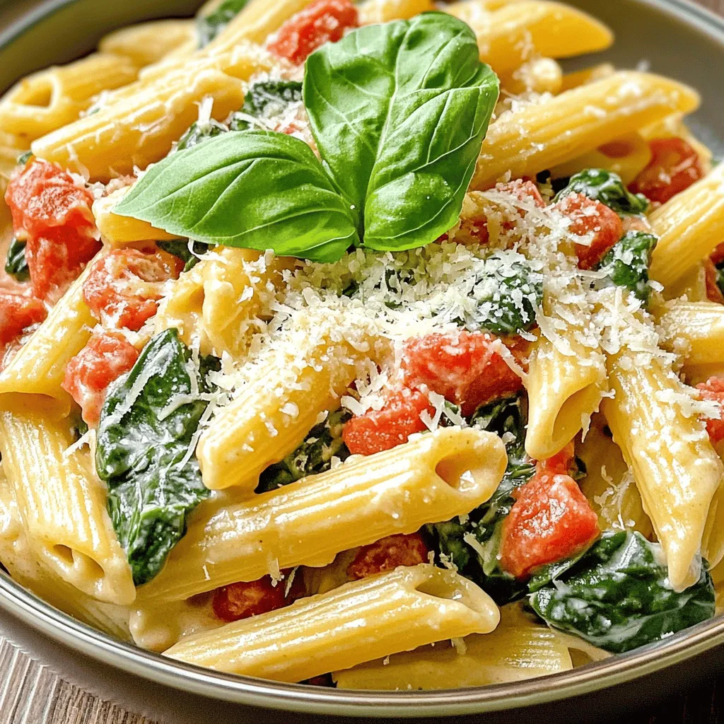 - 8 oz (225 g) pasta (penne or fettuccine recommended) - 2 tablespoons olive oil - 3 cloves garlic, minced - 1 can (15 oz) crushed tomatoes - 1 cup heavy cream - 2 cups fresh spinach, roughly chopped - 1 teaspoon dried basil - 1 teaspoon dried oregano - Salt and pepper to taste - Grated Parmesan cheese for serving - Fresh basil leaves for garnish When I make creamy tomato and spinach pasta, I love using simple, fresh ingredients. The pasta is the star, and I prefer penne or fettuccine. These shapes hold the sauce well. Olive oil gives the dish a nice richness. Fresh garlic adds flavor that brightens the meal. The crushed tomatoes form the base of the sauce. They bring a juicy, tangy taste. I always use canned tomatoes for ease and quality. Heavy cream makes the sauce rich and creamy, perfect for coating the pasta. Fresh spinach adds a vibrant color and healthy touch. Seasoning is key. Dried basil and oregano bring warmth to the dish. I always season with salt and pepper to enhance the flavors. Finally, I top it all with grated Parmesan cheese and fresh basil leaves. This adds a delightful finish and makes the pasta look beautiful. For the full recipe, check out the details on how to bring this dish to life! To start, boil water in a large pot. Add salt to the water; this gives flavor to the pasta. Once it’s boiling, add 8 oz of pasta. Cook according to the package instructions until it’s al dente. This means the pasta should be firm, not mushy. After cooking, save 1 cup of pasta water. Drain the rest of the water and set the pasta aside. Take a large skillet and heat 2 tablespoons of olive oil over medium heat. Add 3 cloves of minced garlic to the oil. Sauté it for about 1 minute. Keep an eye on it so it does not burn. Next, pour in a 15 oz can of crushed tomatoes. Stir in 1 teaspoon of dried basil and 1 teaspoon of dried oregano. Season with salt and pepper to taste. Let this mixture simmer for about 5 minutes. This helps blend the flavors well. Now, lower the heat and add 1 cup of heavy cream to the skillet. Stir it well to mix everything. Allow it to simmer for 3-4 minutes. This will thicken the sauce a bit. Then, add 2 cups of roughly chopped fresh spinach. Stir it in and let it wilt for about 2-3 minutes. After that, combine the cooked pasta with the sauce. Toss it well to coat the noodles. If the sauce is too thick, add some of the reserved pasta water. This helps reach your desired creaminess. Now you’re ready to enjoy your creamy tomato and spinach pasta! For the full recipe, make sure to check out the details above. To avoid burning garlic, watch the heat closely. Use medium heat for sautéing. Add the garlic and stir it often. It cooks fast and can turn bitter if overcooked. For pasta, cook it al dente. This means it should be firm but not hard. Follow the package directions for timing, and taste it a minute before the end. It should have a slight bite. To boost flavor, try adding red pepper flakes or a pinch of nutmeg. These spices add warmth and depth. You can also mix fresh herbs like parsley or thyme for a fresher taste. Fresh herbs can lift your dish, while dried herbs provide convenience. If you use dried herbs, add them early. Fresh herbs work best when you sprinkle them on at the end. To achieve the ideal sauce consistency, simmer it gently. Don't rush this step. If it feels too thick, slowly add the reserved pasta water. This water is starchy and helps create a silky sauce. Adjust thickness with reserved pasta water as needed. Start with a few tablespoons and mix well. Keep adding until you reach your preferred creaminess. For this creamy tomato and spinach pasta, balance is key! For the full recipe, check out the detailed instructions provided earlier. {{image_2}} You can easily make this dish fit your needs. For gluten-free options, try using gluten-free pasta. Many brands offer great choices that cook well and taste good. If you want a vegan version, you can swap the heavy cream for plant-based cream. Look for options made from coconut or cashews. These choices give you the same rich texture without dairy. Feel free to change up the veggies in your pasta. Adding mushrooms or bell peppers can bring new flavors. You can also try zucchini or cherry tomatoes for a fresh twist. If you want a different cheese, use goat cheese or feta instead of Parmesan. These swaps can add a new taste to your dish. To make your meal heartier, consider adding protein. Grilled chicken or sautéed shrimp pairs well with this pasta. You could also use chickpeas for a plant-based protein. For side dishes, a simple green salad or garlic bread works great. These sides complement the creamy tomato and spinach pasta nicely. For the full recipe, check here. To keep leftover creamy tomato and spinach pasta fresh, store it in an airtight container. Make sure it cools down to room temperature first. This helps prevent moisture buildup. The pasta will stay good in the fridge for about 3 to 5 days. If you want to freeze your pasta, it’s best to cool it down first. Portion the pasta into freezer bags or containers. Remove as much air as possible to prevent freezer burn. When you’re ready to eat, thaw it in the fridge overnight. To reheat, warm it in a skillet over medium heat. You can add a splash of water or cream to help it regain its creamy texture. Making creamy tomato and spinach pasta ahead of time is easy. You can cook a big batch and store it in the fridge for quick meals. Portion the pasta into individual containers. This way, you can grab a meal and go. For the best taste, eat it within a few days. What can I substitute for heavy cream? You can use half-and-half or coconut cream. Both will make a tasty sauce. If you want a lighter option, try whole milk with a bit of cornstarch. This will help thicken the sauce without losing flavor. Can I use fresh tomatoes instead of canned? Yes, you can! Fresh tomatoes work well, but you need to peel and chop them first. You will need about 2-3 medium tomatoes. Cook them longer to break down and create a nice sauce. How many servings does this recipe make? This recipe serves four people. It’s perfect for a family dinner or a cozy meal with friends. Can I double the recipe for a larger crowd? Absolutely! You can double the ingredients easily. Just make sure your skillet is large enough to hold all the pasta and sauce. How long does this dish take to cook? This dish takes about 25 minutes to make from start to finish. It's quick and easy, great for busy nights! Can I prepare it in advance? Yes! You can make the sauce ahead of time. Just store it in the fridge. When you're ready, cook the pasta and mix them together. It will still taste fresh! You now have a simple guide to make a tasty pasta dish. We covered ingredients, step-by-step cooking, and tips for a perfect meal. Remember to check variations for diet needs and how to store leftovers. This dish is easy to adapt and share. Enjoy your cooking, and have fun with this recipe!