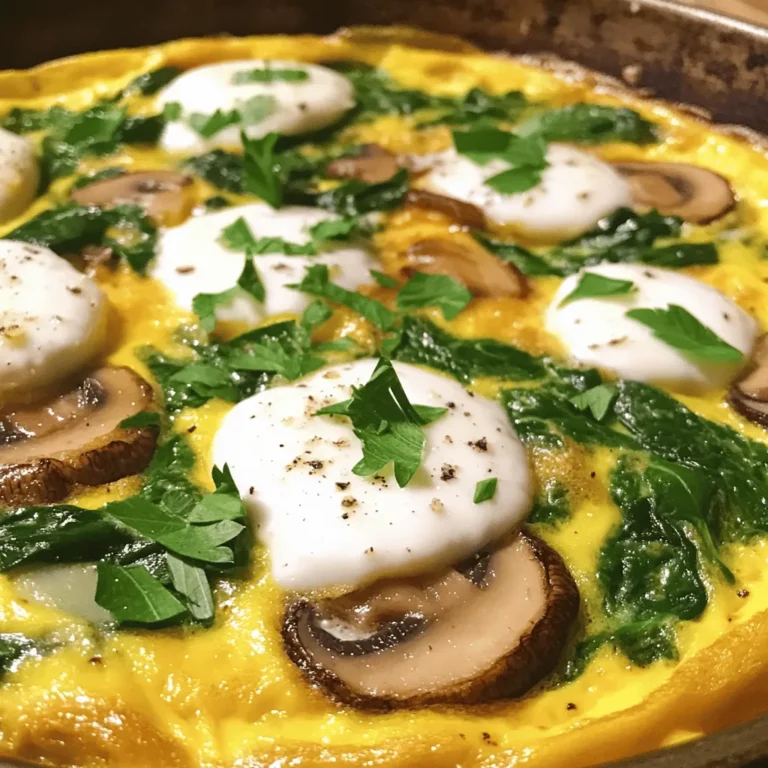 To make a tasty spinach and mushroom frittata, you need a few key items: - 6 large eggs - 1 cup fresh spinach, chopped - 1 cup mushrooms, sliced (cremini or button work well) - 1 small onion, finely diced - 1 clove garlic, minced - ½ cup grated mozzarella cheese - ¼ cup milk - 2 tablespoons olive oil - Salt and pepper to taste These ingredients bring flavor and nutrition together in this dish. You can enhance your frittata with extra ingredients. Here are some ideas: - Diced bell peppers for sweetness - Fresh herbs like basil or chives for freshness - Crumbled feta cheese for a tangy kick - Cooked bacon or sausage for a meaty option Feel free to mix and match based on what you enjoy! Don’t worry if you can’t find an ingredient. Here are some easy swaps: - Use kale or Swiss chard instead of spinach - Swap mushrooms for zucchini or bell peppers - Substitute any cheese you like, such as cheddar or goat cheese - Use almond milk or oat milk for a dairy-free version These substitutions can keep your frittata fresh and exciting. For the complete recipe, check out the Full Recipe section. Start by preheating your oven to 375°F (190°C). This step is key for a perfect frittata. While the oven warms up, gather your ingredients. You’ll need eggs, spinach, mushrooms, onion, garlic, cheese, milk, olive oil, salt, and pepper. Having everything ready makes the cooking process smoother. In a large oven-safe skillet, heat two tablespoons of olive oil over medium heat. Add the diced onion first. Cook it for about 3-4 minutes until it turns translucent. Then, add the sliced mushrooms. Stir them for about 5 minutes until they become golden brown. This caramelization adds great flavor. Next, toss in the minced garlic and chopped spinach. Cook this mixture for 1-2 minutes until the spinach wilts. This adds a fresh taste to your dish. While the veggies cook, crack 6 large eggs into a bowl. Add ¼ cup of milk, salt, and pepper. Whisk these ingredients together until mixed well. Once the vegetables are ready, pour the egg mixture over them. Make sure it covers them evenly. Sprinkle ½ cup of grated mozzarella cheese on top. This cheese melts beautifully and adds richness. Now, let’s move to the stovetop. Cook the skillet on medium for about 3-4 minutes. You’ll see the edges start to set. Once this happens, carefully transfer the skillet to your preheated oven. Bake for 15-20 minutes. You’ll know it’s done when the frittata is puffed and golden brown in the center. After baking, let it cool for a few minutes. Slice it into wedges and serve warm. For a pretty touch, garnish with fresh parsley. This frittata is a simple and delicious meal, perfect for any time of day. For the full recipe, check out [Full Recipe]. To get a great texture in your frittata, focus on cooking time. Cook the vegetables until they are soft but not mushy. When you mix in the egg, don’t over-stir. This keeps the frittata fluffy. Bake it just until it is puffed and golden. A slight jiggle in the center is fine; it will set as it cools. One mistake is cooking the frittata too long. This makes it dry. Another is not seasoning the egg mixture. Always add salt and pepper to enhance flavor. Avoid using too many watery veggies, as they can make the frittata soggy. Lastly, don’t skip the oven step; it helps achieve that nice, fluffy texture. Serve the frittata warm, garnished with fresh parsley for color. It pairs well with a simple side salad. A light vinaigrette can add a nice zing. For drinks, try pairing it with fresh juice or coffee. To level up your meal, add some crusty bread on the side. For more details, check the Full Recipe. {{image_2}} You can change the frittata by adding other veggies. Try bell peppers, zucchini, or tomatoes. Each vegetable brings its own taste. For a spicy kick, add jalapeños or red pepper flakes. You can also include cooked bacon or sausage for extra flavor. Just remember to adjust cooking time for denser ingredients. Cheese makes it creamy and rich. Besides mozzarella, you can use cheddar or feta. Goat cheese adds a tangy twist. For a milder taste, try Swiss cheese. Mix different cheeses for a unique flavor. Just keep in mind that some cheeses melt better than others. You can easily make this frittata gluten-free. All the main ingredients are already gluten-free. For dairy-free options, use almond milk or oat milk. Substitute cheese with vegan cheese or nutritional yeast for a cheesy flavor without dairy. These swaps keep your frittata tasty and inclusive for all diets. For the full recipe, check the section above. After making the spinach and mushroom frittata, let it cool completely. Slice it into wedges. Store leftovers in an airtight container. This helps keep it fresh. Place the container in the fridge. It will last for about 3 to 4 days. Avoid stacking the slices on top of each other. This keeps them from sticking. When you want to enjoy the frittata again, use the oven or microwave. For the oven, preheat it to 350°F (175°C). Place the slices on a baking sheet. Heat for about 10-15 minutes. This method keeps the texture nice. If you use a microwave, heat for 30 seconds to 1 minute. Check often to avoid overcooking. You can freeze the frittata for later. Wrap individual slices tightly in plastic wrap. Then, place them in a freezer-safe bag. Be sure to remove as much air as possible. Label the bag with the date. The frittata can last up to 3 months in the freezer. To thaw, place it in the fridge overnight. Then reheat as needed. This way, you always have a quick meal ready! A frittata lasts about 3 to 4 days in the fridge. Make sure to store it in an airtight container. This keeps the frittata fresh. If you notice any change in smell or texture, it’s best to throw it out. Yes, you can make a frittata ahead of time. It’s perfect for meal prep. Just cook it, let it cool, and store it in the fridge. You can reheat it before serving. This makes busy mornings much easier. Cut a frittata into wedges for easy serving. Use a sharp knife for clean cuts. You can serve it warm or at room temperature. Garnish with fresh parsley for a nice look. Pair it with a simple salad or toast for a full meal. Yes, you can make a frittata without eggs. Use chickpea flour instead. Mix it with water to form a batter. This creates a similar texture. Add your favorite veggies and bake. It’s a great option for those avoiding eggs. For the full recipe, check the Spinach & Mushroom Frittata section above. You now have the tools to make a delicious spinach and mushroom frittata. We covered key ingredients, cooking steps, and tips for the best texture. You learned how to add flavors with optional ingredients and substitutions. Plus, we explored ways to store and reheat leftovers safely. Cooking should be fun and creative, so feel free to try different vegetables and cheeses. With these insights, your frittata will shine at any meal. Enjoy your cooking adventure!