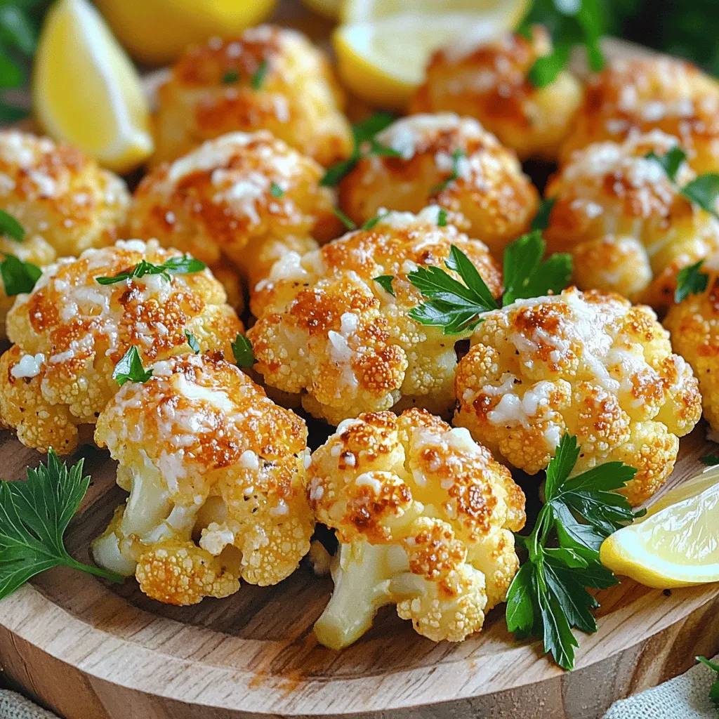 - 1 medium head of cauliflower, cut into florets - 4 tablespoons olive oil - 4 cloves garlic, minced - 1 teaspoon salt - 1/2 teaspoon black pepper - 1 teaspoon smoked paprika - 1/2 cup grated Parmesan cheese - 2 tablespoons fresh parsley, chopped (for garnish) - Lemon wedges (for serving) To make Garlic Parmesan Roasted Cauliflower, gather these simple ingredients. The key to this dish is the fresh garlic and rich Parmesan. The cauliflower brings a nice crunch. Olive oil helps the flavors blend well. - Calories per serving: About 150 - Macronutrient breakdown: - Carbohydrates: 8g - Protein: 5g - Fat: 12g This dish is not just tasty; it also packs a good amount of nutrients. The cauliflower is low in calories and high in vitamins. The Parmesan adds flavor and some protein. Each serving gives you a nice balance of healthy macronutrients. For the full recipe, check out the link provided. Enjoy creating this flavorful dish! - Preheat your oven to 425°F (220°C). - In a large bowl, toss the cauliflower florets with olive oil. Add minced garlic, salt, black pepper, and smoked paprika. Mix well until each floret gets coated. - Spread the cauliflower in a single layer on a baking sheet. Roast it for 20 minutes. This step helps to soften and brown the florets. - After 20 minutes, take out the baking sheet. Sprinkle the grated Parmesan cheese over the cauliflower. Return it to the oven for another 5–10 minutes. You want the cheese to melt and turn golden brown. - Let the cauliflower cool for a few minutes after roasting. - Garnish it with chopped parsley. Serve with lemon wedges on the side. The lemon adds a nice zing to the dish. For more details, check the Full Recipe. To get the best roast, you want even cooking. Start by cutting your cauliflower into uniform florets. This step helps them cook at the same rate. Use a spacious baking sheet. Crowding the florets will steam them instead of roasting. Set your oven to 425°F (220°C). This high heat is key to getting that nice golden color. Place your baking sheet in the middle of the oven. It allows hot air to circulate evenly around the cauliflower. Want to spice things up? Try adding a pinch of cayenne for some heat. You can also mix in dried herbs like thyme or oregano. If you don’t have Parmesan cheese, use Pecorino Romano. It gives a salty kick that pairs well with garlic. Make your dish look fancy! Use a large white platter for serving. Arrange the roasted cauliflower in a circular pattern. Drizzle a little olive oil on top for shine. Finish with fresh parsley for a pop of color. Serve lemon wedges on the side. They add a zesty touch that brightens the dish. These tips will help you create a Garlic Parmesan Roasted Cauliflower that looks and tastes amazing. For the complete Garlic Parmesan Roasted Cauliflower recipe, check out the Full Recipe link. {{image_2}} You can switch up the cheese in this recipe. Try using cheddar or feta for a twist. Each cheese brings its own flavor and texture. You might also mix in some mozzarella for a gooey bite. Adding more veggies can make this dish even better. Think about bell peppers, carrots, or broccoli. Chop them into small pieces and toss them with the cauliflower. This adds color and nutrition to your meal. For a vegan option, skip the Parmesan cheese. You can use nutritional yeast instead. It gives a cheesy flavor without dairy. You might also try vegan cheese shreds. They melt well and add richness. If you need low-carb or gluten-free options, this dish is perfect as is. Cauliflower is naturally low in carbs and gluten-free. Just be sure to check any added seasonings or cheese for hidden carbs. If you like heat, consider a spicy garlic version. Add crushed red pepper flakes to the oil mix. This will give your cauliflower a kick! You can also throw in some cayenne pepper for an extra boost. For a fresh twist, use herbs. Mix in dried thyme or oregano with the oil. This will add a lovely aroma and flavor. You can even toss in fresh herbs after roasting for a bright finish. Try these variations to make Garlic Parmesan Roasted Cauliflower your own. You can find the full recipe above to get started! To store your Garlic Parmesan Roasted Cauliflower, let it cool first. Then, place it in an airtight container. This will keep it fresh. In the fridge, it can last for about 3 to 5 days. Just make sure the container is sealed well to avoid any odors. When you’re ready to enjoy leftovers, reheating is key. For the best taste, use the oven. Preheat it to 350°F (175°C). Spread the cauliflower on a baking sheet and heat for about 10 minutes. This keeps it crispy. You can also use the microwave. Heat it in short bursts to avoid sogginess. You can freeze Garlic Parmesan Roasted Cauliflower! First, let it cool completely. Place it in a freezer-safe bag or container. It can stay good for about 1 to 2 months. When ready to eat, thaw it in the fridge overnight. Reheat it in the oven to keep the texture nice. Enjoy your delicious dish anytime! For the full recipe, check out the details above. You can prepare Garlic Parmesan Roasted Cauliflower in advance. First, wash and cut the cauliflower into florets. Then, mix it with olive oil, garlic, salt, pepper, and smoked paprika. Store this mixture in an airtight container in the fridge for up to 24 hours. When you're ready to cook, spread it on a baking sheet and roast as directed in the Full Recipe. This method keeps the flavors fresh. Yes, you can use frozen cauliflower. Just remember to thaw it first. Drain the excess water to prevent sogginess. Toss the thawed cauliflower with the same olive oil and spices from the recipe. This will help maintain the flavor and texture. For best results, roast it a bit longer to achieve that crispy bite. Garlic Parmesan Roasted Cauliflower pairs well with many dishes. You can serve it alongside grilled chicken or fish for a tasty meal. It also works great with pasta or quinoa dishes. For sides, consider a fresh salad or some roasted potatoes. This dish adds a nice touch to any meal! This blog post outlined a tasty Garlic Parmesan Roasted Cauliflower recipe. We covered ingredients, cooking steps, and creative serving ideas. You learned about nutritional info and storage tips. Remember, small changes can boost flavor or suit dietary needs. Enjoy experimenting with variations, like adding spices or different cheeses. This dish can shine at any meal. Use these tips to make the best roasted cauliflower ever. Have fun cooking and sharing with others!