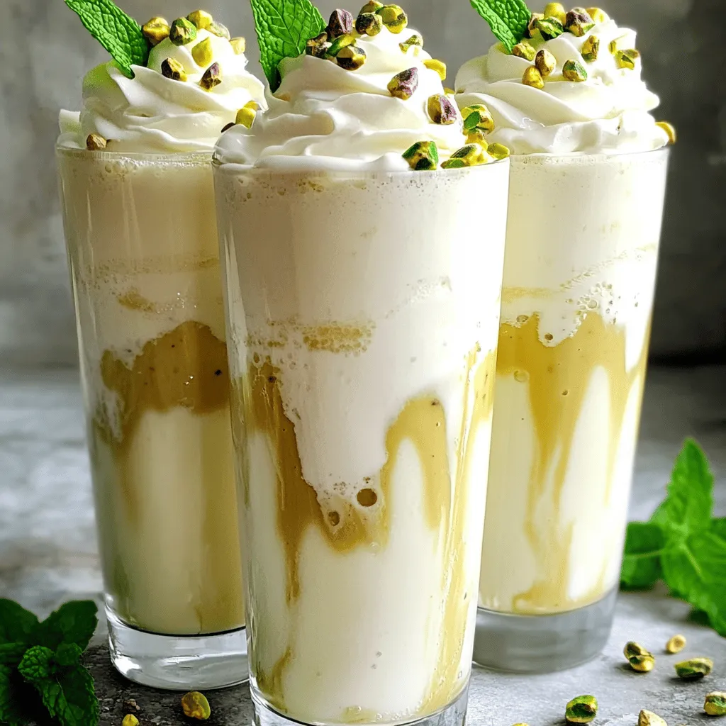 - 2 cups vanilla ice cream - 1 cup milk (whole or almond) - 1/2 cup white chocolate chips - 1/4 cup shelled pistachios - 1 teaspoon vanilla extract The main ingredients create a creamy and rich shake. The vanilla ice cream gives a sweet base. Milk adds smoothness, making the shake easy to drink. White chocolate chips bring a touch of sweetness. Shelled pistachios give a nice crunch and nutty flavor. The vanilla extract adds depth and warmth. - Whipped cream - Extra crushed pistachios - Mint leaves Toppings make your shake look and taste even better. Whipped cream is a classic topping for shakes. It adds a light, fluffy texture. Extra crushed pistachios on top give a nice crunch. Mint leaves add a fresh touch and a pop of color. You can have fun with these toppings, making your shake a treat for the eyes and the taste buds. Check out the Full Recipe for detailed steps on how to blend these ingredients into a delightful Pistachio White Chocolate Shake. 1. Start by melting the white chocolate chips in the microwave. Use a safe bowl. Heat them in 20-second intervals. Stir after each round until smooth. Let it cool for a bit. 2. Measure out 1 cup of milk and 2 cups of vanilla ice cream. This mix creates a creamy base. 3. Gather the extra toppings: whipped cream, crushed pistachios, and mint leaves for garnish. These add fun and flavor. 1. In a blender, combine the milk, vanilla ice cream, melted white chocolate, and shelled pistachios. Blend until everything is smooth and creamy. 2. Taste the shake. If you want it creamier, add more milk. Blend again briefly to mix. 1. Pour the shake into tall glasses. Fill them about three-quarters full. This gives room for toppings. 2. Top each shake with a swirl of whipped cream. Sprinkle extra crushed pistachios on top for a crunch. 3. Add a fresh mint leaf on each shake. This gives a nice pop of color. Enjoy your tasty treat! To make your shake just right, start by adjusting the milk. If you want a creamier shake, add more milk slowly. Blend it well until smooth. The time you blend matters too. Blend for about 30 seconds to get it nice and smooth. If it still feels thick, blend a bit longer. Using the best ingredients makes a big difference. For the milk, I suggest whole milk or almond milk. They add great flavor and creaminess. Choosing good white chocolate is key too. Look for high-quality chips that melt well. For pistachios, fresh ones work best. Check for bright color and a nice crunch. How you serve your shake can make it even more fun. Try using tall glasses for a nice look. You can also add a fun straw. For a creative touch, drizzle some melted white chocolate inside the glass before pouring in the shake. This makes it look fancy! Don’t forget to top it with whipped cream and sprinkle extra pistachios for crunch. A mint leaf on top adds a nice color pop. {{image_2}} You can make your pistachio white chocolate shake even better! Try adding different extracts like almond or coconut. These flavors mix well with the creamy shake. You can also infuse other nuts or flavored syrups. Hazelnuts or caramel syrup can add a fun twist. Want a vegan shake? Use almond milk and a dairy-free ice cream. You can also find vegan white chocolate chips. For a low-sugar version, swap out regular ice cream for a no-sugar option. This way, you can enjoy the shake without the extra sugar. Make your shake festive! Add holiday-themed ingredients like peppermint or cinnamon during the winter. In the summer, you can toss in fresh fruit like strawberries or raspberries. These fruits add freshness and a splash of color to your shake. For the complete recipe, check out the Full Recipe section above. You can freeze the shake for later. Pour the shake into ice cube trays. Once solid, blend the cubes with a bit of milk. This keeps the flavor fresh. For best taste, consume within two weeks. The shake stays fresh in the fridge for up to two days. Store it in an airtight container. This keeps it cold and smooth. If you see separation, just stir it before drinking. Use leftover pistachios in salads or snacks. Chop them up for a crunchy topping. For white chocolate, try melting it again for fruit dips. Store pistachios in a cool place. Keep white chocolate in a dry spot. This helps them stay fresh longer. To make a Pistachio White Chocolate Shake vegan, swap the dairy ingredients. Use plant-based ice cream and almond milk instead of whole milk. For the white chocolate, look for vegan options that suit your taste. This way, you still enjoy all the creamy goodness without any animal products. Yes, you can use other nuts in place of pistachios. Almonds, cashews, or hazelnuts are great alternatives. Each nut will give a unique flavor to the shake. Try blending different nuts to find your favorite mix. The best toppings for a white chocolate shake include whipped cream, crushed nuts, and fresh mint. You can also add chocolate shavings or sprinkles for extra flavor and fun. Mix and match your toppings to make each shake special. To adjust the sweetness of your shake, you can add more white chocolate chips or a splash of maple syrup. If it’s too sweet, add a bit more milk to balance the flavors. Taste as you go to find the perfect level of sweetness for you. For the complete recipe, check out the Full Recipe for the Pistachio Bliss White Chocolate Shake. You can create a delicious Pistachio White Chocolate Shake with simple steps. Start by blending vanilla ice cream, milk, white chocolate, and pistachios. Top it with whipped cream and extra nuts for flair. You can swap ingredients to fit your diet and add flavors like almond. Remember, proper storage keeps your shake fresh. Enjoy this tasty treat anytime! Making variations boosts creativity and taste. With these tips, you’ll impress friends and family with each sip. Have fun in the kitchen!