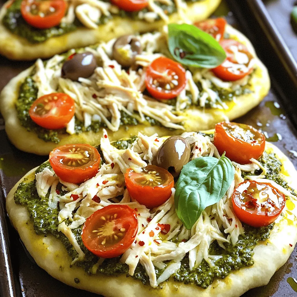 To make a tasty pesto chicken flatbread, you need a few key ingredients: - 2 flatbreads (store-bought or homemade) - 1 cup cooked chicken breast, shredded - 1/2 cup pesto sauce (store-bought or homemade) - 1 cup fresh mozzarella cheese, shredded - 1/2 cup cherry tomatoes, halved - 1/4 cup Kalamata olives, sliced - 1/4 teaspoon crushed red pepper flakes (optional) - Fresh basil leaves, for garnish - Olive oil, for drizzling - Salt and pepper to taste These ingredients create a great balance of flavors. The flatbread serves as a crispy base, while the pesto adds a bright green pop. The chicken provides protein, and the cheese melts to perfection. You can get creative with optional toppings. Here are some ideas: - Sliced bell peppers - Red onion rings - Spinach leaves - Feta cheese - Balsamic glaze Adding these can give your flatbread a unique twist. For a little extra heat, consider adding some crushed red pepper flakes. You might wonder if you should make your pesto and flatbreads or buy them. Here’s my take: - Homemade pesto: It’s fresher and more flavorful. You can control the ingredients. Plus, it’s easy to make. Just blend fresh basil, garlic, nuts, cheese, and olive oil. - Store-bought pesto: It saves time. Look for quality brands with minimal additives. For the flatbreads, store-bought options are fine. However, making your own can be fun and gives you more control over the texture. This recipe is all about flexibility. Whether you choose to make everything from scratch or not, you’ll end up with a delicious dish. For the complete list of steps, check out the Full Recipe. Start by getting all your ingredients ready. Gather your flatbreads, cooked chicken, and pesto. Make sure your oven is clean and ready. Preheat your oven to 400°F (200°C). This step is key for a great bake. Line a baking sheet with parchment paper. This helps with easy clean-up later. Now it’s time to assemble! Place the flatbreads on your baking sheet. Use a spoon to spread the pesto sauce evenly on each flatbread. Leave a small border around the edges. Next, add the shredded chicken on top of the pesto. Make sure to spread it evenly. Then, sprinkle the fresh mozzarella cheese over the chicken. Add the cherry tomatoes and Kalamata olives on top. You can sprinkle salt and pepper to taste. If you like it spicy, add crushed red pepper flakes. Once everything is loaded, carefully place the baking sheet in the oven. Bake for 12 to 15 minutes. Watch for the cheese to melt and the edges to turn golden brown. After baking, take the flatbreads out of the oven. Let them cool for a few minutes. Drizzle a little olive oil on top for flavor. Garnish with fresh basil leaves for a pop of color. Finally, slice the flatbreads into wedges. Serve them warm and enjoy your delicious creation! For the full recipe, check out the details above. To make your flatbread shine, focus on the details. Choose high-quality pesto for the best flavor. I like to use homemade pesto when time allows. It adds a fresh taste that store-bought can't match. Spread it evenly on the flatbread. This step ensures every bite is flavorful. Use fresh mozzarella cheese for a creamy texture. When it melts, it creates a gooey delight. Don't skimp on toppings. More chicken and veggies mean more flavor. Bake until the edges are golden brown. This crispiness adds texture to your meal. Avoid soggy flatbreads by not overloading them with sauce. A thin layer of pesto goes a long way. Keep an eye on your oven. Each oven is different; baking times may vary. If your cheese is browning too fast, lower the oven temperature slightly. Make sure to use cooked chicken. Raw chicken will not cook through in the short baking time. Lastly, remember to let the flatbreads cool a bit before slicing. This step helps keep the toppings in place. Always use fresh ingredients when possible. Fresh basil gives a burst of flavor and color. Look for ripe cherry tomatoes; they add sweetness. Kalamata olives bring a briny taste that pairs well with the pesto. If you want, drizzle olive oil on top before serving. It enhances the flavors and adds a beautiful shine. Remember, fresh ingredients elevate your dish. You can find the full recipe above to guide you through the process! {{image_2}} You can use many types of flatbreads for this recipe. Pita bread works well. Naan adds a nice flavor too. You can even try whole wheat or gluten-free flatbreads. Each type gives a unique taste and texture. Choose what you like best! Change up the protein for fun. Grilled shrimp or sliced steak works great. You can also try cooked sausage or even tofu for a twist. For toppings, add bell peppers, spinach, or artichokes. Experiment with flavors you enjoy. The options are endless! To make a vegan flatbread, skip the chicken and cheese. Use extra veggies like mushrooms and zucchini. You can add a plant-based cheese for creaminess. Use a nut-based pesto to keep it vegan. This way, everyone can enjoy a tasty flatbread! For the full recipe, check out the instructions above. To keep your pesto chicken flatbread fresh, place it in an airtight container. Let it cool first. This prevents moisture from making the flatbread soggy. You can store it in the fridge for up to three days. If you want to enjoy it later, I recommend wrapping each piece in plastic wrap. This extra layer helps keep it tasty! When you're ready to eat your leftovers, preheat your oven to 350°F (175°C). Place the flatbread on a baking sheet. Heat it for about 10 minutes. This will help the cheese melt again and the flatbread crisp up. If you're in a hurry, you can use a microwave too. Just heat for 30 seconds, but the texture won't be the same. To freeze your pesto chicken flatbread, allow it to cool completely. Wrap each piece tightly in plastic wrap, then place them in a freezer bag. This helps prevent freezer burn. You can keep it frozen for up to two months. When you're ready to eat, thaw it in the fridge overnight before reheating. Enjoy your pesto chicken flatbread even after a busy day! For the full recipe, check out the details. To make homemade pesto, you need fresh basil, garlic, pine nuts, Parmesan cheese, and olive oil. Start with a cup of fresh basil leaves. Add two cloves of garlic, a quarter cup of pine nuts, and a half cup of grated Parmesan cheese. Blend these ingredients in a food processor. Slowly drizzle in half a cup of olive oil while blending until smooth. Taste it and add salt as needed. This fresh pesto will make your flatbread shine. Yes, you can use different types of cheese for your flatbread. While fresh mozzarella is classic, you can try goat cheese, feta, or even cheddar. Each cheese adds a unique flavor and texture. Mixing cheeses can also enhance taste. Just remember, the cheese should melt well and blend with the pesto and chicken. You can serve Pesto Chicken Flatbread with a fresh salad or some roasted veggies. A simple arugula salad with lemon dressing pairs well. You could also serve it with a side of garlic bread for extra flavor. For a fun twist, try a fruit salad or a light soup. These sides will balance the rich flavors of the flatbread, making your meal complete. Pesto Chicken Flatbread is simple and fun to make. We explored key ingredients, from essential pesto to tasty toppings. I shared step-by-step cooking instructions to ensure great results. Tips and tricks help you avoid mistakes and choose fresh ingredients. We discussed variations, including vegan options and different flatbread styles. Lastly, I provided storage methods to keep your leftovers tasty. Enjoying this dish can ignite your kitchen creativity. Now, go create your delicious masterpiece!