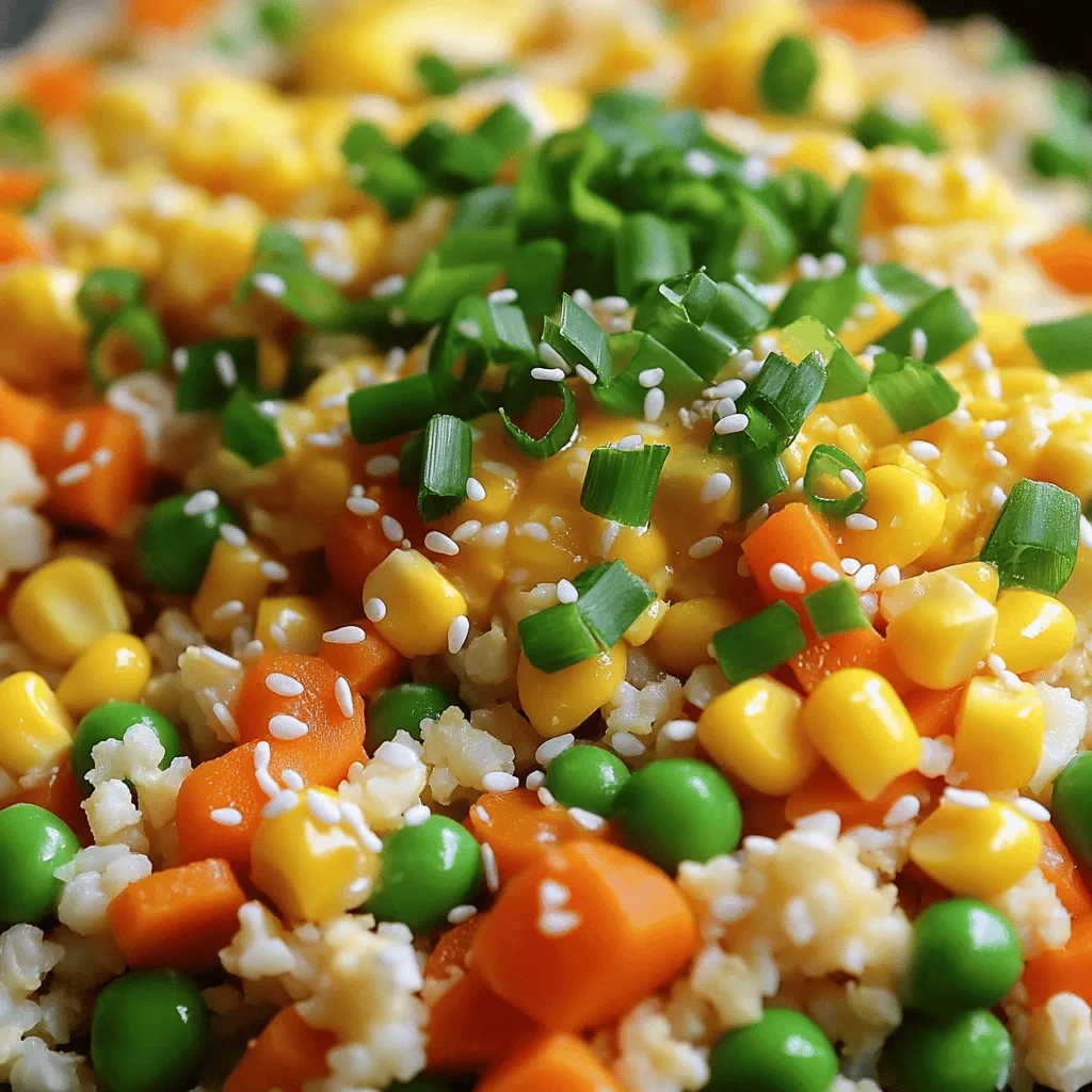 - 1 medium head of cauliflower - 2 tablespoons vegetable oil - 2 large eggs - 1 cup mixed vegetables - 2 green onions - 3 cloves garlic - 2 tablespoons low-sodium soy sauce - 1 tablespoon sesame oil - Salt and pepper to taste - Optional: 1 teaspoon grated ginger The main ingredient is cauliflower. It gives this dish a great texture and flavor. You can grate the cauliflower to make it look like rice. This method helps keep the meal low in carbs. The vegetable oil adds a nice touch to the cooking process. It helps the veggies cook evenly. Eggs add protein and make the dish filling. I like to use a mix of colorful veggies, like carrots and peas. They bring a nice sweetness and crunch. Green onions add a fresh taste. They also make the dish look pretty. Garlic gives it a wonderful aroma. Soy sauce adds depth to the flavor, while sesame oil adds a nutty note. If you want an extra kick, try adding grated ginger. It enhances the taste. This mix of ingredients makes a great meal that is both tasty and healthy. This dish has low calories and high fiber. One serving has about 150 calories. It contains around 10 grams of carbs and 4 grams of protein. Cauliflower is a superfood. It's low in calories and high in vitamins. It also has antioxidants, which help keep you healthy. Eating cauliflower can support weight loss. It fills you up without adding many calories. Using cauliflower in your meals is an easy way to eat healthy. It helps you stay on track with your low-carb goals. For the full recipe, check out the Easy Cauliflower Fried Rice. To start, prepare your cauliflower. You can either grate it or use a food processor. - Grating: Use a box grater to shred the cauliflower into tiny pieces. - Processing: Cut the cauliflower into small florets. Pulse them in a food processor until they look like rice. Next, prep your vegetables and eggs. Chop your mixed vegetables into small bits. This helps them cook evenly in the pan. For the eggs, crack them into a bowl and beat them lightly with a fork. Now, let’s cook! Heat a large skillet or wok over medium heat and add one tablespoon of vegetable oil. - Sautéing Vegetables: Add your mixed vegetables to the hot oil. Cook for 3-4 minutes until they get tender. Next, push the veggies to one side of the skillet. Pour the beaten eggs into the empty side. Scramble the eggs until they are fully cooked. Mix them with the vegetables. Now, add minced garlic to the skillet. If you’re using ginger, add it now too. Stir-fry everything for one more minute until it smells great. Next, add the cauliflower rice and soy sauce. Mix everything well. Cook for another 5-7 minutes, stirring often. You want the cauliflower to be tender but not mushy. Finally, drizzle sesame oil on top. Season with salt and pepper to taste. Add in the chopped green onions, saving some for garnish. Toss everything together to mix it well. Remove your dish from heat and serve hot. Garnish with reserved green onions. Enjoy this tasty, low-carb meal. For more details, check the Full Recipe. To avoid mushy cauliflower rice, ensure you don't overcook it. Cauliflower cooks quickly, so keep an eye on it while it’s in the pan. Aim for a tender yet firm texture. This way, your fried rice stays light and fluffy. The ideal cooking time for vegetables is about 3-4 minutes over medium heat. This lets them soften without losing their crunch. If you add them in with your cauliflower, they might turn mushy. Seasoning is key to a tasty dish. Use low-sodium soy sauce to avoid overpowering flavors. You can also add a splash of sesame oil at the end for a nutty taste. If you like a bit of spice, try adding red pepper flakes or sriracha. For added taste, consider using fresh herbs like cilantro or basil. You can also mix in roasted nuts for crunch or swap in other veggies you enjoy. Adding ginger can boost flavor, too. A teaspoon of grated ginger will give your dish a warm, spicy kick. For the full recipe, check out the Easy Cauliflower Fried Rice section. {{image_2}} You can boost this dish with high-protein options. Tofu, chicken, or shrimp are great choices. They add flavor and help fill you up. Just add them to the skillet after sautéing the veggies. Cook until they’re done, then mix everything together. Other vegetables also work well. Try bell peppers, broccoli, or snap peas. They add more color and crunch. Mix and match based on what you like or have on hand. This way, you can make your dish unique and tasty. For keto-friendly options, swap out the soy sauce for coconut aminos. It has a similar taste but fewer carbs. You can also skip the peas and corn to lower carbs even more. Spicing it up is easy! Try adding different sauces like sriracha or teriyaki. They give your fried rice a fun twist. Just remember to use them in small amounts. You want to enhance the flavor without overpowering the dish. To keep your Easy Cauliflower Fried Rice fresh, store it in an airtight container. This helps keep moisture out. You can also use plastic wrap to cover the dish tightly. Leftovers stay good in the fridge for about 3 to 4 days. Remember to cool it down before storing. This helps prevent condensation. The best way to reheat cauliflower fried rice is on the stovetop. Heat a skillet over medium heat and add a splash of oil. This method keeps the texture nice. Stir it often to heat evenly. You can also use the microwave. Place it in a microwave-safe bowl and cover it with a damp paper towel. This helps keep moisture in. Avoid reheating too long, or it will become mushy. Can I use frozen cauliflower for this recipe? Yes, you can use frozen cauliflower rice. Just thaw and drain it well before cooking. This saves time and gives you a quick low-carb option. How to make it vegan-friendly? To make cauliflower fried rice vegan, skip the eggs. Replace them with tofu or chickpeas for protein. You can also add extra veggies for texture and flavor. What's the best way to serve cauliflower fried rice? I like to serve it hot right from the skillet. Garnish with green onions for a fresh touch. It pairs well with soy sauce or sriracha for extra flavor. How long does this dish take to cook? This dish takes about 20 minutes from start to finish. The prep is quick, and cooking goes fast. Tips for making a larger batch? To make more, double the ingredients. Use a big skillet or wok to avoid overcrowding. Cook in batches if needed to keep everything evenly cooked. For more details, check out the Full Recipe. Cauliflower rice offers a tasty, low-carb alternative packed with nutrition. You learned how to prepare, cook, and store this dish with great tips. Whether you're adding proteins or adjusting flavors, you can make it your own. You can enjoy a healthy meal in no time. Remember, experimenting with ingredients boosts taste and nutrition. Embrace your kitchen creativity and serve this delightful dish any time!