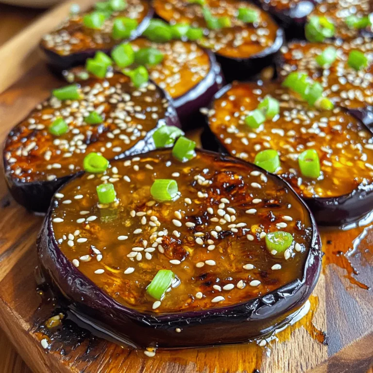 To create a delicious miso glazed eggplant, gather these simple ingredients: - 2 medium-sized eggplants - 3 tablespoons white miso paste - 2 tablespoons maple syrup - 1 tablespoon soy sauce - 1 teaspoon sesame oil - 1 tablespoon rice vinegar - 1 tablespoon grated ginger - 2 cloves garlic, minced - 2 tablespoons sesame seeds - 2 green onions, finely chopped - Olive oil for drizzling - Salt and pepper, to taste These ingredients blend together to make a rich, savory glaze. The eggplant soaks up the flavors well, making each bite a treat. White miso brings a mild sweetness, while maple syrup adds a hint of caramel. Ginger and garlic lend warmth and depth. Sesame oil rounds out the taste with a nutty finish. You can find the full recipe and instructions to make this dish from scratch in the [Full Recipe]. Whether you are cooking for yourself or guests, these ingredients work wonders together, turning humble eggplant into a flavorful roasted delight. - Preheat the oven to 400°F (200°C) and prepare the baking sheet. - Slice the eggplants in half lengthwise and score the flesh in a diamond pattern. This helps the glaze soak in. - In a bowl, combine 3 tablespoons of white miso paste, 2 tablespoons of maple syrup, 1 tablespoon of soy sauce, 1 teaspoon of sesame oil, 1 tablespoon of rice vinegar, 1 tablespoon of grated ginger, and 2 cloves of minced garlic. Mix until smooth to create a tasty glaze. - Place the scored eggplant halves on the baking sheet, cut side up. Drizzle with olive oil and sprinkle with salt and pepper. - Brush the miso glaze generously over the cut sides of the eggplant. Roast for about 25 to 30 minutes, or until soft and caramelized. Halfway through, brush with more glaze for added flavor. - When done, sprinkle with 2 tablespoons of sesame seeds and 2 finely chopped green onions for a pop of color. This miso glazed eggplant is a flavorful roasted delight that brings joy to any meal. You can find the full recipe in the provided section. To get the best flavor, brush the eggplant with extra glaze halfway through roasting. This step adds depth and keeps the eggplant moist. The glaze caramelizes beautifully, giving you that rich, savory taste you want. Use parchment paper on your baking sheet. This simple trick makes cleanup easier and helps the eggplant not stick. It’s a little change that saves time and effort. You can focus on enjoying your dish instead of scrubbing pans. For a stunning presentation, serve your miso glazed eggplant on a nice platter. Drizzle with a bit of extra sesame oil for shine. Scatter sesame seeds on top for crunch and color. Add some chopped green onion for a fresh look. These small details make your dish look as good as it tastes. {{image_2}} Using different types of miso can change the flavor. You can try red or brown miso. Red miso is stronger and saltier. Brown miso has a rich, sweet taste. Each type adds a unique twist. You can mix and match depending on what you like. Experimenting with miso types can lead to fun, new flavors in your dish. To make this dish vegan, swap the maple syrup with agave nectar. You can also use tamari instead of soy sauce for a gluten-free option. These small changes keep the flavor but make it vegan-friendly. You can enjoy this dish while sticking to a plant-based diet. No one will miss the animal products with these tasty swaps. Want a heartier meal? Add more veggies or proteins. You can toss in bell peppers or zucchini. They roast well and add color. For protein, try tofu or tempeh. Just cube them and add to the baking sheet. These additions make your meal filling and satisfying. Experiment with what you have on hand for a unique twist. For the full recipe, check out the details shared earlier. To store miso-glazed eggplant, let it cool first. Place it in an airtight container. It will stay fresh in the fridge for up to four days. Keep the layers separated to avoid sogginess. If you have extra glaze, store it in a small jar. This will help keep the dish flavorful. To reheat, you can use the oven or microwave. For the oven, preheat it to 350°F (175°C). Place the eggplant on a baking sheet for about 10 minutes. This keeps the skin crisp. If using the microwave, heat it on medium power for 1-2 minutes. Check it often to avoid drying out. You can freeze miso-glazed eggplant, but it may change texture. To freeze it, wrap each piece in plastic wrap. Place them in a freezer bag to avoid freezer burn. It will stay good for up to three months. When ready to eat, thaw in the fridge overnight. Then reheat as described above for the best results. Miso is a thick paste made from fermented soybeans. It has a rich umami taste. You can find miso in many flavors. The most common types are white, yellow, and red. White miso is sweet and mild. Red miso is stronger and saltier. It adds depth to dishes, making them savory and satisfying. Yes, you can use other vegetables. Zucchini, bell peppers, or mushrooms work well. They can soak up the miso glaze and roast nicely. Each vegetable brings its own flavor and texture. This makes your meal unique and fun to try. Cooking miso-glazed eggplant takes about 25-30 minutes. You should preheat your oven to 400°F (200°C). Keep an eye on the eggplant as it roasts. Factors like size and thickness can change the cook time. You want them soft and caramelized for the best taste. For more tasty details, check out the Full Recipe. In this post, you learned how to make miso-glazed eggplant. We covered ingredients, step-by-step instructions, and cooking tips. You can explore variations with different miso types for added flavor. Remember, you can store leftovers properly to enjoy later. Don't hesitate to experiment with other vegetables too. This dish can be a great addition to any meal. Enjoy your cooking!