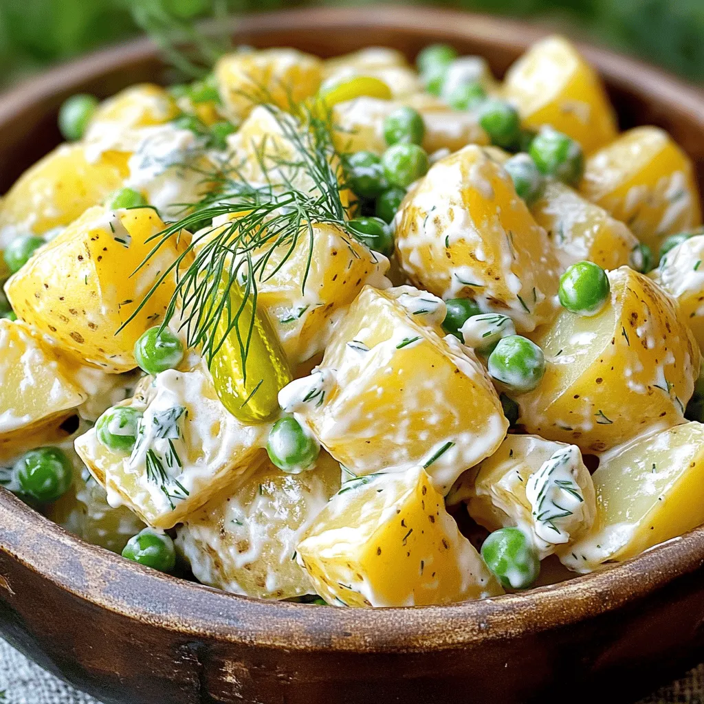- 2 pounds of Yukon Gold potatoes, peeled and diced - 1 cup green peas (fresh or frozen) - ½ cup sweet pickle relish Yukon Gold potatoes are my go-to choice for potato salad. They have a smooth texture and a nice flavor. You can use fresh or frozen green peas. They add a pop of color and sweetness. Sweet pickle relish gives the salad a nice tang and sweetness. - ½ cup mayonnaise - ¼ cup Greek yogurt - 1 tablespoon Dijon mustard For the dressing, I mix mayonnaise and Greek yogurt. This combo makes it creamy and a bit lighter. Dijon mustard adds a nice kick and depth to the flavor. - 1 tablespoon apple cider vinegar - 1 small red onion, finely chopped - 3 stalks celery, finely diced - ½ teaspoon garlic powder - Salt and pepper to taste Apple cider vinegar brightens the salad. Red onion adds a bit of crunch and sharpness. Celery gives it a nice crispness. I always sprinkle in garlic powder, salt, and pepper to enhance all the flavors. For the full recipe, check out the details on how to make this classic dish. Start by boiling the potatoes. Use a large pot and fill it with water. Add a pinch of salt. Bring the water to a boil. Once boiling, add the diced Yukon Gold potatoes. Cook them until they are fork-tender. This should take about 10 to 15 minutes. If you choose to add fresh peas, do so in the last 2 to 3 minutes of cooking. This helps keep them bright and fresh. If you use frozen peas, just thaw them separately. Once cooked, drain the potatoes and peas. Let them cool in a large bowl. Now, let’s make the dressing. In a separate bowl, combine these ingredients: mayonnaise, Greek yogurt, Dijon mustard, apple cider vinegar, garlic powder, salt, and pepper. Whisk everything together until it’s smooth. You want a creamy texture that coats well. Once the potatoes and peas have cooled, mix them with the dressing. Gently fold in the chopped red onion and diced celery. Make sure everything is well coated. Taste the salad and adjust the seasoning as needed. Add more salt or pepper if desired. Cover the bowl and refrigerate it for at least 1 hour. This waiting time lets the flavors meld together beautifully. When you are ready to serve, garnish the top with fresh dill for a special touch. Enjoy this classic potato salad with your favorite dishes! For the complete recipe, check out the Full Recipe. To make the best potato salad, cook your potatoes until they are fork-tender. This means they should be soft enough for a fork to pierce easily but not mushy. Boil the potatoes for about 10 to 15 minutes. Be sure to check them often. Once cooked, you want to cool down the potatoes quickly. To do this, drain them well and transfer them to a large bowl. Spread them out to let the heat escape. You can also place the bowl in an ice bath for faster cooling. This helps keep the potatoes firm and nice. You can change the dressing for your potato salad. If you want a lighter option, use yogurt instead of mayonnaise. Greek yogurt adds a creamy texture and tangy flavor. You can also mix in flavors like sour cream or even avocado for fun twists. Herbs and spices can give extra flavor to your salad. Fresh dill, chives, or parsley work great. A pinch of paprika or a squeeze of lemon juice can brighten the taste. Don’t be afraid to experiment! Potato salad pairs well with many dishes. It is great with grilled meats like burgers or chicken. You can also serve it at picnics, barbecues, or family gatherings. For presentation, use a large bowl and garnish with fresh dill on top. You can also serve it in individual cups for a fun touch. This makes it easy for guests to grab their own. For the full recipe, check out [Full Recipe]. {{image_2}} To make potato salad stand out today, you can swap some ingredients. Instead of classic mayonnaise, try using Greek yogurt for a creamy twist. You can also add spices like paprika or chili powder to give it some heat. Fresh herbs can brighten the dish. Some popular herbs include parsley and chives. Around the world, potato salad varies a lot! In Germany, they use vinegar and bacon for flavor. In Russia, they mix in peas and carrots for a colorful touch. Each version brings its own charm. If you want a gluten-free potato salad, you’re in luck! This dish is often naturally gluten-free. Just check your dressing for added gluten. For a vegan option, use plant-based mayo or avocado instead of eggs. You can also make a simple dressing with olive oil and lemon juice. Both options keep the salad light and fresh. Want to make your potato salad unique? Add fresh herbs like dill or basil for a burst of flavor. You can also toss in crunchy elements like pickles or nuts. For a fun twist, try adding apples or bacon bits. These add-ins keep your salad exciting and tasty. You can find the full recipe to explore these ideas further. To store potato salad, place it in an airtight container. This keeps it fresh and prevents odors from mixing. You can also cover the bowl tightly with plastic wrap. The shelf life in the refrigerator is about three to five days. Always check for off smells or colors before eating. Can you freeze potato salad? I don’t recommend it. Freezing can change the texture of the potatoes and dressing. If you must freeze it, use a freezer-safe container and leave space for expansion. Thaw it in the refrigerator overnight before using. Stir well after thawing to help blend the textures. The best method for reheating is to let it sit at room temperature. If you need to use the microwave, do so in short bursts. Stir in between to keep it even. This helps maintain texture and flavor. For a fresher taste, add a little extra dressing after reheating. Enjoy it as a side for your meals or at gatherings. To make potato salad creamy, you need the right mix of ingredients. Start with good mayonnaise. I like to blend it with Greek yogurt for a lighter touch. This mix gives a smooth and rich flavor. Add a splash of apple cider vinegar for tang. This helps balance the creaminess. Here are a few tips for the best texture: - Use Yukon Gold potatoes; they are creamy and tender. - Do not rush the cooking. Boil until fork-tender. - Let the potatoes cool before mixing. This keeps them from getting mushy. - Fold the dressing in gently. This keeps your salad light and fluffy. Yes, you can make potato salad a day ahead. This allows the flavors to blend well. It's a great option for meal prep too. Just keep it in the fridge in a sealed container. When you make it ahead: - Prepare the salad and chill for at least an hour. - If you use fresh peas, add them right before serving. - Stir in any extra salt or pepper before serving too. This helps keep the taste fresh. The best potatoes for potato salad are Yukon Gold. They have a buttery flavor and creamy texture. They hold their shape well after cooking. Here are other great options: - Red potatoes are waxy and also hold up well. - Fingerling potatoes have a unique shape and taste. - Avoid starchy potatoes like Russets as they can become mushy. You can check the [Full Recipe] for more details on making the perfect potato salad! In this post, we explored how to make a delicious potato salad. We covered essential ingredients, like Yukon Gold potatoes, green peas, and sweet pickle relish. We discussed a creamy dressing made with mayonnaise, Greek yogurt, and Dijon mustard. I shared step-by-step instructions, helpful tips, and variations for dietary needs and creative twists. You can store this salad easily and enjoy it later. With these insights, you can create a tasty dish that suits your taste and occasion. Enjoy making your perfect potato salad!