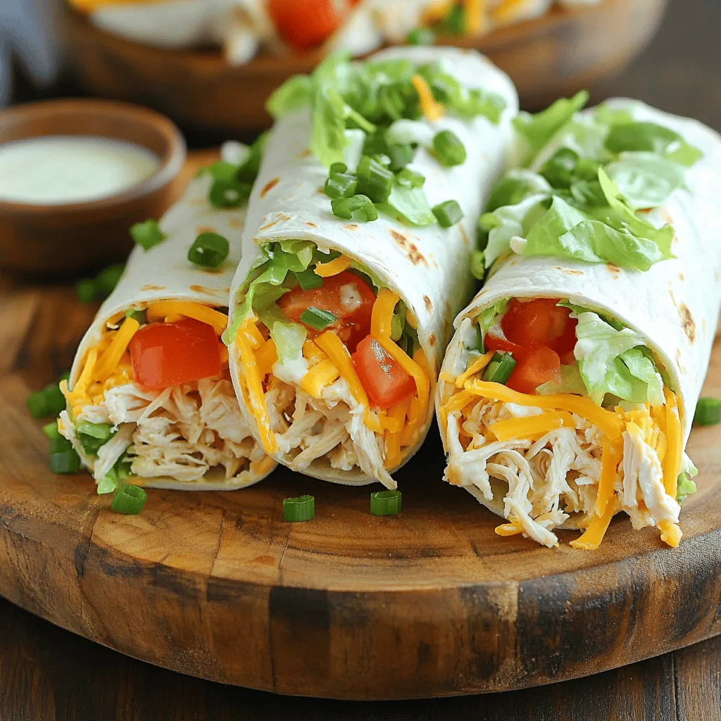 - 2 cups cooked chicken breast, shredded - 1/2 cup ranch dressing - 1 cup shredded lettuce - 1 cup diced tomatoes - 1/2 cup shredded cheese (cheddar or your choice) - 4 large tortillas (flour or whole grain) - 1/4 cup chopped green onions - Salt and pepper to taste To make Easy Chicken Ranch Wraps, you need simple and fresh ingredients. Start with cooked chicken breast. You can use leftovers or rotisserie chicken. Shred the chicken into small pieces. Next, grab some ranch dressing. This adds a rich and creamy flavor. You will also need some crunchy lettuce. Shredded lettuce adds a nice texture. Diced tomatoes give a juicy burst. Choose your favorite cheese, like cheddar. Cheese makes everything better! Tortillas are the base of your wrap. You can use flour or whole grain. Both work well. Green onions add a slight bite. Finally, don’t forget salt and pepper. They help to enhance all the flavors. - Each wrap contains around 400 calories. - Expect about 25 grams of protein. - Fats can be around 20 grams. - Carbohydrates are about 35 grams. Allergens may include dairy and gluten. If you are allergic, check labels on ranch dressing and tortillas. - Step 1: Prepare chicken and ranch mixture First, take your cooked chicken breast and shred it into small pieces. Place the shredded chicken in a mixing bowl. Then add the ranch dressing. Mix it well until each piece of chicken is coated. This step makes the chicken super tasty. - Step 2: Assemble the wraps Next, lay out your large tortillas on a clean flat surface. Spread the chicken mixture evenly on each tortilla. Leave about one inch of space from the edges. Now, top each wrap with shredded lettuce, diced tomatoes, shredded cheese, and chopped green onions. Add salt and pepper to taste for extra flavor. - Step 3: Rolling the wraps Now it’s time to roll! Start at one edge of the tortilla and tightly roll it up. As you roll, fold in the sides to keep the filling inside. This will help keep everything secure and neat. - Step 4: Optional grilling for crunch If you want your wraps crispy, heat a skillet over medium heat. Place the wraps in the skillet and grill for about 2-3 minutes on each side. Look for a golden brown color. This step adds a nice crunch to the wraps. Enjoy your Easy Chicken Ranch Wraps! For the full recipe, check out the details above. To make your chicken ranch wraps even better, follow these tips. First, ensure even distribution of filling. This means spreading the chicken mixture across the tortilla. Leave about an inch from the edges. This helps each bite taste great. Next, avoid soggy tortillas. To do this, don’t overfill your wraps. Use a light hand with ranch dressing. You can also use thicker tortillas. Flour tortillas work well, but whole grain offers a nice taste too. Also, consider grilling the wraps. This gives them a nice crunch and keeps the fillings in place. Pair your chicken ranch wraps with sides like chips or a fresh salad. The crunch from chips adds a fun texture. A simple green salad brightens the meal. You can also serve with extra ranch dressing for dipping. For a great presentation, lay the wraps on a large platter. Add a sprinkle of chopped green onions on top. This adds color and freshness. You can even place small bowls of ranch dressing on the side. This invites guests to dip as they please. {{image_2}} You can change the ranch dressing if you want a new taste. Try using Greek yogurt mixed with herbs for a creamy base. This gives a tangy flavor while cutting some calories. You can also use hummus for a fresh twist, adding a nice layer of taste. For protein, the options are endless. If you prefer turkey, it works great. You can use shredded beef for a heartier wrap. For a vegetarian option, swap the chicken for black beans or grilled veggies. Each option adds a unique flavor and texture. Adding spices can really boost your wraps. A sprinkle of garlic powder or paprika brings warmth. For fresh notes, try adding herbs like cilantro or parsley. They brighten up the dish and add color. You can also toss in extra vegetables. Feel free to add bell peppers, cucumbers, or spinach. These not only add crunch but also increase the nutrition of your wraps. The more colors on your plate, the better it looks and tastes. To keep your chicken ranch wraps fresh, use airtight containers. Glass or plastic containers work great. Make sure the wraps cool down first before sealing. Store them in the fridge for up to three days. If you want to keep them longer, consider freezing. To freeze your wraps, wrap each one in plastic wrap. Then place them in a freezer bag. This helps prevent freezer burn. You can freeze them for up to three months. When you want to eat them, take a wrap out and let it thaw in the fridge overnight. You can also reheat it straight from the freezer. Wrap it in a damp paper towel and microwave for one to two minutes. Enjoy your meal without losing any flavor! Easy Chicken Ranch Wraps stay fresh for about 3 to 4 days in the fridge. Store them in an airtight container to keep them moist. If the wraps sit too long, the tortillas may get soggy. Yes, you can make these wraps ahead of time! Just prepare the chicken mixture and fill the tortillas. Wrap them tightly in plastic wrap or foil. Keep them in the fridge until you are ready to eat. If you need a tortilla alternative, try lettuce leaves. They are a great low-carb option. You can also use pita bread or flatbreads for a different taste and texture. Ranch dressing adds flavor and creaminess. You can swap it for Greek yogurt or another dressing you like. Just make sure it complements the other ingredients. To make these wraps healthier, use whole grain tortillas. Add more veggies like cucumbers or bell peppers. You can also use lean chicken or turkey. This way, you boost the nutrients while keeping the taste. These Easy Chicken Ranch Wraps combine simple ingredients for a tasty meal. We covered everything from the ingredients list to cooking tips. You learned how to store leftovers and make healthy swaps too. Enjoy these wraps as a quick lunch or dinner. With so many options for variations, you can keep things fresh. Don’t hesitate to get creative and make them your own. Happy cooking!