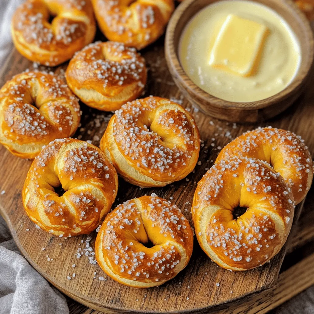 To make delicious air fryer pretzel bites, you need a few key items: - 1 ½ cups warm water (110°F to 115°F) - 1 packet (2 ¼ teaspoons) active dry yeast - 1 tablespoon granulated sugar - 4 cups all-purpose flour - 2 teaspoons salt - ½ cup baking soda - 1 large egg, beaten (for egg wash) - Coarse sea salt for topping These main ingredients create a rich and chewy texture for your bites. The warm water activates the yeast, while the flour gives structure. Sugar feeds the yeast, and salt adds flavor. You can enhance your pretzel bites with some extra touches: - Melted butter for brushing - Dipping sauces like mustard or cheese dip - Variations on toppings, such as garlic powder or sesame seeds Melted butter adds richness. Dipping sauces offer a fun way to enjoy the bites. You can even use different toppings for a unique twist. For example, try a sprinkle of cheese or herbs for added flavor. For the full recipe, check out the link provided. 1. In a large mixing bowl, combine 1 ½ cups of warm water, 1 packet of active dry yeast, and 1 tablespoon of sugar. Let it sit for about 5 minutes until it gets frothy. 2. Add 4 cups of all-purpose flour and 2 teaspoons of salt to the yeast mix. Stir until a dough starts to form. 3. Transfer the dough to a floured surface. Knead for about 5 minutes until it feels smooth and elastic. 1. Place the dough in a lightly oiled bowl. Cover it with a towel. Let it rise in a warm spot for 1 hour or until it doubles in size. 2. Keep the dough at a temperature around 75°F to 80°F. This helps the yeast work well. 1. Once the dough has risen, punch it down. Roll it into a long rope, about 1 inch thick. 2. Cut the rope into small pieces, each about 1 inch long, to make your pretzel bites. 3. In a large pot, bring 10 cups of water to a boil. Add ½ cup of baking soda. Carefully drop the bites in a few at a time. Boil for 30 seconds, then remove them with a slotted spoon. 1. Preheat your air fryer to 375°F (190°C). 2. Brush the boiled pretzel bites with a beaten egg and sprinkle with coarse sea salt. 3. Place the bites in the air fryer basket in a single layer. You may need to do this in batches. Air fry for 7-8 minutes or until golden brown. 4. If you want, brush the hot bites with melted butter for extra flavor. Enjoy these quick and tasty snacks! For the full recipe, check the details provided. Kneading is key for great pretzel bites. It helps develop gluten, giving the bites their chewy texture. Knead the dough for about five minutes. You want it smooth and elastic. For the best rise, find a warm spot in your kitchen. Cover the dough with a towel to keep it cozy. Let it rise until it doubles in size, about one hour. This step is crucial for fluffy bites. Toppings can change the game for your pretzel bites. Try using coarse sea salt for the classic taste. You can also sprinkle on garlic powder, onion flakes, or even everything bagel seasoning. Brushing with melted butter adds a rich flavor. Do this right after air frying for the best taste. It makes the bites shiny and even tastier. Serve your pretzel bites warm for the best experience. Pair them with dips like spicy mustard or creamy cheese sauce. This combo is always a crowd-pleaser. For a fun presentation, arrange the bites on a rustic wooden board. You can add small bowls of dips around them. This makes a lovely spread for parties or movie nights. {{image_2}} You can play with flavors in your pretzel bites. One fun idea is to make cheese-stuffed pretzel bites. Just take small pieces of dough and wrap cheese inside. When they cook, the cheese melts and gives a nice surprise inside. Another option is herb-infused dough. You can add chopped fresh herbs like rosemary or thyme to the dough. This adds a fresh flavor that pairs well with many dips. If you need gluten-free options, use gluten-free flour. It works well for this recipe. You might need to adjust the water amount to help the dough stick together. For vegan substitutes, replace the egg wash with a mixture of plant-based milk and a little oil. This gives a nice color and helps the salt stick. You can also skip the cheese or use plant-based cheese for stuffing. You can make sweet pretzel bites too. Just sprinkle cinnamon sugar on top after they cook. This makes for a tasty treat that’s fun for dessert. For a savory twist, brush the pretzel bites with garlic butter right after they come out of the air fryer. This adds a rich flavor that many people love. Explore these variations to find your favorite way to enjoy your air fryer pretzel bites. For a complete guide on making these treats, check the Full Recipe. To keep your pretzel bites fresh, store them in an airtight container. Place a paper towel inside to absorb moisture. This helps maintain their texture. They will last for 2 to 3 days in the fridge. After that, they may dry out or become tough. The air fryer is the best way to reheat pretzel bites. Set your air fryer to 350°F (175°C). Heat them for about 3 to 5 minutes. This keeps them crispy. Avoid using the microwave. It makes them soggy and chewy. You can freeze pretzel bites before or after cooking. If freezing before cooking, shape and place them on a baking sheet. Freeze them for about 1 hour. Once solid, transfer them to a freezer bag. They can stay frozen for up to 2 months. If freezing after cooking, let them cool first. Then follow the same steps. When ready to eat, just reheat in your air fryer. Enjoy fresh-tasting pretzel bites anytime! To get that perfect golden brown color, follow these tips: - Preheat your air fryer to 375°F (190°C). - Make sure to space the pretzel bites out in the basket. This helps them cook evenly. - Brush the bites with the beaten egg wash. This creates a nice, shiny finish. - Keep an eye on them while cooking. They usually take 7-8 minutes. If they look too pale, give them a minute more. Yes, you can prepare pretzel bites ahead of time. Here’s how: - Make the dough and shape the bites. - Instead of boiling them, place them on a baking sheet. - Cover and freeze them for later. - When you’re ready to enjoy, boil them straight from the freezer. Then, air fry as normal. You can also store boiled bites in the fridge for 1-2 days. You can easily add flavor to your pretzel bites. Here are some ideas: - Mix spices into the dough, like garlic powder or Italian herbs. - Add cheese into the center for a cheesy surprise. - Try different toppings, like everything bagel seasoning or cinnamon sugar. - Serve with unique dips, like spicy mustard or ranch for a fun twist. For the full recipe, check out the Air Fryer Pretzel Bites! Making pretzel bites at home is fun and easy. We covered key ingredients, step-by-step instructions, and different ways to customize your bites. From rising the dough to perfect air frying, it's all about technique. Experiment with toppings and flavors to find what you love. Store your leftovers properly to keep them fresh. With these tips and tricks, you’ll impress family and friends with tasty pretzel bites. Enjoy your baking journey!