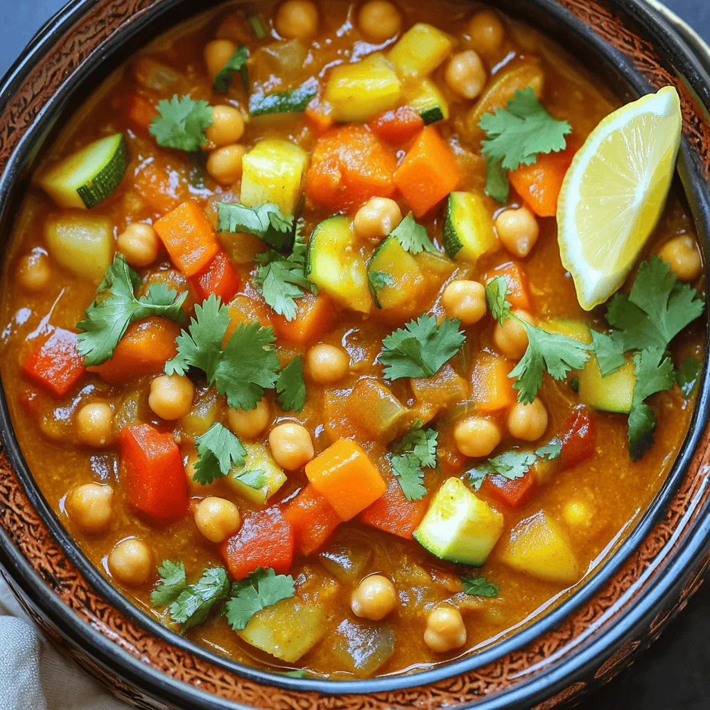 To make a delicious Moroccan Chickpea Tagine, gather these fresh ingredients: - 2 tablespoons olive oil - 1 large onion, finely chopped - 3 cloves garlic, minced - 1-inch piece of ginger, grated - 1 teaspoon ground cumin - 1 teaspoon ground coriander - 1 teaspoon ground cinnamon - 1 teaspoon smoked paprika - 1 can (15 oz) chickpeas, drained and rinsed - 1 large carrot, diced - 1 red bell pepper, chopped - 1 zucchini, chopped - 1 can (14 oz) diced tomatoes - 1 cup vegetable broth - 1/2 cup dried apricots, chopped - Salt and pepper to taste - Fresh cilantro or parsley for garnish - Lemon wedges for serving Each ingredient plays a key role. Olive oil adds richness. The onion, garlic, and ginger create a fragrant base. Spices like cumin and coriander give warmth. Chickpeas provide protein and texture. Carrots and bell peppers bring color and crunch, while zucchini adds moisture. Diced tomatoes and vegetable broth create a savory sauce. Dried apricots add sweetness to balance the spices. Don't forget to season with salt and pepper. Fresh herbs, like cilantro or parsley, add a burst of flavor. Lemon wedges brighten each bite. For the full recipe, check out the [Full Recipe]. With these ingredients, you'll craft a hearty and flavorful tagine that warms the soul. To start, I heat olive oil in a large tagine or Dutch oven over medium heat. I add the finely chopped onion. Sauté it until it becomes soft and translucent, about 5 minutes. Next, I stir in minced garlic and grated ginger. This mixture cooks for another minute, filling your kitchen with an amazing aroma. Then, it’s time to add the spices. I toss in ground cumin, ground coriander, ground cinnamon, and smoked paprika. I stir well to coat the onions with these spices. This step helps release their rich flavors. Now, I add the chickpeas, diced carrot, chopped red bell pepper, and zucchini. I mix all the ingredients together, ensuring even distribution. After that, I pour in the diced tomatoes and vegetable broth. I give everything a good stir and bring the mixture to a gentle simmer. Lastly, I add the chopped dried apricots. I cover the tagine or pot with a lid, reduce the heat to low, and let it simmer for about 25-30 minutes. This allows the vegetables to become tender and the flavors to meld beautifully. The order of spices is crucial for flavor. I always add spices after the onions are soft. This step brings out their best taste. I also watch the heat levels. If the tagine bubbles too much, I lower the heat. Slow cooking helps develop rich, deep flavors. For garnishing, I like to use fresh cilantro or parsley. This adds a pop of color and freshness. When I serve the tagine, I place it in the cooking vessel. This keeps it warm and looks great on the table. It's best enjoyed with warm couscous or crusty bread for dipping. A squeeze of lemon brightens the dish and enhances the flavors. For the full recipe, don’t forget to check the link provided earlier. To make your Moroccan Chickpea Tagine shine, consider adding or swapping vegetables. Try sweet potatoes or eggplant for a new twist. You can also add greens like spinach or kale for extra nutrients. Spices can take your dish to the next level. While cumin, coriander, and cinnamon are great, adding turmeric or cardamom can give it more depth. A pinch of cayenne can add a nice kick if you love heat. Choosing the right cookware is key. A tagine pot is traditional and helps blend flavors. A Dutch oven works well too, giving you the same great taste. Both options trap heat and moisture, making your meal tender. For easier prep, use a sharp knife and a sturdy cutting board. A good peeler is helpful for your vegetables. Also, have measuring spoons and cups ready for your spices. This will save you time and keep your kitchen organized. For the full recipe, refer to the earlier sections. {{image_2}} You can easily make this Moroccan Chickpea Tagine vegan and gluten-free. The ingredients are already plant-based. Just check that your vegetable broth is gluten-free. For a protein boost, try adding tofu or tempeh. Both options soak up the flavors well. Simply cube the tofu or tempeh and add it with the chickpeas. This change makes your meal more filling and satisfying. Different regions offer unique twists on this dish. For example, in some areas, people add sweet potatoes or squash. These ingredients add a nice sweetness and texture. You can also explore local spices or herbs. For instance, adding harissa gives it a spicy kick. Alternatively, use fresh mint or dill for a fresh taste. Each region’s twist makes this dish fun and exciting to make. To keep your Moroccan Chickpea Tagine fresh, store it in the fridge. Use an airtight container. This helps keep the flavors and moisture intact. You can also divide it into smaller portions. This way, it’s easy to grab a quick meal later. - Best practices for storing tagine: - Let the tagine cool to room temperature before storing. - Avoid leaving it out for more than two hours. - Container recommendations: - Use glass or BPA-free plastic containers for easy storage. - Consider using freezer bags for portion control. When it comes to reheating, your goal is to keep the flavor and texture. Use low heat on the stove or a microwave. Stir occasionally to ensure even heating. - Safely reheating for best flavor and texture: - If using a microwave, cover the container loosely. This helps steam the food. - Heat until it reaches 165°F (74°C) to ensure it’s safe to eat. - Tips for freezing portions: - Freeze the tagine in single servings for quick meals. - Lay the bags flat in the freezer. This saves space and helps them freeze faster. By following these tips, you can enjoy your Moroccan Chickpea Tagine long after cooking it. Check out the Full Recipe for more details on preparation! What is a tagine and how is it different from a stew? A tagine is a dish and also a cooking pot. It has a conical lid and is made of clay. The shape keeps steam inside. This helps the food to cook slowly and stay moist. A stew can be made in many pots and does not need a special shape. Tagine uses spices and can have fruits, like apricots, for sweetness. Can I make Moroccan Chickpea Tagine in advance? Yes, you can make it ahead of time. The flavors will blend well if you store it in the fridge. Just let it cool and put it in an airtight container. It tastes even better the next day! You can reheat it on the stove or in the microwave. How can I adjust the spice levels for my family? You can change the spices to fit your taste. If you want it milder, use less cumin and paprika. You can also skip the spices altogether. Add them in small amounts to find the right flavor for your family. What are the cultural significance and origins of this dish? Moroccan tagine has roots in North Africa. It reflects the land's rich history and many cultures. Spices like cumin and cinnamon show the mix of flavors. Tagine is often shared among family and friends. It represents togetherness and warmth in Moroccan culture. Suggestions for side dishes that pair well with the tagine Serve your tagine with warm couscous or crusty bread. You can also add a fresh salad with cucumber and tomatoes. A side of yogurt with herbs creates a nice balance, too. Each adds a different texture and taste to your meal. Enjoy mixing and matching! This blog post covered how to make a delicious Moroccan Chickpea Tagine. We looked at key ingredients, step-by-step instructions, and tips for better flavor. I shared variations to suit different diets and storage tips for leftovers. You can now enjoy a warming meal that’s both easy to prepare and full of nutrients. Remember, cooking should be fun and creative. Explore your tastes and share this dish with friends. Your tagine experience awaits!