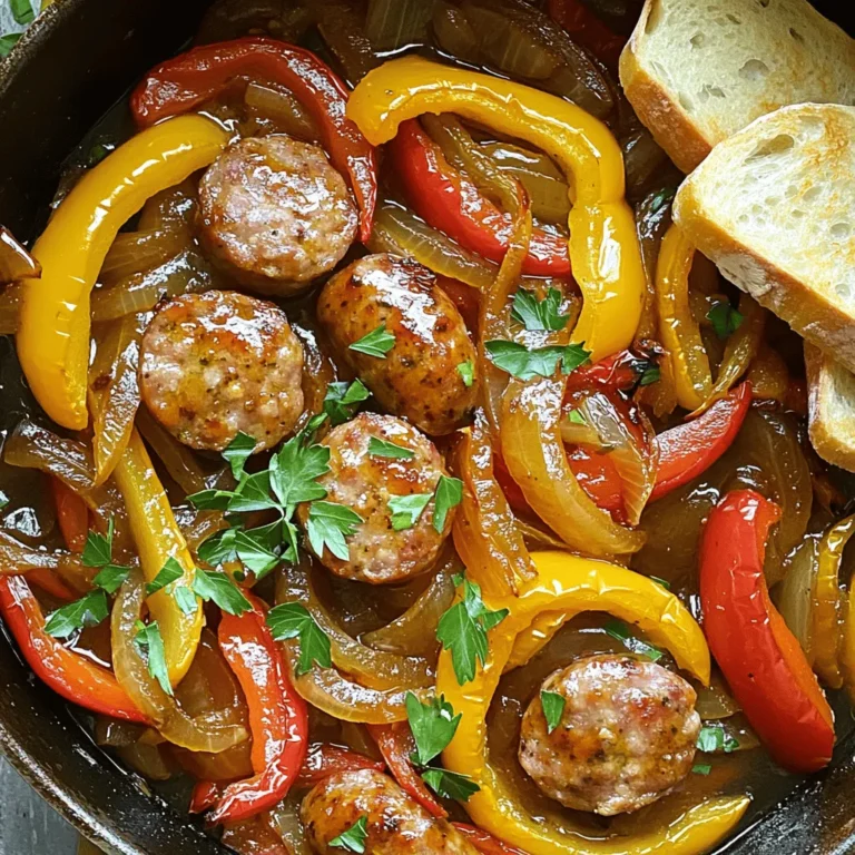To make One Pan Sausage and Peppers, you will need: - 4 Italian sausages (mild or spicy, your choice) - 2 tablespoons olive oil - 1 large onion, sliced - 2 bell peppers (one red, one yellow), sliced - 2 cloves garlic, minced - 1 teaspoon dried oregano - 1 teaspoon paprika - Salt and pepper to taste - Fresh parsley, chopped (for garnish) - Crusty bread (for serving, optional) Using fresh ingredients makes a big difference in taste. Fresh vegetables add color and crunch. They keep the meal vibrant and full of flavor. Fresh herbs, like parsley, elevate the dish. They bring brightness and aroma that dried herbs can't match. When you use quality ingredients, your meal shines. This simple choice can turn a good dish into a great one. If you have allergies, you can still enjoy this recipe. Here are some easy swaps: - Sausages: Try turkey or chicken sausages if you prefer leaner meat. - Olive Oil: Use canola oil or avocado oil if you need a different oil. - Onion: If you cannot eat onions, skip them or use leeks instead. - Bell Peppers: Substitute with zucchini or mushrooms for a different taste. - Garlic: If garlic is a concern, use garlic powder for flavor without the allergen. These swaps help you enjoy the dish while staying safe. To start, gather all your ingredients. This helps you stay organized. You will need: - 4 Italian sausages (mild or spicy, your choice) - 2 tablespoons olive oil - 1 large onion, sliced - 2 bell peppers (one red, one yellow), sliced - 2 cloves garlic, minced - 1 teaspoon dried oregano - 1 teaspoon paprika - Salt and pepper to taste - Fresh parsley, chopped (for garnish) - Crusty bread (for serving, optional) Once you have everything, slice the onion and bell peppers. Mince the garlic. Having these prepped makes cooking easy and fast. Now let's cook! Heat the olive oil in a large skillet over medium heat. I like to use a sturdy pan to ensure even cooking. Add the Italian sausages first. Brown them on all sides, which takes about 5-7 minutes. This step adds flavor. Once browned, remove the sausages and place them on a plate. In the same skillet, toss in the sliced onion and bell peppers. Sauté for 5-6 minutes until they soften. Stir in the minced garlic, oregano, paprika, salt, and pepper. Cook for an additional 1-2 minutes until you smell the spices. This is where the magic happens! Next, slice the sausages into thick pieces. Return them to the skillet and mix everything together. Cover the skillet and let it simmer for about 10-12 minutes. This allows the flavors to meld. Timing is key for perfect sausage. Make sure to check them after simmering. They should be cooked through and juicy. If you're unsure, cut one open to check. Adjust seasoning if needed, then garnish with fresh parsley. Serve hot right from the skillet for a cozy, rustic feel. For the full recipe, check out the [Full Recipe]. To get the best taste, use high-quality Italian sausages. If you like spice, choose spicy sausages. Fresh bell peppers add a sweet crunch. Try using a mix of red and yellow for color. Don't rush the cooking process. Let the onions and peppers soften slowly. This helps build a rich flavor. Always taste your dish before serving. Adjust the salt and pepper as needed. One common mistake is cooking sausage on high heat. This can lead to burnt outsides and raw insides. Always cook on medium heat instead. Another mistake is not letting the dish simmer long enough. This step allows flavors to blend well. Don't forget to slice the sausages before returning them to the skillet. This helps distribute the flavor evenly. Sausage and peppers pair well with crusty bread. The bread soaks up the tasty juices. You can also serve it over rice or pasta for a filling meal. For a fresh touch, add a simple green salad on the side. A glass of red wine complements this dish nicely, enhancing its rich flavors. {{image_2}} You can switch up the sausages to change the taste. Try chicken or turkey sausages for a lighter meal. For a smoky flavor, use chorizo or andouille sausages. You can also swap the bell peppers. Use green, orange, or even poblano peppers for new tastes. Experiment with different herbs and spices too. A bit of thyme or basil can add a fresh twist. For a vegan or vegetarian version, replace the sausages with plant-based options. Use lentils, chickpeas, or tofu to keep it hearty. You can also add portobello mushrooms for a meaty texture. Instead of olive oil, use vegetable broth to sauté the veggies. This keeps the dish light and full of flavor without meat. Want to take this dish up a notch? Add some olives, capers, or sun-dried tomatoes for a burst of flavor. You can also toss in some spinach or kale for extra nutrients. If you like a kick, add red pepper flakes or hot sauce. For a creamy touch, mix in some cream or cheese right before serving. These additions make the meal more exciting and delicious. For the full recipe, check out the One Pan Sausage and Peppers Delight. To keep your One Pan Sausage and Peppers fresh, let it cool first. Place the leftovers in an airtight container. This helps prevent moisture loss and keeps the flavors intact. Store it in the fridge for up to three days. If you have a lot left, consider using smaller containers for easy access. When you're ready to enjoy leftovers, reheat them on the stove. Place the sausage and peppers in a skillet over medium heat. Add a splash of water or broth. This keeps the dish moist. Stir occasionally until heated through, about 5 to 7 minutes. You can also microwave it, but be careful not to overheat. You can freeze One Pan Sausage and Peppers for longer storage. Let it cool completely before freezing. Place the dish in a freezer-safe container. It can last up to three months in the freezer. To reheat, thaw it overnight in the fridge. Then, follow the reheating instructions. This way, you enjoy a hearty meal anytime! For the full recipe, check out the One Pan Sausage and Peppers Delight! It takes about 5-7 minutes to brown the sausages in a pan. You want them to get a nice, golden color. After that, simmer them with the veggies for 10-12 minutes. This ensures they cook through and soak up all the flavors. Yes, you can use other meats. Chicken or turkey work well. You can also try pork or beef. Just ensure they are cut into similar sizes so they cook evenly. Keep in mind that cooking times may vary based on the meat you choose. Several sides go great with this dish. Crusty bread is perfect for soaking up the juices. A fresh salad adds a nice crunch. Roasted potatoes or rice can round out the meal, too. Each side brings its own flavor and texture to the table. This article explored the key ingredients for a tasty sausage and peppers dish. Fresh ingredients elevate flavor, and I shared substitutions for allergies. You learned step-by-step cooking tips to ensure perfect timing. I highlighted common mistakes to avoid and offered pairing suggestions. In the end, mastering this dish means understanding its basics and experimenting with flavors. With the tips in this post, you can create a meal that everyone will love. Enjoy your cooking journey!