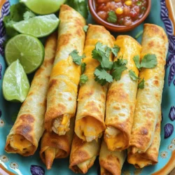 - 2 cups cooked chicken, shredded - 1 cup cream cheese, softened - 1 cup shredded cheddar cheese - 1/2 cup black beans, drained and rinsed - 1/2 cup corn kernels (canned or frozen) - 1 teaspoon cumin - 1 teaspoon garlic powder - 1 teaspoon onion powder - Salt and pepper to taste - 10-12 small flour or corn tortillas - Cooking spray or olive oil for brushing - Fresh cilantro and lime wedges for serving I love using simple ingredients for baked chicken taquitos. This list combines flavors that make each bite tasty. Chicken Alternatives If you want a different taste, try shredded pork or beef instead of chicken. You can also use rotisserie chicken for a quick meal. Cheese Variations Swap cheddar with pepper jack for a spicy kick. Or use mozzarella for a milder, stretchy cheese. Dairy-Free Options To make this dish dairy-free, use vegan cream cheese. You can also choose nutritional yeast for a cheesy flavor without the dairy. The right ingredients make all the difference. Use fresh items for the best taste. Feel free to play around and find what you love! For the full recipe and all the steps, check out the Full Recipe section. 1. Preheat the Oven: Set your oven to 425°F (220°C). This step gets your oven ready to make those taquitos crispy. 2. Prepare the Filling: In a large bowl, mix together the cooked chicken, cream cheese, cheddar cheese, black beans, corn, cumin, garlic powder, and onion powder. Blend well until all ingredients are combined. Don’t forget to add salt and pepper to taste. This filling is what makes your taquitos so tasty. 3. Warm the Tortillas: Heat the tortillas in a dry skillet for about 20 seconds on each side. This softens them and makes them easier to roll. A warm tortilla will hold the filling better. 1. Fill the Tortillas: Take one warm tortilla and place 2-3 tablespoons of the chicken mixture in the center. Roll it tightly from one end to the other. Make sure to secure the filling inside. Repeat this process with all the tortillas. 2. Prepare for Baking: Lay the rolled taquitos seam-side down on a baking sheet lined with parchment paper. Lightly spray or brush them with cooking spray or olive oil. This will help them get crispy while baking. 3. Baking Time and Temperature: Place your baking sheet in the preheated oven. Bake for 15-20 minutes until the taquitos are golden brown and crispy. Keep an eye on them to avoid burning. 1. Garnishing Ideas: Once out of the oven, let the taquitos cool for a few minutes. Garnish with fresh cilantro for a pop of color. 2. Best Dipping Sauces: Serve your taquitos with lime wedges. You can also add salsa or guacamole on the side for dipping. These sauces enhance the flavor and make each bite even better. For the full recipe, check out the detailed guide on making these crispy baked chicken taquitos. Correct Oven Temperature To get crispy taquitos, preheat your oven to 425°F (220°C). This heat locks in moisture and keeps the outside crunchy. If your oven runs cool, the taquitos may turn out soggy. Always use an oven thermometer for accuracy. Prepping Tortillas Properly Warm your tortillas before filling. This makes them bend without breaking. Heat them in a dry skillet for 20 seconds on each side. This step helps keep the filling inside when you roll them up. Using Rotisserie Chicken I love using rotisserie chicken for this recipe. It cuts down on prep time. Just shred the chicken and mix it with your other ingredients. You get great flavor without the work of cooking chicken from scratch. Batch Preparation Tips Make a large batch of taquitos and freeze them. After baking, let them cool, then pack them in an airtight container. You can bake some later for a quick meal. This saves time and makes for easy snacks. Game Day Snacks These taquitos are perfect for game day. Serve them with salsa or guacamole for a crowd-pleasing snack. They are easy to grab and eat while cheering for your team. Quick Weeknight Meals On busy nights, these taquitos shine. They are quick to make and bake. Serve them with a fresh salad or veggies for a complete meal. You can enjoy a tasty dinner without spending hours in the kitchen. {{image_2}} You can change up your baked chicken taquitos with fun flavors. I love adding spicy options, like jalapeños. Just chop them finely and mix them into the filling. This adds heat and excitement. If you want a veggie-filled version, try adding spinach or bell peppers. They add flavor and color! You don’t have to bake taquitos every time. An air fryer is a great choice! Just set it to 400°F (200°C) and cook for about 10-12 minutes. Check them often for crispiness. If you prefer pan-frying, heat some oil in a skillet. Cook each taquito for about 2-3 minutes on each side until golden brown. If you need gluten-free options, use corn tortillas instead of flour. They work perfectly and stay delicious. Want vegetarian taquitos? Skip the chicken and use beans or mushrooms for the filling. Add more cheese or veggies to keep them tasty. You can always mix and match based on what you like! To keep your taquitos fresh, store leftovers in the fridge. Place them in an airtight container. This helps keep moisture out and flavor in. They should stay tasty for up to three days. If you want to save them longer, freezing is a great option. - Refrigeration Tips: Let the taquitos cool down before storing. This prevents steam from making them soggy. You can also wrap each taquito in plastic wrap for extra protection. - Best Practices for Freezing: For freezing, lay taquitos flat on a baking sheet first. Freeze them for about an hour. Once frozen, transfer them to a freezer bag. This way, they won’t stick together. They can last up to three months in the freezer. When you’re ready to enjoy your taquitos again, reheating them properly makes a big difference. - Oven Method for Best Results: Preheat your oven to 400°F (200°C). Place the taquitos on a baking sheet. Heat them for about 10-15 minutes. This will make them nice and crispy again. - Microwave Quick Fixes: If you're in a rush, you can use the microwave. Place the taquitos on a microwave-safe plate. Heat in short bursts of 30 seconds. Keep an eye on them to avoid making them soggy. Knowing how long taquitos last helps you avoid waste. - How Long Do They Last?: If stored in the fridge, taquitos last about three days. In the freezer, they can last up to three months. - Signs of Spoilage: Check for any off smells or a change in texture. If they feel mushy or smell funny, it’s best to throw them out. Always trust your senses to keep your meals safe. Can I make taquitos ahead of time? Yes, you can prepare them in advance. Just fill and roll the taquitos. Place them in a covered dish in the fridge. When you are ready to bake them, just pop them in the oven. How can I make them spicier? To add heat, mix in diced jalapeños or hot sauce. You can also use spicy cheese for an extra kick. Adjust the spices in the filling to match your taste. What should I serve with taquitos? Taquitos pair well with salsa, guacamole, or sour cream. You can also serve them with a fresh salad for a crunchy side. Are taquitos healthy? Baked chicken taquitos can be a healthy choice. They use lean chicken and veggies. Baking instead of frying cuts down on fat. Portion control helps too. Can I make taquitos without cheese? Yes! You can skip cheese and add more veggies. Try using mashed avocado or beans for creaminess. How to customize the filling for picky eaters? For picky eaters, keep it simple. Use just chicken and cheese. You can add familiar veggies like corn. Let them choose their favorite dips. What is the best way to fry taquitos if I don’t want to bake? If you prefer frying, heat oil in a pan. Fry taquitos seam-side down until golden brown. Turn them for even cooking. Drain on paper towels to remove excess oil. For the full recipe, check out the detailed instructions provided. In this article, we explored how to make baked chicken taquitos. We discussed the key ingredients, step-by-step instructions, and helpful tips for perfect results. You can easily customize these taquitos, making them fit your taste. Whether you want a snack for game day or a quick dinner, taquitos are great. Enjoy experimenting with flavors and cooking methods to make them your own. With practice, you will impress everyone with your delicious creations.