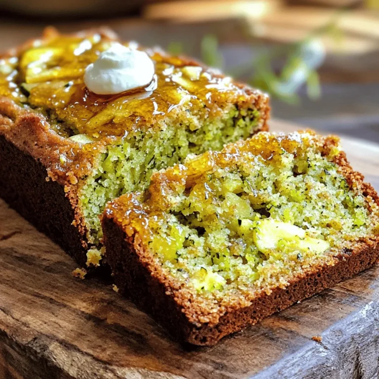 - Zucchini and Apple Requirements - 1 medium zucchini, grated - 1 medium apple, peeled and grated (choose a sweet variety like Fuji or Gala) - Key Dry Ingredients - 2 cups all-purpose flour - 1 cup granulated sugar - 1/2 cup brown sugar, packed - 1/2 cup vegetable oil - 2 large eggs, beaten - 1 teaspoon vanilla extract - 1 teaspoon baking soda - 1/2 teaspoon baking powder - 1/2 teaspoon salt - 1 teaspoon ground cinnamon - 1/4 teaspoon ground nutmeg - Optional Add-ins - 1/2 cup chopped walnuts or pecans Gathering these ingredients will set you up for success. The combination of zucchini and apple gives this bread a moist texture and sweet flavor. Using a sweet apple like Fuji or Gala is key. The spices elevate the dish, adding warmth. If you want a crunch, add nuts. This blend creates a simple yet delicious treat. Check out the Full Recipe for step-by-step guidance. Preheating and Pan Preparation Start by preheating your oven to 350°F (175°C). This step is key. While it heats, grease a 9x5-inch loaf pan with butter or cooking spray. You can also line it with parchment paper. This helps in easy removal later. Preparing the Zucchini and Apple Next, take your medium zucchini and apple. Grate both using a box grater. You want them to blend well into the bread. If the grated mix looks too wet, squeeze out extra moisture with a clean cloth or paper towel. This will help keep the bread from being soggy. Combining Wet Ingredients In a large bowl, mix together your sugars and vegetable oil. Use a whisk to blend them until smooth. Then, add in the beaten eggs and vanilla extract. Make sure to mix well until everything is combined. Adding Dry Ingredients In another bowl, sift together the flour, baking soda, baking powder, salt, cinnamon, and nutmeg. Slowly add this dry mix to the wet ingredients. Stir gently until just combined. Be careful not to overmix; this keeps the bread nice and fluffy. Pouring the Batter into the Pan Now, fold in the grated zucchini and apple. If you like, add chopped walnuts or pecans at this stage. Pour the batter into the prepared loaf pan. Smooth the top with a spatula to ensure even baking. Checking for Doneness Place the pan in the preheated oven. Bake for 50 to 60 minutes. To check if it’s done, insert a toothpick into the center. If it comes out clean, your bread is ready. Let it cool in the pan for about 10 minutes, then transfer it to a wire rack. Enjoy the delightful aroma while it cools! Moisture Management Zucchini and apple bring moisture to your bread. This is great, but too much can make it soggy. To manage moisture, grate your zucchini and apple. Then, use a clean cloth to squeeze out excess liquid. This keeps your bread from being too wet. Avoiding Overmixing When mixing, do it gently. Overmixing can make the bread tough. Mix until you see no dry flour. Then fold in your zucchini and apple. This helps keep your bread light and fluffy. Spice Recommendations Spices can boost your bread's flavor. I love adding ground cinnamon and nutmeg. They give a warm, cozy taste. You can try adding a pinch of ginger or allspice for something new. Additions for Extra Flavor Consider adding chopped nuts or chocolate chips. Walnuts or pecans offer crunch and depth. You can swap them for chocolate chips if you want a sweeter treat. Dried fruit like raisins or cranberries also works well. Serving Suggestions Slice the Zucchini Apple Bread and serve it warm or at room temperature. It looks nice on a wooden board. Pair it with a cup of tea or coffee for a delightful snack. Toppings and Garnishes For extra flair, drizzle honey on top. A dollop of cream cheese spread adds richness. You can also sprinkle powdered sugar for a sweet touch. These garnishes make your bread look and taste even better. {{image_2}} You can customize your zucchini apple bread with fun flavors. Adding different nuts can bring a nice crunch. I love using walnuts or pecans. They add depth and texture to each bite. If you want a sweet twist, try incorporating chocolate chips. They melt into the bread and create a delicious treat. If you need a gluten-free version, swap the all-purpose flour for a gluten-free blend. This keeps the bread light and tasty. For vegan substitutions, you can replace the eggs with flaxseed meal or applesauce. Use a plant-based oil too, like coconut oil, for a rich flavor. You can make muffins instead of bread. Muffins bake faster and are great for snacks. Just adjust the baking time to about 20-25 minutes. Another fun idea is to use different bread sizes. Try mini loaf pans for smaller portions. They are perfect for sharing or gifting. For the full recipe, check out the complete guide to making zucchini apple bread. Room Temperature Storage Store your Zucchini Apple Bread at room temperature. Place it in a sealed container or cover it tightly with plastic wrap. This keeps the bread fresh and moist. It can stay good for up to three days. Refrigeration Recommendation If you want it to last longer, place the bread in the fridge. Wrap it well in plastic wrap or foil. This method can extend its freshness for about one week. Just remember that cold air can dry it out, so wrap it tightly. How to Freeze for Later To freeze your Zucchini Apple Bread, let it cool completely first. Then, slice it into pieces. Wrap each slice in plastic wrap and place them in a freezer-safe bag. You can also freeze the whole loaf. Just wrap it tightly to prevent freezer burn. It will stay fresh for up to three months. Reheating Tips When you're ready to enjoy your frozen bread, remove it from the freezer. Let it thaw in the fridge overnight. For a quick option, use the microwave. Heat a slice for about 15 seconds. This keeps it soft and tasty. Freshness Guidelines Zucchini Apple Bread tastes best when fresh. At room temperature, enjoy it within three days. In the fridge, it’s good for about one week. If frozen, use it within three months for the best flavor. Signs of Spoilage Check for any mold or an off smell. If the bread feels dry or hard, it’s time to toss it. Always trust your senses. They help you know when it's no longer good to eat. How to Tell When Zucchini Apple Bread is Done? You can check if your bread is done by using a toothpick. Insert it in the center of the loaf. If it comes out clean, the bread is ready. If it’s wet, give it more time. The top should be golden brown and spring back when touched. Can I Substitute Ingredients? Yes, you can substitute some ingredients. For example, use coconut oil instead of vegetable oil. You can swap granulated sugar for honey or maple syrup. If you want a gluten-free option, use a gluten-free flour blend. What to Do If the Bread is Too Dense? If your bread turns out dense, it might be due to overmixing. Mix only until the dry ingredients are combined. Also, make sure to measure the flour correctly. Too much flour can lead to dense bread. Can I Use a Different Pan Size? You can use a different pan size, but keep an eye on the baking time. A smaller pan may require longer baking, while a larger pan may cook faster. Always test for doneness with a toothpick. Calorie Count per Slice Each slice of Zucchini Apple Bread has about 150 calories. This can vary based on the added ingredients. If you add nuts, the calorie count will increase slightly. Nutritional Benefits of Ingredients Zucchini is low in calories and high in vitamins. It adds moisture without much fat. Apples provide fiber and natural sweetness. The nuts add healthy fats and protein. Together, these ingredients create a tasty and nutritious treat. In this article, we covered everything you need for making Zucchini Apple Bread. You learned about the key ingredients and how to mix and bake them properly. I shared tips for perfect texture, flavor boosts, and how to serve it best. You also found variations and storage tips to enjoy this bread longer. Remember, baking is a fun way to experiment. Don’t hesitate to try new flavors or ingredients. Enjoy the process and your delicious results!