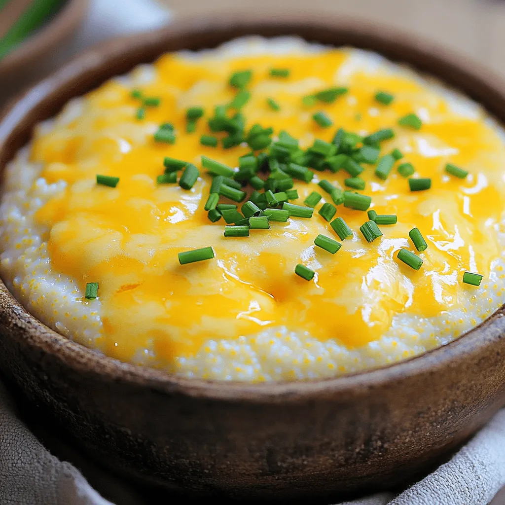 To make simple cheesy grits, gather these ingredients: - 1 cup stone-ground grits - 4 cups chicken or vegetable broth - 1 cup shredded sharp cheddar cheese - 1/2 cup heavy cream - 2 tablespoons unsalted butter These ingredients are key to a creamy and rich dish. Stone-ground grits provide texture and flavor. The broth adds depth, while both heavy cream and butter enhance creaminess. The sharp cheddar cheese gives that melty, cheesy goodness we love. For seasoning and garnish, you will need: - 1/2 teaspoon garlic powder - Salt and pepper to taste - 2 tablespoons chopped fresh chives Garlic powder boosts flavor without overpowering. Salt and pepper are essential for balance. Chives add a fresh touch and a pop of color to your dish. You might want to try these optional ingredients: - Additional cheese varieties - Spices for flavor enhancement Experimenting with different cheeses can bring new flavors. Consider adding spices like paprika or cayenne for a kick. Each variation can make your grits unique and exciting. For the full recipe, check out the details above. To start, bring your broth to a boil in a medium saucepan. You can use either chicken or vegetable broth. Chicken broth adds a rich taste, while vegetable broth offers a lighter flavor. I prefer chicken for its depth, but both work well. Once your broth boils, slowly whisk in the stone-ground grits. This helps prevent lumps. Reduce the heat to low and keep stirring. Cook the grits for about 20 to 25 minutes. Stir occasionally to ensure even cooking. You want them thick and creamy, so don’t rush this step. Now it’s time to make your grits truly delicious. Stir in the heavy cream and butter. This adds a lovely richness. Next, mix in half of the sharp cheddar cheese. Keep stirring until everything melts together. Season with salt and pepper to taste. If the grits are too thick, add a splash of broth or cream. Serve them in bowls, topped with more cheese and a sprinkle of fresh chives. For the full recipe, check the earlier section. To get the right thickness, you can adjust your grits with broth or cream. If your grits seem too thick, add a splash of broth or cream. Stir well to mix it in. This will help you reach a creamy texture. To avoid lumps while cooking, whisk the grits slowly as you pour them into the boiling broth. This will keep them smooth and creamy. Using the right cheese can boost the flavor of your grits. Sharp cheddar is a great choice for its bold taste. You can also try gouda or pepper jack for something different. Mixing different cheeses adds depth to your dish. A blend of cheddar and mozzarella can create a nice stretch and creaminess. Adding toppings can enhance the flavor of your cheesy grits. Consider crispy bacon or sautéed mushrooms for a savory touch. Fresh herbs like parsley or basil can add brightness. For a full meal, pair your grits with grilled chicken or vegetables. This makes for a hearty and delicious plate. For the full recipe, check out the complete guide on creamy cheesy grits delight! {{image_2}} You can change up your cheesy grits in fun ways. For a spicy kick, add chopped jalapeños. They bring heat and a nice crunch. If you want something fresh, try adding herbs like thyme or parsley. These herbs brighten up the dish and add a nice flavor. Need to make it gluten-free? Just check that your grits are labeled gluten-free. Most stone-ground grits are safe. For vegan options, swap the heavy cream and butter for plant-based versions. Use coconut cream and vegan butter for a rich taste. Want to make your grits in a slow cooker? Simply combine the grits and broth in the pot. Cook them on low for about 4 hours. This method gives the grits a nice creamy texture. If you’re short on time, use an Instant Pot. Cook them under pressure for about 10 minutes for quick and easy grits. For the full recipe, check out the [Full Recipe]. To store leftover grits, let them cool down first. Place them in an airtight container. This keeps out moisture and air. Store them in the fridge for up to three days. If you keep them longer, they may lose flavor and texture. If you want to keep cheesy grits longer, freezing is a great option. First, cool the grits completely. Spoon them into freezer-safe bags or containers. Make sure to remove any excess air. Label them with the date. You can freeze them for up to three months. To reheat frozen grits, move them to the fridge a day before. This helps them thaw slowly. If you’re in a rush, use the microwave on low power. Stir them often to ensure even heating. When reheating grits, you have a few good methods. The microwave is quick and easy. Heat them in short bursts, stirring in between. You can also reheat them on the stove. Add a little broth or cream to keep them creamy. Avoid the rubbery texture by stirring well. If they seem too thick, add more liquid. This keeps the grits smooth and delicious. Enjoy your creamy cheesy grits, even after storage! For the full recipe, check out the [Full Recipe]. For the best flavor and texture, I always choose stone-ground grits. They cook up creamy and have a great taste. Instant grits can work, but they lack the rich flavor of stone-ground. Always check the package to ensure freshness. Fresh grits yield the best results. Yes, you can make cheesy grits ahead of time. Just prepare them as directed and let them cool. Store them in an airtight container in the fridge for up to three days. When you’re ready to enjoy, reheat them slowly on the stove. Add a bit of broth or cream to bring back the creaminess. If your grits turn out too thick, don’t worry! Just add a little more broth or cream. Stir well to mix it in. If they feel gummy, ensure you whisk them well while cooking. This helps break up lumps. Cooking them on low heat also helps keep them smooth. Cheesy grits pair well with many dishes. Try serving them with shrimp for a classic combo. They also go great with fried chicken or sautéed greens. For a vegetarian option, serve them with roasted vegetables. You can even top them with a fried egg for a tasty brunch! Check out the Full Recipe for more ideas. Simple cheesy grits combine easy ingredients and clear steps to create a delicious dish. We covered key ingredients, cooking methods, and helpful tips to ensure great results. You can adapt the recipe for different diets and flavors too. In the end, you have the tools to make cheesy grits your own. Enjoy experimenting with variations and serving suggestions to delight your taste buds!
