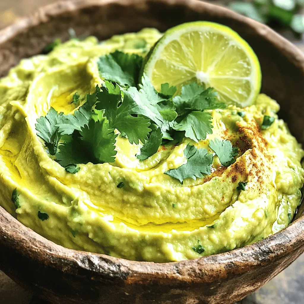 - 2 ripe avocados - 1 lime, juiced - 1 garlic clove, minced - 1/4 cup fresh cilantro, chopped - 1 jalapeño, seeded and finely chopped - 1/2 teaspoon ground cumin - Salt and pepper to taste - 1/4 cup Greek yogurt (optional) To make the best Zesty Avocado Lime Dip, you need fresh ingredients. Ripe avocados are key for creaminess. The lime juice adds a bright flavor. Garlic gives it a nice kick. Fresh cilantro brings a cool taste. Jalapeño gives it heat, but you can adjust that. Ground cumin adds warmth and depth. Salt and pepper enhance all the flavors. Greek yogurt can make it creamier, but it’s optional. - Mixing bowl - Fork - Measuring cups and spoons - Knife and cutting board You will need a few basic tools. A mixing bowl helps to combine everything well. A fork is perfect for mashing the avocados. Use measuring cups and spoons for accurate amounts. A knife and cutting board are essential for chopping the garlic, cilantro, and jalapeño. - Servings: 4-6 This recipe serves 4 to 6 people. It’s great for sharing at parties or family gatherings. You can adjust the amounts if you need more or less dip. Just remember, the flavors will shine best when fresh! For the full recipe, check the earlier section. 1. Start by cutting the avocados in half. Remove the big pit and scoop the soft flesh into a mixing bowl. 2. Squeeze in the lime juice right away. This step helps keep the dip green. Use a fork to mash the avocado until it is creamy but still a bit chunky. 3. Next, add the minced garlic, chopped cilantro, and finely chopped jalapeño. Mix these ingredients in well to blend the flavors together. 1. Now it’s time to season the dip. Add 1/2 teaspoon of cumin for a warm flavor. 2. Taste the dip and sprinkle in salt and pepper to your liking. This is where you can make it your own! 3. If you want a creamier dip, fold in 1/4 cup of Greek yogurt. Mix gently and taste again, adjusting the seasoning if needed. 1. Transfer the dip into a nice serving bowl. This makes it look inviting for your guests. 2. For a finishing touch, garnish with more chopped cilantro or a lime wedge on top. This adds color and freshness to your dish. Now you have a tasty Zesty Avocado Lime Dip ready to enjoy! For the Full Recipe, check out the instructions above. Choose ripe avocados for the best taste. Ripe avocados feel soft when you squeeze them. If they feel hard, they are unripe. For a quick test, press gently on the skin with your fingertips. If it gives a little, it's ready to eat. If it feels too firm, let it sit for a day or two. To make your dip pop, add spices like chili powder or smoked paprika. These spices add warmth and depth. You can also top your dip with diced tomatoes or crumbled feta cheese for extra flavor. Try adding a sprinkle of lime zest for a fresh twist. Serve your dip in a colorful bowl to make it stand out. You can also create a fun platter with sliced veggies or tortilla chips around it. This makes it easy for guests to dive in. Pair it with crunchy veggies like carrot sticks or bell pepper slices for a healthy snack. For a twist, try serving it on toast or with grilled meats. For the full recipe, click here. {{image_2}} You can make the Zesty Avocado Lime Dip even more fun with some tasty twists. To add heat, try these two options: - Adding more jalapeño: If you love spice, throw in an extra jalapeño. This will give your dip a nice kick. - Incorporating hot sauce: A few dashes of your favorite hot sauce can make this dip sing. Choose one that matches your heat level. You can change the texture and taste with these creamy swaps: - Using sour cream instead of Greek yogurt: Sour cream adds a tangy flavor that many enjoy. It also makes the dip ultra-smooth. - Adding cream cheese: For a richer dip, mix in some softened cream cheese. This gives a thick, velvety finish. Get creative by adding these special ingredients: - Roasted corn: Toss in some sweet roasted corn for a crunchy surprise. It adds flavor and texture. - Black beans: These beans bring a nice earthiness to the dip. They also boost the protein content, making it more filling. Try these variations to make your Zesty Avocado Lime Dip truly your own. For more detailed steps, check the Full Recipe. To keep your dip fresh, store it in the fridge. Use an airtight container to prevent air exposure. This helps keep the dip from turning brown. If you have a smaller container, use it to reduce air space. You can freeze the dip for later use. Scoop the dip into a freezer-safe container. Leave some space at the top, as it may expand. When you're ready to eat, thaw it in the fridge overnight. This keeps the texture nice. In the fridge, the dip lasts about 2-3 days. Check for any off smells or changes in color. If it looks good, it is safe to eat. Enjoy it with chips or veggies for a tasty snack. For the full recipe, refer back to the Zesty Avocado Lime Dip section. Zesty Avocado Lime Dip lasts about 2-3 days in the fridge. Store it in an airtight container. This helps keep it fresh and tasty. Yes, you can make this dip ahead of time. Prepare it a few hours before serving. Just store it in the fridge. It’s best to add lime juice as soon as you mash the avocados. This keeps the dip bright and green. This dip pairs well with many snacks. Try it with: - Tortilla chips - Fresh veggies, like carrots and cucumbers - Quesadillas - Tacos - Grilled chicken It also makes a great spread for sandwiches or wraps. To prevent browning, add lime juice right away. The acid helps slow down oxidation. Cover the dip tightly with plastic wrap, pressing it against the surface. This limits air exposure. If you notice browning, just stir it before serving. It will still taste great! For the full recipe, check out the Zesty Avocado Lime Dip section. In this guide, we explored how to make a fresh, zesty avocado lime dip. We covered the key ingredients, tools, and steps needed for a tasty treat. You learned tips for choosing perfect avocados and how to enhance the dip's flavor. We also shared fun variations and storage advice. Remember, fresh is best, so enjoy your dip soon after making it. Use this dip to elevate snacks or meals. Now, it's time to get creative and share your delicious dip with friends!