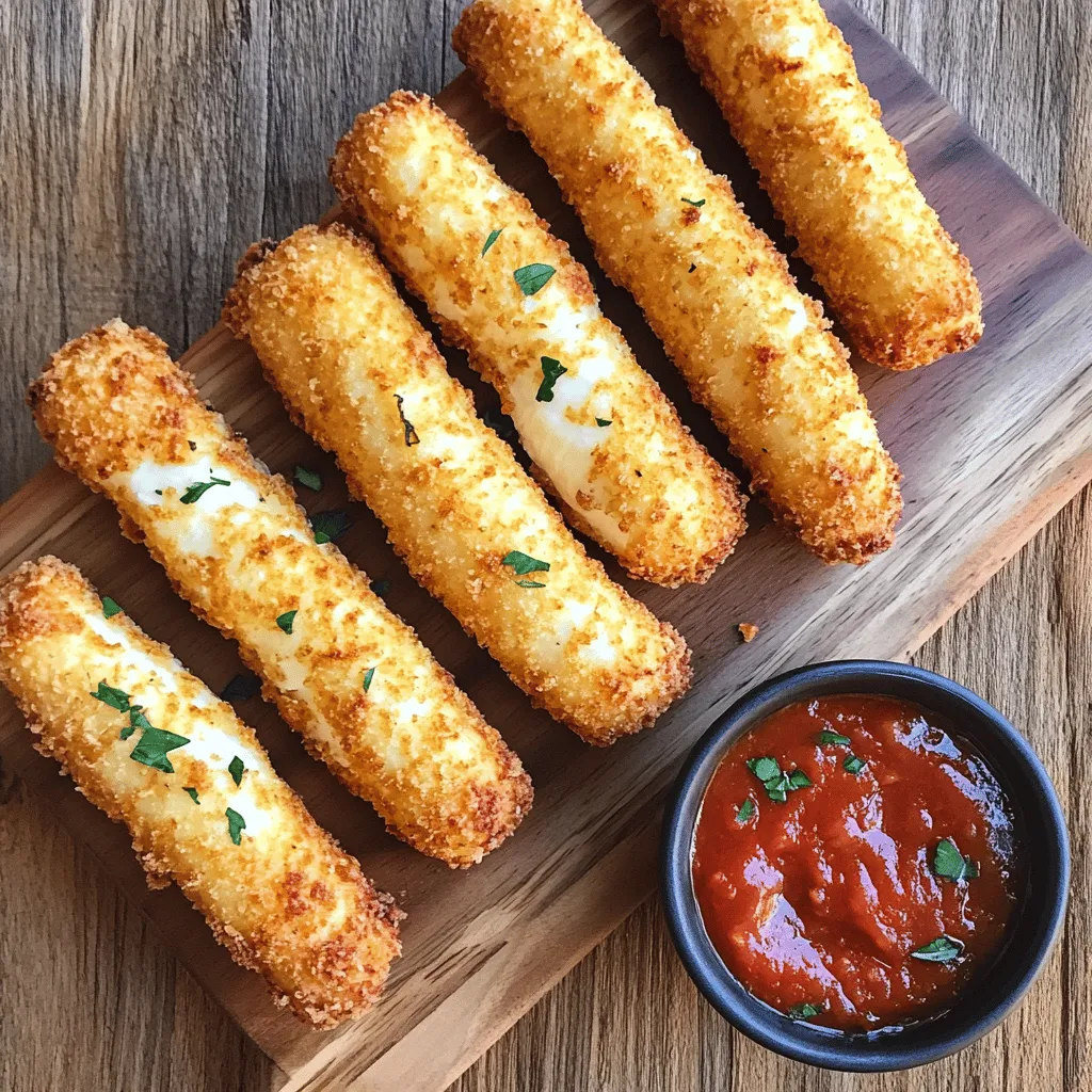 To make crispy air fryer mozzarella sticks, you will need: - 12 mozzarella string cheese sticks - 1 cup all-purpose flour - 2 large eggs, beaten - 1 cup breadcrumbs (preferably panko for extra crunch) - 1 teaspoon garlic powder - 1 teaspoon Italian seasoning - ½ teaspoon salt - ½ teaspoon black pepper - Cooking spray These ingredients create the perfect blend for tasty, crispy bites of cheese. You can add a few extra ingredients to boost the taste: - Fresh herbs like parsley or basil - Crushed red pepper for heat - Parmesan cheese for added richness These options let you customize the flavor to your liking. If you don’t have an ingredient, don’t worry. Here are some simple swaps: - Use gluten-free flour for a gluten-free option. - Swap eggs with flaxseed meal mixed with water for a vegan alternative. - Try using whole wheat breadcrumbs for a healthier twist. These substitutions keep your recipe flexible and fun. For the full recipe, check the earlier section. To start, grab your mozzarella string cheese sticks. Cut each stick in half. This gives you 24 shorter mozzarella sticks. Shorter sticks cook better and are easier to dip. Now, let’s set up your breading station. You need three shallow dishes. In the first dish, add 1 cup of all-purpose flour. In the second dish, pour in 2 large beaten eggs. In the last dish, mix 1 cup of breadcrumbs with 1 teaspoon of garlic powder, 1 teaspoon of Italian seasoning, ½ teaspoon of salt, and ½ teaspoon of black pepper. This mix gives great flavor! Time to bread those cheese sticks! Take one mozzarella stick and dip it into the flour, covering it fully. Next, dip it into the beaten eggs. Let any extra egg drip off. Finally, roll it in the breadcrumb mixture. Press lightly to help the crumbs stick well. Repeat this for all 24 mozzarella sticks. Once breaded, place the mozzarella sticks on a plate lined with parchment paper. Put them in the freezer for at least 30 minutes. Chilling helps them hold their shape while cooking. Now, it’s time to air fry! Preheat your air fryer to 375°F (190°C) for about 5 minutes. Lightly spray the air fryer basket with cooking spray. Place the frozen mozzarella sticks in a single layer, making sure they don’t touch. Give the tops a quick spray of cooking spray too. Cook for 6-8 minutes until they turn golden brown and crispy. Shake the basket halfway through for even cooking. Enjoy these crispy delights with marinara sauce! You can find the full recipe above. To get the best crispy texture, follow a few key steps. First, use panko breadcrumbs. They create a light and crunchy crust. Make sure to coat the mozzarella sticks well. This ensures every bite is crispy. Freezing the sticks before cooking is important too. It helps them hold their shape and stay crispy. When it comes to cooking spray versus oil, I prefer cooking spray. It gives an even layer without making the sticks too greasy. Oil can sometimes lead to soggy results. A light spray on the mozzarella sticks helps them crisp up nicely in the air fryer. Avoid some common mistakes for the best results. First, don’t skip the chilling step. It helps the cheese stay inside the stick. Also, don’t overcrowd the air fryer basket. Leave space between each stick for proper air flow. Lastly, don’t rush the cooking time. Monitor them closely to avoid burning. For the full recipe, check out the Crispy Air Fryer Mozzarella Sticks instructions. {{image_2}} You can add spinach to your mozzarella sticks for a tasty twist. Start with fresh spinach. Sauté it briefly in a pan until wilted. Then, chop it finely. Mix this chopped spinach into the breadcrumb mixture. It adds flavor and some color to your dish. These cheesy spinach and mozzarella sticks give a nice, healthy touch. For those who love heat, try adding jalapeños. Finely chop fresh jalapeños and mix them into the breadcrumbs. You can adjust the amount based on how spicy you want. This variation gives your mozzarella sticks a fun kick. It pairs great with a cooling dip like ranch or sour cream. Dipping sauces can really elevate your mozzarella sticks. Classic marinara sauce is a must. You can also try ranch dressing or a spicy sriracha mayo. For a fun twist, mix cream cheese with herbs for a rich dip. Each sauce brings out different flavors and makes your snack even better. Explore various sauces to find your favorite! To store leftover mozzarella sticks, let them cool first. Place them in an airtight container. Keep them in the fridge for up to three days. If you want to keep them longer, consider freezing them. This way, you can enjoy them later without losing their taste. To reheat mozzarella sticks, use the air fryer for the best results. Preheat the air fryer to 350°F (175°C). Place the sticks in a single layer. Heat them for about 4-5 minutes until they are warm and crispy. You can also use an oven if you prefer. Set it to 375°F (190°C) and bake for 8-10 minutes. This method helps keep them crunchy. You can freeze uncooked mozzarella sticks for later use. After breading, lay them on a baking sheet lined with parchment paper. Make sure they don’t touch each other. Freeze them for about 1-2 hours until solid. Then, transfer them to a freezer bag or container. They will stay fresh for up to three months. You can cook them directly from frozen when you're ready to eat. Just add a few extra minutes to the cooking time. You can tell when mozzarella sticks are done by their color. Look for a golden-brown crust. You can also check the texture. They should feel crispy on the outside. A great way to check is to take one out and cut it. If the cheese is gooey and melty, they are perfect! Just make sure to keep an eye on them while they cook. You don’t want them to overcook and become hard. Yes, you can make these ahead of time! Prepare the mozzarella sticks and bread them as directed. Then, freeze them on a plate for about 30 minutes. After they are firm, transfer them to a zip-top bag. Store them in the freezer for up to three months. When you're ready to cook, just air fry them straight from the freezer. No need to thaw! You have many options for dipping sauces! Marinara sauce is a classic choice. It adds a nice tang and flavor. You can also try ranch dressing for a creamy dip. If you prefer something spicy, buffalo sauce is great too. For a twist, consider honey mustard or even a garlic aioli. Choose what sounds best to you! If your mozzarella sticks leak cheese, it might be due to two reasons. First, they may not have been chilled long enough before cooking. Freezing them helps keep the cheese inside. Second, they might be overcooked. Keep an eye on the cooking time. If you notice them leaking, try cooking them for a shorter time next time. Follow the Full Recipe for best results! Crispy air fryer mozzarella sticks are easy to make with the right ingredients and steps. We explored required and optional ingredients, along with smart substitutions for flavor. I shared step-by-step instructions that ensure a perfect breading and chilling process. Key tips help you avoid common mistakes for the best results. Don’t forget the fun variations to spice things up and tasty dipping sauces to enjoy. Proper storage and reheating can keep your leftovers crispy. You can now enjoy delicious mozzarella sticks any time!