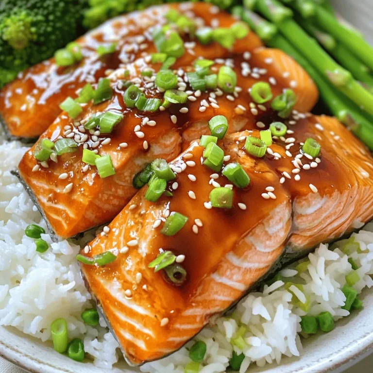 - 4 salmon fillets (about 6 ounces each) - 1/4 cup soy sauce (low-sodium) - 1/4 cup honey - 2 tablespoons rice vinegar - 1 tablespoon grated fresh ginger - 2 cloves garlic, minced - 1 tablespoon sesame oil The main ingredient is salmon. You want fresh fillets for the best taste. Low-sodium soy sauce adds flavor without too much salt. Honey gives a sweet touch that balances the sauce. Rice vinegar adds a nice tang, while ginger and garlic bring warmth. Sesame oil adds richness and depth. - 2 tablespoons green onions, finely chopped (for garnish) - 1 tablespoon sesame seeds (for garnish) - Steamed rice, for serving - Steamed broccoli or asparagus, for serving Garnishes can make your dish pop. Green onions add a fresh bite. Sesame seeds add crunch and look nice. For sides, steamed rice is perfect. It soaks up the sauce well. Broccoli or asparagus adds color and nutrition. These sides complete the meal and make it more filling. For the full recipe, check out the provided details. To make the teriyaki flavor pop, you need to mix the ingredients well. In a medium bowl, whisk together: - 1/4 cup low-sodium soy sauce - 1/4 cup honey - 2 tablespoons rice vinegar - 1 tablespoon grated fresh ginger - 2 cloves garlic, minced - 1 tablespoon sesame oil Mix until you have a smooth sauce. Low-sodium soy sauce is key. It keeps the dish from being too salty and allows the other flavors to shine. For marinating, place the salmon fillets in a resealable bag or shallow dish. Pour half of the marinade over them. Seal the bag or cover the dish. Let the salmon sit in the fridge for 30 minutes to 1 hour. This time helps the fish absorb the flavors. First, preheat your oven to 400°F (200°C). Once hot, remove the salmon from the marinade. Place it on a baking sheet lined with parchment paper. Brush the fillets with some of the remaining marinade. Bake the salmon for 12-15 minutes. You want it to be cooked through and flaky. In the last 2-3 minutes, turn on the broiler. Baste the salmon with more marinade. Broil until the top is caramelized and slightly crispy. Watch it closely to avoid burning. With these steps, you will have a simple and tasty teriyaki salmon that’s sure to impress! For the full recipe, check the section above. Understanding Cooking Times Cooking salmon can be simple when you know the times. For fillets, bake for 12 to 15 minutes at 400°F (200°C). Thicker pieces may need a bit longer. Always check the salmon's thickness. A good rule is to cook for about 4 to 6 minutes per half-inch of thickness. Checking for Doneness To check if your salmon is done, use a fork. Gently flake the thickest part. If it flakes easily and is opaque, it’s ready. You can also use a meat thermometer. Aim for an internal temp of 145°F (63°C). If you prefer it a bit less cooked, go for 125°F (52°C). Additional Marinade Ideas While the teriyaki marinade is great, you can mix it up. Try adding orange juice for sweetness or chili paste for heat. A splash of lime juice can brighten the flavor. You can also swap honey for maple syrup for a different sweetness. Alternative Ingredients for Varied Flavor Change up the salmon with different fish like trout or tuna. You can use coconut aminos instead of soy sauce for a soy-free option. Add fresh herbs like cilantro or basil for a pop of freshness. If you want a nutty flavor, toss in some crushed peanuts or walnuts. For the full recipe, check out the [Full Recipe]. {{image_2}} You can enjoy teriyaki salmon in many ways. The two most popular styles are grilled and baked. - Grilled Salmon: Grilling gives the salmon a smoky flavor. The high heat creates a nice char. Just brush the marinade on before grilling. Cook for about 4-6 minutes per side. Make sure to watch it closely! - Baked Salmon: Baking is easy and keeps your salmon moist. To bake, follow the full recipe. The oven cooks the salmon evenly. You end up with a tender, flavorful dish in about 15 minutes. Another fun way to enjoy teriyaki salmon is in a bowl. - Teriyaki Salmon Bowls: These bowls are great for a quick meal. Start with a base of rice or quinoa. Add your baked or grilled salmon on top. Then, load it up with your favorite veggies like broccoli, carrots, or bell peppers. Drizzle some extra teriyaki sauce for an added kick! If you have dietary needs, you can easily adjust this recipe. - Gluten-Free Options: To make this dish gluten-free, use tamari instead of soy sauce. Tamari has a similar taste but is gluten-free. This small swap allows everyone to enjoy the meal. - Low-Carb Variants: For a lower-carb meal, skip the rice. Instead, serve your salmon with steamed veggies. Zoodles (zucchini noodles) or cauliflower rice work great, too. They keep the meal light and healthy without losing the delicious flavors of teriyaki. These variations make teriyaki salmon a versatile meal that fits many diets. You can enjoy it your way! Refrigerating Cooked Salmon After cooking your teriyaki salmon, let it cool down. Place it in an airtight container. It will stay fresh in the fridge for up to three days. Make sure to store it in the main part of the fridge, not in the door. Freezing Recommendations If you want to keep it longer, freeze the salmon. Wrap it tightly in plastic wrap, then place it in a freezer bag. It can last for about three months in the freezer. Remember to label the bag with the date. Best Methods for Reheating Salmon When you are ready to eat, there are a few good ways to reheat your salmon. The oven is best for keeping it moist. Preheat your oven to 275°F (135°C) and place the salmon on a baking sheet. Heat it for about 15 minutes. You can also use a microwave. Just cover the salmon with a damp paper towel and heat in short bursts, checking often. Avoiding Dryness To prevent dryness, add a splash of water or broth when reheating. This will help keep it juicy. If using the microwave, heat it on low power. This gives it time to warm through without losing moisture. Can I use other types of fish? Yes, you can use other fish like tilapia or mahi-mahi. These fish work well with the teriyaki sauce. They will give a nice flavor and cook similarly to salmon. How do I know when the salmon is cooked? You can check if the salmon is cooked well by using a fork. Gently flake the salmon with the fork. If it flakes easily, it's ready. The inside should be light pink and not raw. What are the health benefits of salmon? Salmon is rich in healthy fats. It has omega-3 fatty acids that are good for your heart. Salmon also has high protein levels and essential vitamins. These nutrients help keep your body strong and healthy. Calorie count and macros for teriyaki salmon dish A serving of teriyaki salmon has about 350 calories. It includes around 30 grams of protein. You’ll also get about 15 grams of fat and 25 grams of carbs from the rice. This dish is a balanced meal. What goes well with teriyaki salmon? Teriyaki salmon pairs nicely with steamed rice. You can also serve it with vegetables. Broccoli or asparagus are great choices. They add color and nutrition to your meal. Side dishes and wine pairings For a side, try a simple salad with fresh greens. You can also serve it with a light miso soup. If you want a drink, a chilled white wine like Sauvignon Blanc is perfect. It complements the flavors of the dish well. For the full recipe, check out the full recipe. This post covered how to make easy teriyaki salmon. You learned about key ingredients, including salmon and marinade components. We discussed steps for preparing, marinating, and cooking to get perfect salmon. You also found useful tips for flavor enhancements and storage methods. In conclusion, teriyaki salmon is simple and tasty. You can customize it with various sides and garnishes. Enjoying this dish can fit many diets too. So, gather your ingredients, follow the steps, and savor a delightful meal!