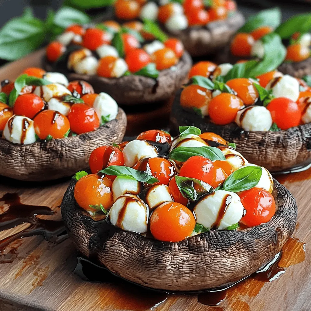 To make Caprese stuffed Portobello mushrooms, you will need: - 4 large Portobello mushrooms, stems removed - 1 cup cherry tomatoes, halved - 1 cup fresh mozzarella balls, halved - 1/4 cup fresh basil leaves, chopped - 2 tablespoons balsamic glaze - 2 tablespoons olive oil - 1 teaspoon garlic powder - Salt and pepper to taste - 1/4 cup breadcrumbs (optional, for extra texture) You can swap ingredients if needed. Use sliced tomatoes instead of cherry tomatoes. Any cheese works, like feta or goat cheese. For a vegan option, use plant-based mozzarella. Instead of olive oil, try avocado oil. If you don't have balsamic glaze, mix balsamic vinegar with a bit of honey. You can also skip breadcrumbs for a gluten-free dish. Fresh ingredients shine in this recipe. Fresh mozzarella adds a creamy texture. Fresh basil gives a fragrant kick. Dried herbs can work, but they lack the bright flavor. If you use dried basil, use less, about one teaspoon. For tomatoes, fresh tastes best, but canned can work in a pinch. Always choose fresh for the best taste. You can find a full recipe [here](https://www.example.com). Start by preheating your oven to 375°F (190°C). Clean the Portobello mushrooms with a damp cloth. Remove the stems carefully, so the caps stay intact. This step is key. It helps the mushrooms hold the filling well. Place the cleaned mushrooms gill side up on a baking sheet. In a medium bowl, mix the halved cherry tomatoes, mozzarella balls, and chopped basil. This combination gives a fresh taste. Drizzle the mixture with balsamic glaze and olive oil. Add garlic powder, salt, and pepper to enhance the flavor. Gently toss everything together until well mixed. Make sure each bite will burst with flavor. If you choose to use breadcrumbs, sprinkle a small amount inside each mushroom cap. Now, spoon the tomato and mozzarella mixture into the caps, filling them generously. Bake the mushrooms in the preheated oven for about 20-25 minutes. Look for tender mushrooms and melted cheese. Once done, remove them from the oven. For an extra touch, drizzle a little more balsamic glaze on top. Let them cool for a moment before serving. Enjoy your Caprese stuffed Portobello mushrooms as a tasty main or side dish. For the complete details, check the Full Recipe. To get the best from Portobello mushrooms, start by cleaning them well. Use a damp cloth to wipe away dirt. Avoid soaking them in water. This keeps their flavor strong. When you remove the stems, be gentle. This helps keep the caps intact for stuffing. Preheat your oven to the right temperature. Baking at 375°F gives you tender mushrooms and melted cheese. To boost the flavors of your Caprese stuffed Portobello mushrooms, use fresh ingredients. Fresh basil adds a bright taste. Cherry tomatoes provide sweetness. Try a good quality balsamic glaze for depth. A sprinkle of garlic powder gives a nice kick. Adjust salt and pepper to your liking. If you want more crunch, add breadcrumbs inside the caps. This gives extra texture and flavor. For a beautiful presentation, use a rustic platter or a wooden board. This makes the dish look inviting. Before serving, drizzle more balsamic glaze over the mushrooms. Add fresh basil leaves around them for color. You can also serve with a side salad to add freshness. For extra flair, consider using colorful plates to make the dish pop. {{image_2}} Caprese Stuffed Portobello Mushrooms can be made without cheese. Try using avocado or hummus instead. Both options add creaminess and flavor. You can also swap mozzarella for a nut-based cheese. This keeps the dish vegan and tasty. To make these mushrooms more filling, add protein. Grilled chicken or shrimp pairs well. If you prefer plant-based proteins, try chickpeas or black beans. They add heartiness and boost nutrition. Just mix them into the filling before stuffing. Get creative with flavors! Instead of basil, use fresh spinach or arugula for a peppery bite. You might also add sun-dried tomatoes for a tangy twist. For a spicy kick, sprinkle red pepper flakes in the filling. These variations keep the dish exciting and new. Explore the Full Recipe for more ideas and tips! You can store leftover Caprese stuffed Portobello mushrooms in the fridge. Place them in a sealed container. They stay fresh for about 3 days. Make sure they cool down before sealing. This helps keep their taste and texture. When you want to eat them again, just check for any signs of spoilage. Freezing is a good option if you want to save these mushrooms for later. Wrap each stuffed mushroom tightly in plastic wrap. Then, place them in a freezer-safe bag or container. They can last for up to 2 months. To enjoy them, thaw in the fridge overnight before reheating. This keeps them tasty and safe. Reheating is simple. Preheat your oven to 350°F (175°C). Place the mushrooms on a baking sheet. Cover with foil to keep them moist. Heat for about 15 minutes. You can also use a microwave, but the oven gives a better texture. Just microwave for about 1-2 minutes or until warm. Enjoy your delicious Caprese stuffed Portobello mushrooms again! For the full recipe, check out the earlier section. Caprese stuffed Portobello mushrooms last about three to five days in the fridge. Store them in an airtight container. The mushrooms may lose some texture over time, but the flavor stays great. Yes, you can make this recipe ahead. Prepare the stuffed mushrooms and place them in the fridge. When you are ready to eat, just bake them for about 25 minutes. This makes it easy for busy days or gatherings. Several side dishes pair well with Caprese stuffed Portobello mushrooms. Here are some ideas: - A fresh garden salad with a light vinaigrette - Garlic bread or crusty bread - Roasted vegetables for added color and flavor - Quinoa or couscous for a hearty touch These sides complement the flavors and make your meal complete. For the full recipe, check the earlier section. We covered the key ingredients for Caprese stuffed portobello mushrooms and their substitutes. You learned how to prepare, bake, and serve them beautifully. I shared helpful tips to enhance flavor and presentation. We also discussed variations, storage tips, and answered common questions. These mushrooms are tasty, versatile, and easy to make. Use this guide to enjoy your cooking adventures and impress others. Keep experimenting to find your perfect recipe!