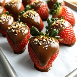 - 1 pound fresh strawberries, washed and dried - 8 ounces semi-sweet chocolate chips - 1 tablespoon coconut oil (optional) - Sea salt or crushed nuts (optional toppings) When making chocolate-covered strawberries, you want to start with fresh, ripe strawberries. Choose berries that are firm and bright red. Wash them gently and dry them well. Moisture can stop the chocolate from sticking. For the chocolate, I prefer semi-sweet chocolate chips. They melt easily and taste great. If you want a shiny finish, add coconut oil. It helps create a smooth and glossy look. If you like, you can top your strawberries with sea salt or crushed nuts. This adds a nice crunch and flavor contrast. You can find the full recipe above. Enjoy crafting this simple yet delightful treat! Start with dry strawberries. Water can make the chocolate slide off. Use a paper towel to gently pat them dry. This step is key for a great dip. Choose ripe strawberries for the best taste. Look for bright red color and fresh green stems. Next, melt the chocolate. Use a microwave-safe bowl. Add chocolate chips and coconut oil if you want gloss. Heat it in 30-second bursts. Stir well between each burst. This helps prevent burning. Keep stirring until it’s smooth and creamy. Now, it's time to dip! Hold each strawberry by the stem. Dip it into the melted chocolate. Let the extra chocolate drip back into the bowl. Place the dipped strawberry on a lined baking sheet. If you want, sprinkle toppings like sea salt or crushed nuts right away. Finally, chill the strawberries. Put the baking sheet in the fridge for about 30 minutes. This helps the chocolate set well. You’ll know it’s set when it feels firm to the touch. Enjoy these delightful treats once they are ready! For a complete guide, check out the Full Recipe. To get that shiny look on your chocolate-covered strawberries, add a little coconut oil. It helps the chocolate shine and makes it look great. You only need one tablespoon. If you don’t have coconut oil, you can use vegetable oil or shortening. Just remember that less is more. Temperature is key when melting chocolate. You want it warm but not too hot. If it gets too hot, it can seize up. Seizing means the chocolate clumps and becomes hard. To avoid this, melt the chocolate slowly and stir often. This keeps it smooth and ready for dipping. How you serve your strawberries matters. Use a clean platter to show them off. You can arrange them in a circle or in rows. For garnish, sprinkle some sea salt or crushed nuts on top. It adds flavor and makes them look fancy. You can even use edible flowers for a pop of color. {{image_2}} You can switch up flavors by using different types of chocolate. Dark chocolate adds a rich taste. White chocolate offers a sweet, creamy flavor. Each type creates a unique treat. You can also infuse flavors into your chocolate. Try adding a drop of vanilla or a sprinkle of sea salt. These small changes can elevate your chocolate-covered strawberries. You can mix in citrus zest for a fresh twist, too. Experimenting with flavors keeps it fun! Seasonal toppings can make your strawberries even more special. For Valentine's Day, add red sprinkles for a festive look. For Halloween, use orange and black toppings. You can even match toppings to birthdays or holidays. Mixing fruits and nuts can create tasty combinations. Try adding chopped almonds or hazelnuts. You can also sprinkle crushed freeze-dried strawberries on top for a fruity crunch. This variety keeps the treat exciting and fresh. If you want to go dairy-free, there are great chocolate options. Look for vegan chocolate chips made from cacao and coconut. They melt well and taste amazing. This way, everyone can enjoy them! Plant-based toppings are also a great choice. You can use shredded coconut or chopped nuts. Fresh fruit like blueberries or raspberries works too. These toppings add color and flavor without dairy. Enjoy your chocolate-covered strawberries in a new, fun way! For the complete recipe, check out the Full Recipe! To store chocolate-covered strawberries, keep them in a single layer. Place them on a parchment-lined plate or a tray. Cover them lightly with plastic wrap. This helps keep dust away without trapping moisture. Avoid storing them in the fridge for too long. The moisture can make the strawberries soggy. Keep them in a cool, dry place instead. If you must refrigerate, use an airtight container. This will help reduce moisture exposure. Chocolate-covered strawberries last about 24 hours in the fridge. After this, they may lose their fresh taste and texture. Check them daily for freshness. Signs that strawberries are no longer fresh include: - A soft or mushy texture - A change in color, like dullness - An off smell or any signs of mold If you see any of these signs, it’s best to discard them. Enjoy your treats while they are at their best! You can use a bar of chocolate instead of chips. Simply chop the chocolate into small pieces. Place the pieces in a microwave-safe bowl and follow the same melting steps. Stir often to get a smooth texture. This method works well and gives you great results. Yes, white chocolate is a tasty option. It has a sweet and creamy flavor. Just melt it the same way as semi-sweet chocolate. Keep in mind that white chocolate can be thicker, so you may need to add a bit of coconut oil for a smoother dip. To avoid cracks, let the chocolate cool slightly before dipping. Make sure your strawberries are dry before you dip them. If the chocolate is too hot, it can crack as it cools. Chilling the dipped berries in the fridge also helps the chocolate set evenly. If your chocolate is thick, you can add a little coconut oil or vegetable oil. This will help thin it out. Stir in the oil slowly until you reach your desired consistency. You want it to be smooth and easy to dip. You can create tasty chocolate-covered strawberries with just a few simple steps. Start with fresh strawberries and melt chocolate. Dip and decorate them as you like. Use tips for shining and storage to ensure they last. You can even try fun flavor twists or vegan options. Remember, a little creativity goes a long way. Enjoy making these delicious treats!