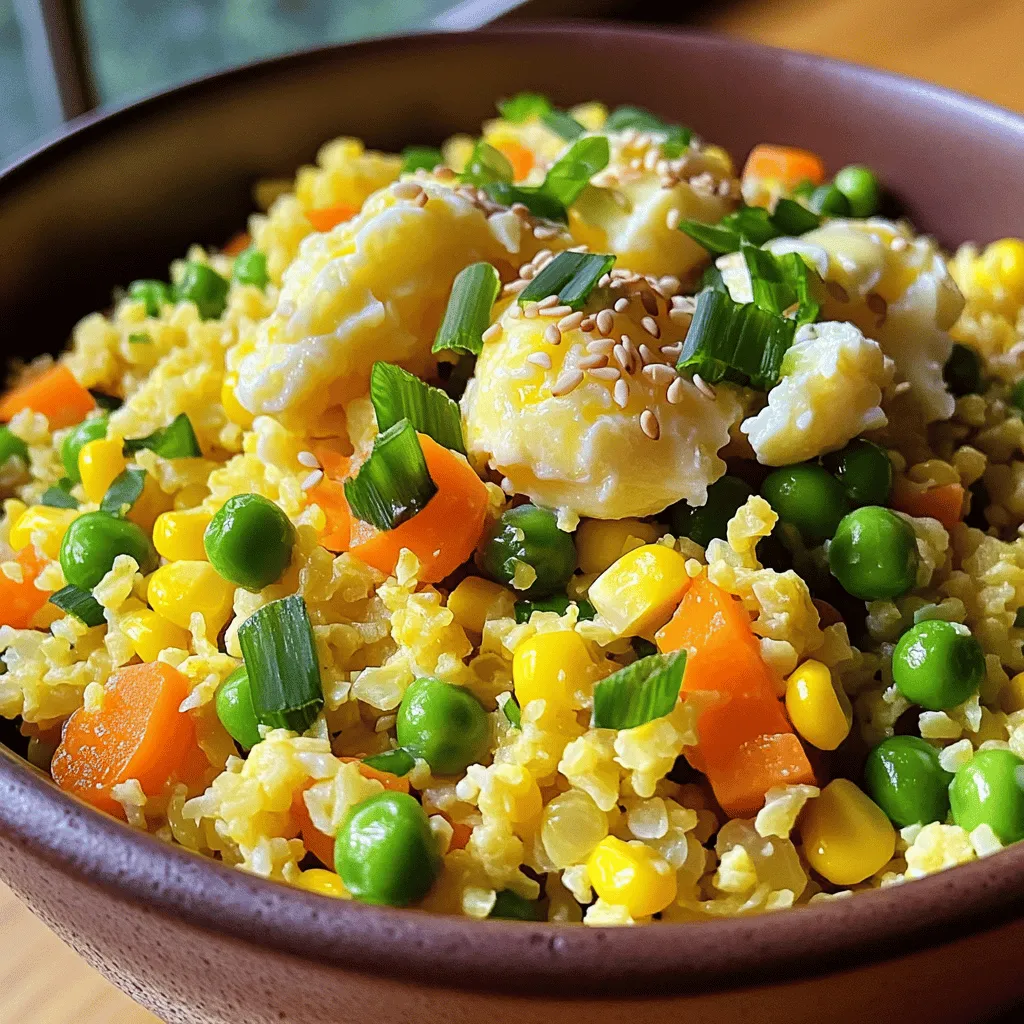 To make a tasty cauliflower fried rice, gather these key items: - 1 medium head of cauliflower, riced (about 4 cups) - 2 tablespoons sesame oil - 1 small onion, finely chopped - 2 garlic cloves, minced - 1 cup mixed vegetables (carrots, peas, and corn) - 2 green onions, chopped - 2 eggs, lightly beaten - 3 tablespoons low-sodium soy sauce - 1 teaspoon freshly grated ginger - Salt and pepper to taste These ingredients create a base that is both flavorful and healthy. The riced cauliflower acts as a great substitute for regular rice, making this dish low in carbs while still delicious. You can also add these optional ingredients to make your dish unique: - Cooked chicken or shrimp for added protein - Tofu for a vegetarian option - Sesame seeds for garnish - Additional spices, like chili flakes, for heat Feel free to mix and match based on your taste. The beauty of this recipe is its flexibility. You can use what you have on hand to create many different flavors. Cauliflower fried rice is not only low in calories but also packed with nutrients. Here's a rough breakdown per serving: - Calories: 120 - Protein: 7g - Carbohydrates: 10g - Fiber: 4g - Fat: 6g This dish is a great way to enjoy a meal that is both filling and nutritious. You can enjoy it guilt-free while getting plenty of vitamins and minerals. For the full recipe, check out the complete guide! To start, rinse the cauliflower well. Remove the leaves and cut it into small florets. You can use a food processor to rice the cauliflower. Pulse it until it looks like small grains of rice. If you're busy, you can buy pre-riced cauliflower at the store. This step makes it easy and quick. Next, grab a large skillet or wok. Heat two tablespoons of sesame oil over medium heat. Once hot, add one finely chopped onion and two minced garlic cloves. Sauté these for about two to three minutes. You want the onion to turn clear and smell great. Then, toss in one cup of mixed vegetables like carrots, peas, and corn. Cook them for three to four minutes, stirring often, until they become tender. Move the cooked veggies to one side of the skillet. Pour two lightly beaten eggs into the empty space. Scramble the eggs until they are fully cooked. Then mix them back with the veggies. Now, add the riced cauliflower to the skillet. Stir everything together and pour in three tablespoons of low-sodium soy sauce. Add one teaspoon of freshly grated ginger next. Stir-fry the mixture for five to seven minutes. You want the cauliflower to be tender but still firm. Season with salt and pepper to taste. Lastly, stir in two chopped green onions and take it off the heat. For a finishing touch, sprinkle sesame seeds on top for extra crunch. You can find the full recipe in the previous section. To rice cauliflower, start with a fresh head. Rinse it under cold water. Remove the leaves and cut it into smaller florets. Use a food processor to pulse the florets until they look like rice grains. You can also buy pre-riced cauliflower to save time. Just make sure it’s fresh. If you rice it yourself, do not over-process. You want small, even pieces. This way, it cooks evenly. When cooking cauliflower fried rice, use a large skillet or wok. Heat your skillet before adding oil. Sesame oil adds great flavor. Sauté onions and garlic until soft. This takes about 2-3 minutes. Add your mixed vegetables next. Stir regularly so they cook evenly. Push the veggies to one side when adding eggs. Scramble them well before mixing everything together. This keeps the eggs fluffy and prevents them from sticking. Stir-fry everything for about 5-7 minutes. You want the cauliflower tender but not mushy. Seasonings can take your cauliflower fried rice to the next level. Low-sodium soy sauce gives it a savory taste. Fresh ginger adds a nice zing. Don’t forget salt and pepper for balance. You can also add sesame seeds for extra crunch. Green onions are a great garnish too. They add freshness and color. Experiment with different spices to find your favorite blend. For a kick, consider adding a splash of hot sauce or chili flakes. {{image_2}} You can add protein to make your cauliflower fried rice heartier. Chicken is a great option. Use cooked, diced chicken breast for a lean touch. Shrimp adds a nice seafood flavor. Just sauté them until they turn pink. For a plant-based choice, tofu works well. Press and cube firm tofu, then fry it until golden. This keeps your meal filling and nutritious. Cauliflower fried rice easily caters to vegetarians and vegans. Just skip the eggs for a vegan meal. You can add chickpeas or black beans for extra protein. Both add texture and flavor. Consider using nutritional yeast for a cheesy taste without dairy. This also boosts your meal's nutrition. You can switch up your veggies based on what’s in season. In spring, add fresh peas or asparagus. Summer is perfect for zucchini or bell peppers. In fall, try butternut squash or kale. Winter brings options like Brussels sprouts or carrots. This keeps your dish fresh and exciting throughout the year. For the full recipe, check out the details above! To keep your cauliflower fried rice fresh, let it cool first. Once cool, place it in an airtight container. This helps prevent moisture loss and keeps the flavors intact. Store it in the fridge for up to four days. Make sure to label the container with the date. This way, you’ll know when to use it. When you're ready to eat your leftover cauliflower fried rice, reheat it gently. You can use a skillet or a microwave. If using a skillet, add a splash of water. This helps steam the rice and keeps it from drying out. Heat on medium until warm, stirring often. If using a microwave, cover the bowl with a lid or a damp paper towel. Heat in 30-second intervals until warm. This method helps retain moisture. You can freeze cauliflower fried rice for later meals. Let it cool completely and portion it into freezer bags. Remove as much air as you can before sealing. Label the bags with the date. You can freeze it for up to three months. When you're ready to enjoy it, thaw it in the fridge overnight. Reheat using the tips mentioned above for the best texture. With these simple steps, your meal prep becomes easy and effective! For the full recipe, check out the section above. Yes, you can use frozen cauliflower rice. It saves time and is easy to find. Just thaw it before cooking. It cooks quickly, so stir-fry it for a few minutes. This will keep the texture nice. Cauliflower fried rice is low in carbs and calories. It is rich in vitamins and fiber. You get lots of nutrients from the cauliflower and veggies. This dish can help with weight loss and digestion. Plus, it is a great way to eat more vegetables. To make it spicy, add chili sauce or crushed red pepper. You can also use fresh jalapeños for heat. Just mix them in with the veggies. Start with a little, then taste and add more if needed. Enjoy the kick! For the full experience, check out the Full Recipe for Cauliflower Fried Rice! Cauliflower fried rice is a simple, healthy dish that you can make at home. We covered essential and optional ingredients, cooking steps, and tasty tips to get it right. You can add protein or swap in seasonal veggies for extra flavor. Plus, storing leftovers and reheating them is easy. Overall, this dish is a great way to enjoy a low-carb meal packed with nutrition. Give it a try and make it your own!