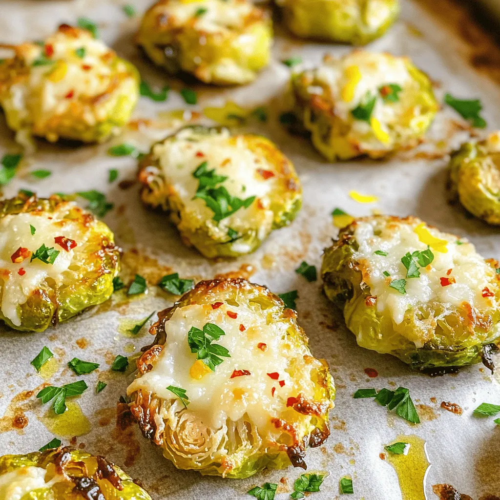 To make delicious smashed Brussels sprouts, gather these ingredients: - 1 lb Brussels sprouts, trimmed - 3 tablespoons olive oil, divided - 4 cloves garlic, minced - 1/2 cup grated Parmesan cheese - 1 teaspoon red pepper flakes - Salt and pepper to taste - Zest of 1 lemon - Fresh parsley, chopped (for garnish) To keep your Brussels sprouts fresh: - Buy firm, bright green sprouts with tight leaves. - Store them in the fridge in a plastic bag. - Use them within a week for the best flavor. If you want to change things up, try these swaps: - Use pecorino cheese instead of Parmesan for a sharper taste. - Swap red pepper flakes for smoked paprika for a different heat. - For a vegan option, skip the cheese or use a plant-based alternative. This recipe is simple and lets you explore many flavors. For the complete process, check the Full Recipe. 1. Start by preheating your oven to 400°F (200°C). This step ensures the sprouts roast perfectly. 2. Fill a large pot with water and add salt. Bring it to a boil. 3. Trim the ends of the Brussels sprouts. This helps them cook evenly. 4. Once the water is boiling, add the Brussels sprouts. Cook them for 8-10 minutes until they are tender but still bright green. 5. Drain the Brussels sprouts and let them cool for a few minutes. This makes them easier to handle. 6. Line a baking sheet with parchment paper. This will help with cleanup later. 7. Arrange the cooled Brussels sprouts on the baking sheet, leaving space between them. 8. Use the bottom of a mug or a flat spatula to gently smash each sprout. Flatten them to about half an inch thick. 9. Drizzle 2 tablespoons of olive oil over the smashed sprouts. Then, sprinkle them with salt, pepper, and red pepper flakes. 10. Add the minced garlic on top of the sprouts. This will infuse great flavor during cooking. 11. Roast the sprouts in the oven for 20-25 minutes. Look for a golden and crispy finish. 12. After roasting, sprinkle the grated Parmesan cheese over the sprouts. Return them to the oven for 5 more minutes. This melts the cheese and adds a nice crunch. 13. Once done, take the baking sheet out of the oven. 14. Add lemon zest and drizzle the remaining olive oil on top. This adds a bright flavor. 15. Garnish with fresh parsley. This makes the dish look and taste even better. 16. Serve warm and enjoy the crisp and flavorful dish. For the full recipe, check out the details above. To get your Brussels sprouts crispy, start by boiling them first. This softens them. Then, smash them gently until they are flat. The more surface area, the crispier they get. Use a hot oven to roast them at 400°F (200°C). Drizzle with olive oil before roasting. This helps them crisp up nicely. Keep an eye on them as they roast. You want them golden brown, not burnt. Want to add more flavor? Try mixing in fresh herbs. Rosemary and thyme work well. A sprinkle of lemon zest brightens up the dish. You can also add a dash of balsamic vinegar for a tangy kick. Use smoked paprika for a nice smoky flavor. Don't forget the Parmesan cheese! It melts beautifully and adds a rich taste. One common mistake is overcrowding the baking sheet. Give your Brussels sprouts space to breathe. This helps them crisp up better. Another mistake is not preheating the oven. A hot oven is key for a good roast. Lastly, avoid skipping the salt and pepper. They boost the flavor of your dish. Follow these tips to make your smashed Brussels sprouts shine. For the full cooking process, check the Full Recipe. {{image_2}} You can change the taste of smashed Brussels sprouts with different seasonings. Try using smoked paprika for a warm flavor. If you like heat, add cayenne pepper instead of red pepper flakes. For a sweet twist, mix in some brown sugar or maple syrup. Each option gives your dish a new vibe. Adding more ingredients makes this dish even better. Cooked bacon bits add a savory crunch. Nuts like almonds or pecans give a nice texture. You can also toss in some dried cranberries for a touch of sweetness. Get creative and mix in what you like! To make this dish vegan, just skip the Parmesan cheese. Use nutritional yeast for a cheesy flavor without dairy. You can also replace olive oil with a vegan butter. This way, you still enjoy a tasty dish while keeping it plant-based. For the full recipe, check out the Crispy Smashed Brussels Sprouts with Garlic & Parmesan. After enjoying your smashed Brussels sprouts, let them cool. Place leftovers in an airtight container. They stay fresh in the fridge for about 3 days. Make sure to keep them away from strong-smelling foods. This keeps their flavor intact. To reheat, use the oven for the best results. Preheat your oven to 350°F (175°C). Spread the sprouts on a baking sheet. Heat them for about 10-15 minutes until warm and crispy. You can also use a microwave. Just heat in short bursts to avoid sogginess. If you want to freeze your smashed Brussels sprouts, first cool them completely. Then, place them in a freezer-safe bag. Remove as much air as possible before sealing. They can freeze well for up to 2 months. When ready to eat, thaw them in the fridge overnight before reheating. For the best taste, I recommend enjoying them fresh, but freezing is a great option. For the full recipe, check the details above. To make smashed Brussels sprouts, start with fresh sprouts. Trim the ends and peel off any yellow leaves. Boil them in salted water for 8 to 10 minutes. They should be soft but still green. After draining, let them cool. Place the sprouts on a baking sheet and smash each one with a mug or spatula. Drizzle olive oil over them and sprinkle with garlic, salt, and pepper. Roast at 400°F for 20 to 25 minutes until they are golden and crispy. Top with Parmesan cheese and bake for 5 more minutes. Smashed Brussels sprouts pair well with many dishes. They complement roasted meats like chicken or beef. Serve them alongside fish for a healthy meal. They also taste great with grains like quinoa or rice. You could enjoy them with a rich pasta dish. Add a squeeze of lemon for a bright touch. Fresh herbs like parsley or thyme bring extra flavor too. Yes, you can use frozen Brussels sprouts, but fresh is best. Frozen sprouts may have a softer texture after cooking. To use frozen ones, thaw them first. Boil them briefly to soften, then drain well. Smash and roast as you would fresh sprouts. Keep an eye on cooking time. Frozen sprouts may need a few more minutes to get crispy. For the full recipe, click here. To sum up, this guide covered everything you need for smashed Brussels sprouts. You learned about key ingredients and tips for freshness. We explored step-by-step instructions for perfect cooking. I shared tips for crispiness and flavor boosts. Variations cater to different tastes and diets. Finally, storing and reheating guidelines help keep your dish fresh. Enjoy experimenting with smashed Brussels sprouts! Your meal will be delicious and satisfying.