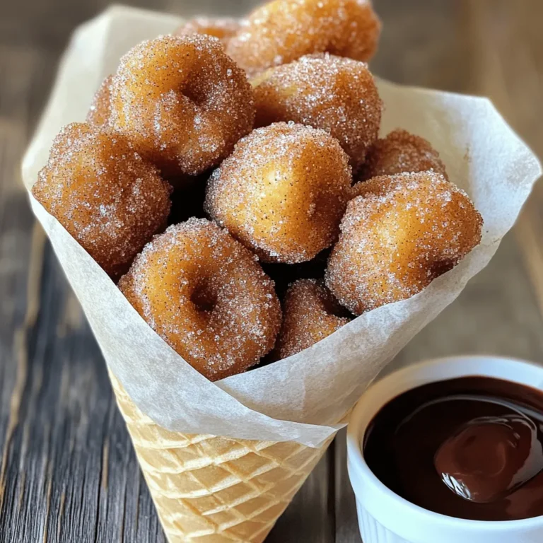 - 1 cup water - 1/2 cup unsalted butter - 2 tablespoons granulated sugar - 1/4 teaspoon salt - 1 cup all-purpose flour - 2 large eggs - 1 teaspoon vanilla extract - Oil for frying - 1/2 cup granulated sugar (for coating) - 2 teaspoons ground cinnamon You need simple ingredients to make these churro bites. The water and butter create a rich dough. Sugar adds a sweet touch, while salt enhances the flavor. Flour gives the dough structure, and eggs add moisture. Vanilla makes everything taste better. You will also need oil for frying and sugar with cinnamon for coating. - Medium saucepan - Wooden spoon - Piping bag with star tip - Deep pot or fryer Using the right tools is key. A medium saucepan helps you boil the mixture. A wooden spoon ensures you mix well without scratching your pan. A piping bag with a star tip shapes the churros nicely. A deep pot or fryer keeps the oil hot for perfect frying. - Chocolate or caramel sauce for dipping - Parchment paper for presentation Adding a sauce for dipping makes these churro bites even better. Chocolate or caramel adds a sweet touch. Using parchment paper for serving looks nice and keeps things clean. You can serve your churro bites in a fun way, too. For the complete process, check the Full Recipe. 1. In a medium saucepan, bring water, butter, sugar, and salt to a boil. 2. Once it boils, add flour and stir until a dough forms. Mixing the dough is fun! The heat helps the butter melt, and the flour combines with the water. This step is key for a smooth churro. 1. Heat oil to 350°F (175°C) in a deep pot or fryer. 2. Pipe the dough into the hot oil, cutting it into small bites. Fry until golden brown, about 2-3 minutes on each side. Watch the churros puff up! This is when they get their lovely shape. The hot oil cooks them quickly. 1. In a shallow bowl, combine sugar and cinnamon for the coating. 2. Roll the warm churro bites in the mixture until fully coated. This sweet coating is what makes churros irresistible. Serve them warm for the best taste. You can find the full recipe to guide you through the whole process. To avoid greasy churros, make sure the oil is hot enough. Heat your oil to 350°F (175°C). If the oil is too cold, the churros will soak up oil and become soggy. Use a deep pot or fryer to hold the heat well. For a smooth dough, mix the flour in quickly after boiling. Stir until you see the dough pull away from the pan. Let the dough cool for five minutes before adding eggs. This helps keep the churros light and fluffy. For a fun presentation, serve churro bites in a small basket lined with parchment paper. This adds a nice touch and keeps them warm. You can also use a cone for a cute look. Pair these bites with chocolate or caramel sauce for dipping. This makes the treat even more enjoyable! One common mistake is overcooking churros. Fry them for 2-3 minutes on each side. Watch closely, so they turn golden brown, not dark brown. Under-cooking is another issue. If they're too pale, they might be doughy inside. Improper dough consistency can also ruin the bites. If the dough is too runny, it won’t hold its shape. Make sure to follow the recipe closely for the right texture. If the dough seems too thick, add a teaspoon of water. This can help smooth things out. For the full recipe, check the detailed instructions provided. {{image_2}} You can mix up the flavors of your churro bites. Here are two tasty ideas: - Chocolate churro bites: Add cocoa powder to the dough. Use about 1/4 cup of cocoa along with the flour. This gives a rich chocolate taste. Roll them in a mix of sugar and cocoa for a sweet finish. - Pumpkin spice churro bites: Add pumpkin puree and spices. Use 1/2 cup of pumpkin and add 1 teaspoon of pumpkin pie spice to the dough. This brings a warm, fall flavor that everyone loves. If you need gluten-free churro bites, switch the flour. Use gluten-free all-purpose flour instead. This works well in the dough and keeps the taste great. Just make sure to check the package for a good brand. Some flours may need extra liquid, so watch the dough's texture. You can also play with different coatings for your churro bites. Here are some fun options: - Using powdered sugar: Instead of the cinnamon sugar mix, roll your churros in powdered sugar. This gives a sweet and soft finish. - Adding sprinkles or nut toppings: After rolling in sugar, add colorful sprinkles or chopped nuts. This makes your churro bites look fun and adds a nice crunch. For the full recipe, you can refer to the [Full Recipe]. To keep your churro bites fresh, place them in an airtight container. This helps retain their crispy texture. Layer them with parchment paper to avoid sticking. Keep the container in a cool, dry spot. Ideally, consume them within two days for the best taste. When you want to enjoy leftover churro bites, reheat them for the best texture. Preheat your oven to 350°F (175°C). Spread the churro bites on a baking sheet. Heat for about 5-7 minutes. This method keeps them crispy and warm. Avoid using the microwave, as it can make them soggy. Yes, you can freeze churro bites! Allow them to cool completely before freezing. Place them in a single layer on a baking sheet. Once frozen, transfer them to a freezer-safe bag. They stay fresh for up to three months. To thaw, remove them from the freezer and let them sit at room temperature for about 30 minutes. To re-crisp, follow the reheating instructions mentioned earlier. Enjoy a warm treat anytime! For the full recipe, check the instructions above. Cinnamon sugar churro bites taste best fresh. However, they can last for about 1-2 days. Store them in an airtight container at room temperature. They may become less crispy over time. To keep them crunchy, reheat them in an oven for a few minutes. Yes, you can make the dough ahead of time. Store it in the fridge for up to 24 hours. Just make sure to cover it well to prevent it from drying out. When ready to fry, let the dough sit at room temperature for about 15 minutes. This will help it pipe smoothly. The best oils for frying churros are vegetable oil and canola oil. Both oils have a high smoke point, which is great for frying. They also have a mild flavor that won’t overpower the churros. Avoid using olive oil as it has a lower smoke point and strong taste. Churro bites are simple and fun to make. We covered the key ingredients, tools, and steps to fry these treats. Remember to avoid common mistakes for the best results. Feel free to explore flavor variations, try optional coatings, and learn how to store and reheat leftovers. Enjoying churros brings joy, and with this guide, you can share that happiness. Making churro bites at home is a sweet adventure worth taking. Try it soon!