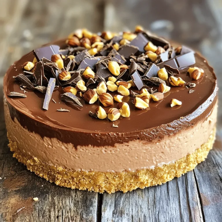 To make a No Bake Nutella Cheesecake, gather these ingredients: - 1 ½ cups graham cracker crumbs - 6 tablespoons unsalted butter, melted - 2 cups cream cheese, softened - 1 cup Nutella - ½ cup powdered sugar - 1 teaspoon vanilla extract - 1 cup heavy whipping cream - Chocolate shavings, for garnish - Chopped hazelnuts, for garnish I love using graham cracker crumbs for the crust. You can swap them with Oreo crumbs for a richer flavor. If you want a dairy-free option, use vegan cream cheese and coconut cream. This keeps the cheesecake creamy without the dairy. Melted coconut oil can replace butter if you're looking for a dairy-free crust. Garnishes add a nice touch to your cheesecake. I recommend chocolate shavings for extra sweetness. Chopped hazelnuts give a nice crunch and pair well with Nutella. You can also drizzle warm Nutella on top before serving. A sprig of mint can brighten your plate and make it look fancy. For the full recipe, check out the details. To start, grab a medium bowl. Mix 1 ½ cups of graham cracker crumbs with 6 tablespoons of melted unsalted butter. Stir until the crumbs look wet. Next, press this mixture into the bottom of a 9-inch springform pan. Use the back of a measuring cup to make it flat. Make sure the crust is tight and even. This crust will hold your cheesecake perfectly. In a fresh mixing bowl, beat 2 cups of softened cream cheese with an electric mixer. Mix for about 2 minutes until it’s smooth. Add 1 cup of Nutella, ½ cup of powdered sugar, and 1 teaspoon of vanilla extract. Blend until it’s creamy and well mixed. In another bowl, whip 1 cup of heavy cream until it forms soft peaks. Gently fold the whipped cream into the Nutella mix. Be careful; you want it light and airy. Now, pour the Nutella cheesecake filling over the crust. Use a spatula to smooth the top. Cover the cheesecake with plastic wrap and place it in the fridge. Let it chill for at least 4 hours, or overnight for the best results. When it’s set, carefully remove the springform pan. Top your cheesecake with chocolate shavings and chopped hazelnuts for a nice look. Serve it up and enjoy! For the full recipe, check out the details above. When you mix your cheesecake, always start with room temperature cream cheese. This helps the cream cheese blend smoothly. Use an electric mixer on medium speed. Beat it for about two minutes until it’s creamy. Next, when you add Nutella, powdered sugar, and vanilla, keep mixing until everything is well combined. Lastly, whip your heavy cream to soft peaks. Gently fold it into the Nutella mix. This keeps the mixture light and fluffy. One common mistake is over-mixing the whipped cream. If you mix too much, it can turn into butter. Just fold it in gently until you see no streaks. Also, make sure your crust is pressed firmly into the pan. This keeps the crust from crumbling when you slice the cheesecake. Lastly, let it chill long enough. Refrigerate for at least four hours. Overnight is best for great texture. When serving, slice the cheesecake into pieces with a sharp knife. To make it look fancy, drizzle some melted Nutella on top. You can also sprinkle chocolate shavings and chopped hazelnuts for some crunch. For an extra touch, add a sprig of mint on each plate. This makes the dessert pop and adds a fresh flavor. For the full recipe, check the details above. {{image_2}} You can twist this recipe by adding different flavors. For a fruity touch, mix in some raspberry or strawberry puree with the Nutella. This gives the cheesecake a fresh burst of taste. If you love coffee, try adding a shot of espresso to the mixture. It pairs well with Nutella and adds depth. You can also use white chocolate instead of Nutella. Just melt it, and mix it into the cream cheese for a rich flavor. These small changes can make a big difference! If you need a gluten-free option, it's easy! Swap the graham cracker crumbs for gluten-free cookies or almond flour. Both work well for the crust. You can also use gluten-free chocolate cookies for a unique flavor. Just make sure to check the labels to confirm they are gluten-free. The rest of the ingredients in this recipe are typically gluten-free, so you are mostly safe here! Serving your cheesecake in individual portions is fun and easy! Use small cups or jars to layer the crust and cheesecake filling. This makes it perfect for parties or gatherings. It also gives each guest their own little treat. You can even let them add their own toppings. This way, each person can customize their dessert. Plus, it looks great on a table! For the full experience, check the [Full Recipe]. To keep your no bake Nutella cheesecake fresh, store it in the fridge. Use an airtight container or cover it tightly with plastic wrap. This helps prevent it from absorbing other flavors in the fridge. Proper refrigeration also keeps it firm and tasty. Aim to eat it within three days for the best taste and texture. You can freeze the cheesecake if you want to keep it longer. First, let it set in the fridge for at least four hours. After that, remove it from the springform pan. Wrap it tightly in plastic wrap, then in aluminum foil. This extra layer protects it from freezer burn. When you're ready to eat, thaw it in the fridge overnight before serving. The no bake Nutella cheesecake can last up to one week in the fridge. Watch for any signs of spoilage, like off smells or changes in texture. If you see any, it's best to toss it out. For the best experience, enjoy it fresh or within a week. This cheesecake is a delight, and you want to savor it at its best! Yes, you can! If you want a twist, try dark or milk chocolate. Each type brings its own flavor. For a lighter taste, use white chocolate. Just melt it and mix it into the cream cheese. This will change the feel but keep it tasty. The cheesecake needs at least 4 hours to set. For the best texture, let it chill overnight. This helps it firm up and makes slicing easier. Be patient! The wait is worth it for that perfect slice. Absolutely! To make a vegan version, swap cream cheese for vegan cream cheese. Use coconut cream instead of heavy cream. For the crust, ensure your graham crackers are vegan. You can also use maple syrup in place of powdered sugar. This way, everyone can enjoy a slice! For the full recipe, check out the Nutella Dream No-Bake Cheesecake! You learned about the key ingredients and their measurements. We covered how to prepare, assemble, and present your cheesecake. You now have tips to avoid mistakes and variations to try. Remember to store your cheesecake properly to enjoy later. With these insights, you can bake a delicious cheesecake. Enjoy experimenting with flavors and sharing your results. Happy baking!