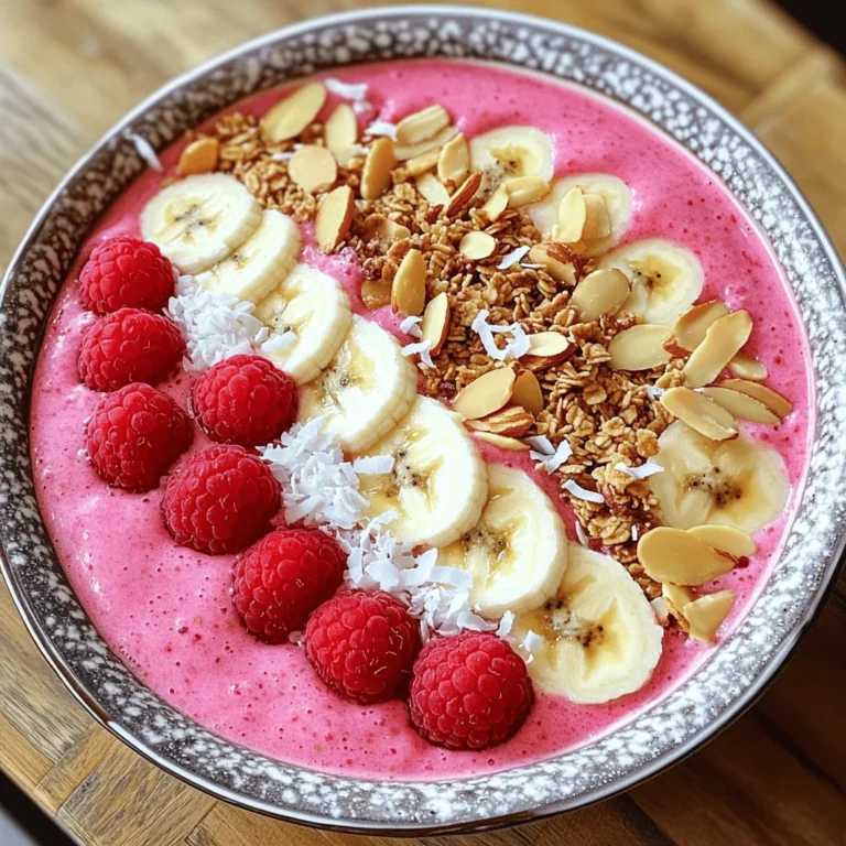 - 1 cup fresh or frozen raspberries - 1 banana, frozen - 1 cup almond milk (or any milk of choice) - 1 tablespoon almond butter - 1 tablespoon chia seeds - 1 teaspoon honey or maple syrup (optional) The main ingredients make this smoothie bowl both tasty and healthy. Raspberries bring vibrant color and flavor. They are rich in vitamins and antioxidants. The frozen banana adds sweetness and creaminess. Almond milk keeps it light and dairy-free. Almond butter gives a nutty taste and healthy fats. Chia seeds pack a nutrient punch, adding fiber and omega-3 fatty acids. Honey or maple syrup is optional for extra sweetness. - Sliced banana - Granola - Sliced almonds - Coconut flakes - Fresh raspberries Toppings elevate your smoothie bowl. Sliced banana adds a lovely touch. Granola gives a crunchy texture. Sliced almonds bring extra nuttiness. Coconut flakes add a tropical flair. Fresh raspberries can enhance the berry flavor. These toppings make your bowl look appealing and fun to eat. - Health benefits of raspberries - Advantages of almond milk and almond butter - Nutrient profile of chia seeds Raspberries are low in calories and high in fiber. They help keep your digestion smooth. Almond milk is a great dairy alternative. It is low in calories and packed with vitamins. Almond butter provides healthy fats and protein. Chia seeds are tiny powerhouses. They are full of fiber, protein, and omega-3s. Adding these ingredients makes this bowl not just tasty but also a good choice for your health. For the full recipe, check out the Raspberry Almond Smoothie Bowl π₯£. - Start by gathering your ingredients. Youβll need raspberries, a frozen banana, almond milk, almond butter, chia seeds, and optional sweetener. - Next, place all these ingredients into your blender. Make sure to add them in this order: raspberries, frozen banana, almond milk, almond butter, chia seeds, and sweetener if you want it sweeter. - Blend on high until your mixture is smooth and creamy. If itβs too thick, add a little more almond milk. Blend again until you reach your desired consistency. - Once blended, pour the smoothie mixture into a bowl. Watch it flow into the bowl like a beautiful pink wave. - Now comes the fun part! Arrange your toppings on the smoothie. Start with sliced banana, then sprinkle granola, followed by sliced almonds, and finish with coconut flakes and fresh raspberries. Make it look pretty! - If your smoothie is too thick, just add more almond milk. This will help you get the right texture. - For sweetness, try honey or maple syrup. Each option adds a different flavor, so feel free to experiment! For the full process, check the Full Recipe provided earlier. Enjoy making your Raspberry Almond Smoothie Bowl! When making your raspberry almond smoothie bowl, a few errors can pop up. Here are two common issues: - Overloading the blender: Too many ingredients can lead to uneven blending. Blend in smaller batches for a smoother mix. - Incorrect ingredient ratios: Using too much liquid can make your smoothie thin. Stick to the recipe for best results. Want to take your smoothie bowl to the next level? Here are some ideas: - Add-ins to consider for extra flavor: Try adding a scoop of protein powder or a handful of spinach for a nutritious boost. - Suggestions for more sweetness or flavor: If you like it sweeter, a bit more honey or maple syrup works well. You can also add a pinch of cinnamon for warmth. Planning is key for busy mornings. Here are some tips for prepping: - Preparing ingredients in advance: Wash and cut your fruits the night before. You can even freeze your banana and berries for a nice chill. - Best practices for refrigeration: Store your prepped ingredients in airtight containers. Keep them in the fridge to stay fresh until you're ready to blend. {{image_2}} You can switch almond milk for other milk types. Try oat milk, soy milk, or coconut milk. Each option gives a unique taste. If you want a creamier texture, use coconut milk. It adds a nice tropical twist! When it comes to nut butters, almond butter is tasty, but you can use others too. Peanut butter works well if you love the nutty flavor. Cashew butter is another great choice. Itβs smooth and rich, making your smoothie bowl even better. Want to boost nutrition? Add spinach or kale to your smoothie. They blend well and add a healthy green color. You wonβt taste them much, but you will get extra vitamins. This change makes your bowl look vibrant and fresh! Fruits are fun to mix in! Try adding mango or blueberries. They give a sweet taste and bright color. You can also use strawberries for a fruity twist. Mix and match your favorites for a unique flavor each time. This recipe is vegan-friendly. Just ensure your almond milk and nut butter are plant-based. You can also use maple syrup instead of honey for sweetness. Both options keep the bowl delicious without any animal products. If you need gluten-free options, youβre in luck! All the ingredients in this smoothie bowl are gluten-free. Just check your toppings, like granola, to ensure they are also gluten-free. Enjoy your treat without worry! For the full recipe, check the section above. To store your leftover smoothie bowl, place it in an airtight container. Glass jars or plastic containers work well. Keep it in the fridge for up to two days. This helps maintain its flavor and texture. Always cover the bowl tightly to prevent air from getting in. If you notice separation, just stir it before eating. You can freeze your smoothie for later use. Pour it into ice cube trays or a freezer-safe container. This way, you can enjoy it later. When you want to eat it, just take out the amount you need. Thaw it in the fridge overnight for the best texture. You can also blend it again to make it smooth. The blended smoothie lasts about 24 hours in the fridge. After that, it may lose taste or texture. Look for signs of spoilage like a sour smell or a change in color. If it looks or smells off, it's best to toss it. Enjoy your Raspberry Almond Smoothie Bowl fresh for the best taste! For the full recipe, check out the steps above. To make your smoothie bowl thicker, you can try a few easy tricks. First, use less liquid. Start with half the amount of almond milk and add more if needed. Frozen fruits also help. They add coldness and thicken your mix. You can also add chia seeds. They swell when mixed, giving a nice texture. Another option is to add a bit of oats. Blend them in for a thicker base. If you don't want to use banana, there are tasty options. You can use avocado for a creamy texture. Silken tofu is another great choice. It adds creaminess without a strong taste. You can also try frozen mango. It gives a nice sweetness and smoothness. Applesauce is a good substitute too. It keeps your bowl smooth and adds a bit of sweetness. Yes, you can prepare your smoothie bowl the night before. Just blend the ingredients and store them in the fridge. Use an airtight container to keep it fresh. In the morning, give it a quick stir and add your toppings. This saves time and makes breakfast easy. Just be aware that the texture might change slightly. A quick blend can fix that! For the best results, I recommend checking the Full Recipe for more tips. This blog post guides you through making a healthy smoothie bowl. You learned how to pick great ingredients like raspberries and almond milk. I shared tips for blending and serving. You now know how to avoid common mistakes and enhance flavors. Lastly, I covered storage methods to keep your smoothie fresh. Creating a delicious smoothie bowl is easy and fun. Enjoy experimenting with different flavors and toppings!