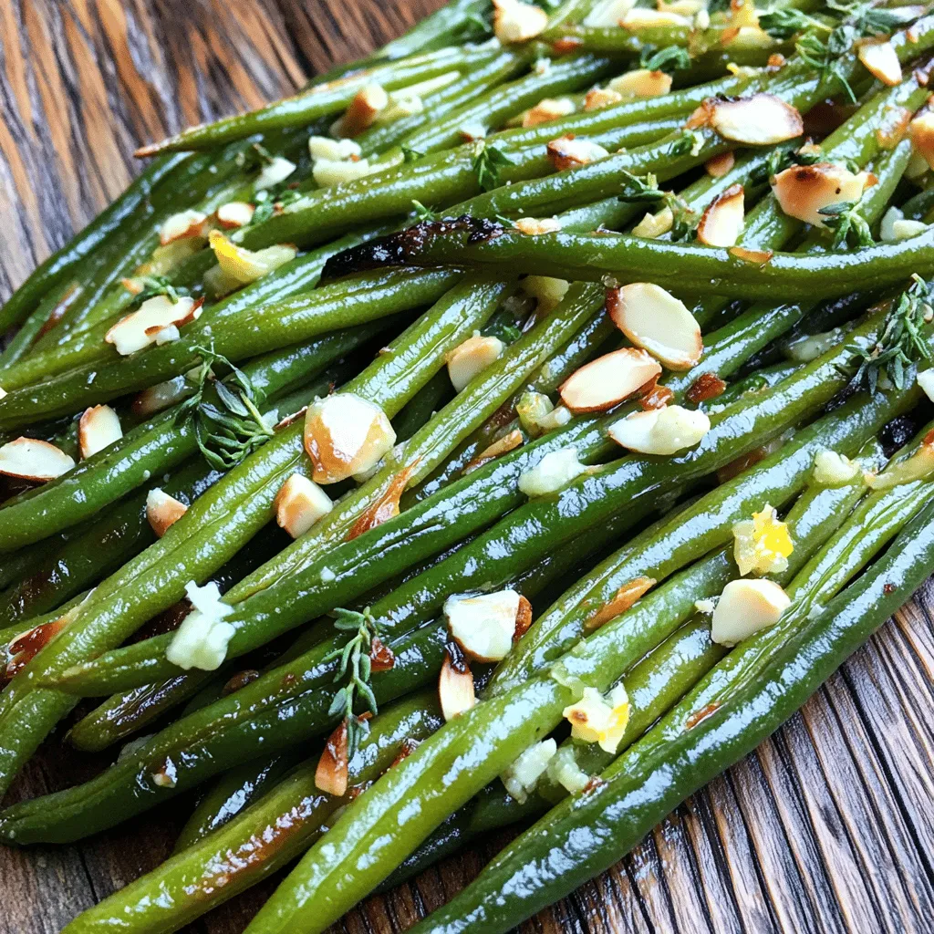 To make garlic butter roasted green beans, you need simple and fresh ingredients. Here is the list: - 1 pound fresh green beans, trimmed - 4 tablespoons unsalted butter - 6 cloves garlic, minced - 1 teaspoon lemon zest - 1 teaspoon dried thyme - Salt and pepper to taste - 2 tablespoons slivered almonds (for garnish) - 1 tablespoon fresh parsley, chopped (for garnish) Fresh green beans are key for this dish. Their crispness pairs well with rich garlic butter. The unsalted butter lets you control the salt level. Minced garlic gives a great aroma and taste. Lemon zest adds a bright touch. Dried thyme brings an earthy flavor. Salt and pepper help balance the dish. The slivered almonds give a nice crunch at the end. Fresh parsley adds a pop of color. You can find the full recipe above to guide you through the cooking steps. Gather these ingredients, and you’re ready to create a tasty side dish! First, you need to preheat your oven. Set it to 425°F (220°C). This high heat helps cook the green beans quickly and makes them tender and tasty. Next, let’s make the garlic butter. In a small pan, melt 4 tablespoons of unsalted butter over medium heat. Once melted, add 6 minced garlic cloves. Cook for 1-2 minutes. Keep an eye on it so the garlic does not brown. You want it fragrant, not burnt. Now, grab a large mixing bowl. Add 1 pound of trimmed green beans. Pour the melted garlic butter over the beans. Add 1 teaspoon of lemon zest and 1 teaspoon of dried thyme. Toss everything together. Make sure the green beans are well coated in the garlic butter mix. This step adds flavor to every bite. Spread the coated green beans on a baking sheet. Try to keep them in a single layer. Season them with salt and pepper to taste. Roast in the preheated oven for 15-20 minutes. Stir them halfway through for even cooking. They should be tender and slightly caramelized when done. Once your green beans are out of the oven, it’s time to serve. Sprinkle 2 tablespoons of slivered almonds on top for a nice crunch. Finish with 1 tablespoon of freshly chopped parsley for color and freshness. You can serve these tasty green beans as a side dish with any meal. They pair well with chicken, fish, or even pasta. For the full recipe, check out the details above. To make your garlic butter roasted green beans shine, think about adding fresh herbs. Fresh thyme or rosemary can lift the taste. You can also squeeze a bit of lemon juice on top after cooking. This adds a bright flavor that mixes well with garlic. If you like spice, try a pinch of red pepper flakes. This will give your dish a nice kick. For the best crunch, make sure your green beans are fresh. Look for bright green beans with a firm feel. When you roast, spread them out on the baking sheet. This allows them to cook evenly and get crispy. Stir halfway through to ensure even roasting. If you want more caramelization, roast them a little longer. Just watch them closely so they don't burn. Using the right tools helps a lot. A large mixing bowl makes it easy to toss the green beans with the garlic butter. A sturdy baking sheet is key; it should hold all the beans in a single layer. If you have a silicone baking mat, use it. It helps to prevent sticking and makes cleanup easy. A good pair of tongs is helpful too, especially for tossing the beans while they roast. For the full recipe, check out the detailed instructions above! {{image_2}} You can mix in other veggies with your green beans. Carrots, bell peppers, or zucchini work well. Just chop them to match the size of the green beans. This way, they cook evenly. Toss them in the garlic butter mix as you do with the green beans. Roasting time stays the same, but check for doneness. You want all the veggies to be tender yet crisp. While garlic and butter shine, feel free to change things up. Try adding red pepper flakes for some heat. You can also use fresh herbs like rosemary or oregano. A splash of balsamic vinegar adds a nice tang. Experiment with different flavors to find what you love. Just remember, keep the balance so the garlic flavor still comes through. Garlic butter roasted green beans pair well with many meals. Serve them with grilled chicken or fish for a fresh side. They also complement rich dishes like beef or pork. For a vegetarian option, they are great with quinoa or rice. Add these beans to your plate for a pop of color and flavor. They make any meal feel special and satisfying. If you have leftover garlic butter roasted green beans, store them in an airtight container. They stay fresh in the fridge for up to three days. Make sure to let them cool before sealing. This keeps the texture nice. To reheat, use the oven or a pan. Preheat the oven to 350°F (175°C). Spread the green beans on a baking sheet. Heat for about 10 minutes or until warm. If using a pan, add a splash of water and cover. This will help steam them back to life. Freezing is a great option too! Place cooled green beans in a freezer-safe bag. Squeeze out as much air as possible. They can last up to three months in the freezer. When ready to eat, thaw them overnight in the fridge before reheating. Enjoy your tasty dish any time! For the full recipe, check out the Garlic Butter Roasted Green Beans recipe above. Roast green beans for 15 to 20 minutes at 425°F (220°C). Stir them halfway through. This helps them cook evenly. You'll know they are done when they are tender and slightly caramelized. Yes, you can use frozen green beans. Just thaw and drain them first. Add a few extra minutes to the cooking time. Frozen beans may not get as crispy, but they will still taste great. You can use olive oil or coconut oil instead of butter. These options also add nice flavors. For a richer taste, try using ghee or vegan butter. To make this recipe vegan, simply replace the butter with olive oil or vegan butter. The garlic and green beans will still shine. This way, you keep all the great taste without any dairy. Serve these green beans hot as a side dish. They pair well with grilled meats or fish. You can also add them to a salad for extra crunch. For a nice touch, sprinkle some slivered almonds on top for added texture. For the full recipe, check out the earlier section. In this post, I shared a simple way to make garlic butter roasted green beans. You learned about key ingredients, step-by-step instructions, and helpful tips to enhance flavor and texture. There are also variations to mix things up and storage advice for leftovers. Remember, cooking should be fun! Experiment with these ideas and make this dish your own. Enjoy these delicious green beans at your next meal, and impress your friends and family.