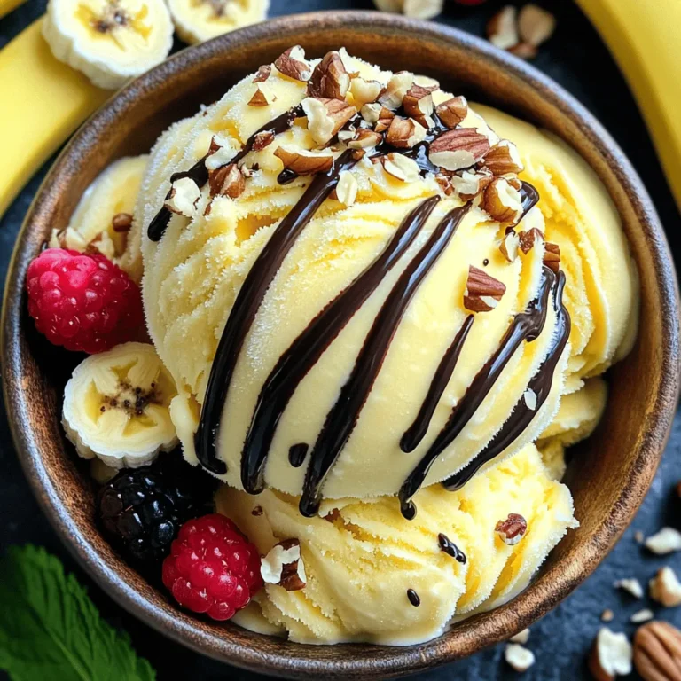 - 4 ripe bananas, sliced and frozen - 1 tablespoon almond butter (or any nut/seed butter) - 1 teaspoon vanilla extract - 1/4 cup coconut milk (or any plant-based milk) - A pinch of salt To make vegan banana ice cream, you need ripe bananas. They should be yellow with brown spots. This means they are sweet and soft. The almond butter adds creaminess and rich flavor. Coconut milk gives a nice texture and sweetness, too. The vanilla extract enhances the taste. A pinch of salt makes the flavors pop. - Chopped nuts - Shredded coconut - Dark chocolate chips - Fresh berries Toppings make your ice cream fun! Chopped nuts give a crunchy bite. Shredded coconut adds a tropical touch. Dark chocolate chips are rich and delicious. Fresh berries bring a burst of flavor. You can mix and match these toppings for a special treat! For the full recipe, check out the detailed steps to create this creamy delight. To start, you need ripe bananas. They should have brown spots. This means they are sweet and perfect for ice cream. Freezing bananas: Peel the bananas and slice them into small pieces. Place the slices on a baking sheet lined with parchment paper. Make sure they do not touch each other. Freeze them for at least two hours or until they are solid. Slicing technique: Slice the bananas into about half-inch rounds. This size helps them freeze evenly. Even slices will blend better later. You will need a food processor for this step. A strong blender can also work, but a food processor gives the best results. Adding ingredients: Once your banana slices are frozen, take them out. Put the slices in the food processor. Add one tablespoon of almond butter, one teaspoon of vanilla extract, and a pinch of salt. These ingredients enhance the flavor of your ice cream. Blend the mixture until it starts to break down. Scrape down the sides of the bowl as needed. Soft-serve vs. firmer ice cream: If you want a soft-serve texture, you can serve it right away. If you want it firmer, transfer it to an airtight container. Freeze it for one to two more hours. Mixing in sweeteners if needed: Taste the mixture. If you want it sweeter, you can add maple syrup or agave syrup. Blend again to mix. This creamy vegan banana ice cream is a simple treat. Follow these steps, and you’ll enjoy a delicious dessert in no time. For the full recipe, check out Creamy Dreamy Vegan Banana Ice Cream. To make the best vegan banana ice cream, choose ripe bananas. The riper they are, the sweeter and creamier your ice cream will be. Look for bananas with lots of brown spots. These bananas are sweet and soft, perfect for blending. Chill your equipment before you start. Place your food processor bowl in the fridge for a bit. This helps keep your ice cream cold and creamy as you blend. You can switch out the almond butter for other nut butters. Peanut butter adds a nice kick. Sunflower seed butter works well too. These options give your ice cream a unique flavor and texture. For the milk, you can try different dairy-free options. Cashew milk adds creaminess. Oat milk gives a nice taste too. Each milk will change the flavor a bit, so feel free to experiment. When serving, scoop the ice cream into fun bowls or cones. This makes it look inviting. You can add toppings like chopped nuts or shredded coconut. Dark chocolate chips or fresh berries also make great choices for extra flavor. Try pairing your vegan banana ice cream with other desserts. It goes well with brownies or pie. You can also serve it with fresh fruit for a refreshing treat. {{image_2}} You can make a tasty chocolate banana ice cream by adding cocoa powder or chocolate chips. Start by mixing in two tablespoons of cocoa powder when you blend the base. This gives your ice cream a rich, chocolatey flavor. If you prefer, add dark chocolate chips after blending. This adds a fun crunch and bursts of chocolate in each bite. You can also infuse your banana ice cream with other fruits. Strawberry banana ice cream is easy and delicious. Just blend in one cup of fresh strawberries with the bananas. This adds a sweet and tangy twist. Another option is a mango and banana twist. Blend one cup of frozen mango with the bananas to create a tropical treat. Want to spice things up? Try adding nutmeg or cinnamon to your mix. Just a pinch will add warmth and depth to your ice cream. You can also fold in cookie crumbles for a fun texture. Use your favorite vegan cookies for a sweet surprise in every scoop. For the full recipe, be sure to check out the instructions above. Enjoy your creamy and delicious treat! To keep your vegan banana ice cream fresh, use airtight containers. This helps prevent ice crystals from forming. Fill the container, leaving some space at the top. The ice cream will expand as it freezes. After freezing, handle it carefully. When scooping, use a warm spoon for easier serving. For the best taste, consume the ice cream within two weeks. After that, the flavor may fade. Look for signs of freezer burn. If you see white spots or a dry texture, it's time to toss it. These signs mean the ice cream is no longer at its best. Can you refreeze melted ice cream? Yes, but it might lose some creaminess. To keep the flavor and texture, try to serve it right away. If you must refreeze, let it sit at room temperature for a few minutes before serving next time. This helps restore some of its original smoothness. Use very ripe bananas for this recipe. Ripe bananas have brown spots. They are sweeter and creamier. The sugar content rises as they ripen, giving a rich flavor. You want bananas that feel soft but not mushy. This is key for that smooth texture in your vegan banana ice cream. Yes, you can! If you don't have a food processor, try a blender. A high-powered blender works well too. You can also mash the bananas with a fork. It may take more time, but it is still doable. After mashing, mix in the other ingredients in a bowl. Blend or mix until you reach a creamy texture. To make this recipe sugar-free, skip any sweeteners. The ripe bananas give enough natural sweetness. You can also use sugar substitutes like stevia or monk fruit. Just be sure to adjust the amount based on the brand. Always taste the mixture to ensure it meets your sweetness preference. Yes, this recipe is great for meal prep! After making the ice cream, store it in an airtight container. It keeps well in the freezer. For best results, scoop and serve soon after freezing. If frozen too long, it may become hard. Just let it sit at room temperature for a few minutes before serving. Enjoy it anytime you crave a sweet treat! In this blog post, we covered how to make vegan banana ice cream. You learned about key ingredients, like ripe bananas and almond butter. We shared step-by-step instructions for preparation and blending. Tips for the best texture and fun variations added depth to your ice cream options. Lastly, we discussed storage and answers to common questions. Now, it’s time for you to make your creamy treat and enjoy it with your favorite toppings. This easy recipe makes delightful, healthy desserts for everyone.