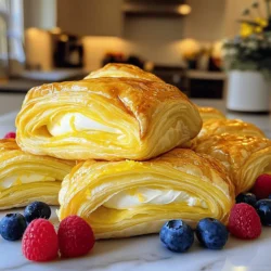 Here’s what you need for your Lemon Cream Cheese Danish. Gather these items before you start: - 1 sheet of puff pastry (thawed) - 8 oz cream cheese, softened - 1/2 cup powdered sugar - 1 tablespoon lemon zest - 2 tablespoons lemon juice - 1 egg (for egg wash) - 1 tablespoon vanilla extract - Fresh blueberries or raspberries for garnish (optional) - 1 tablespoon heavy cream (for cream cheese mixture, optional) These ingredients bring together a delightful blend of flavors. The cream cheese gives a rich base, while lemon zest and juice add freshness. You can adjust the sweetness with powdered sugar. The egg wash helps the pastry turn golden and shiny. Fresh berries make a lovely garnish and add a pop of color. You will love how easy it is to make this treat with the Full Recipe! 1. Preheat the oven: Start by setting your oven to 400°F (200°C). This step is key for a nice, crisp pastry. 2. Roll out the puff pastry: On a floured surface, take your thawed puff pastry. Gently roll it out to smooth any creases. Then, cut it into four equal squares. 3. Prepare the cream cheese mixture: In a bowl, mix the softened cream cheese with an electric mixer. Add the powdered sugar, lemon zest, lemon juice, and vanilla extract. If you want a creamier filling, add the heavy cream. Mix until it’s smooth. 1. Fill and fold the pastry squares: Place about a tablespoon of the lemon cream cheese mixture in the center of each pastry square. Fold the corners towards the center, pinching to seal. You can also leave the center open for a cute look. 2. Egg wash application: Beat the egg in a small bowl. Brush it over the top of the pastries. This gives them a beautiful golden finish. 3. Baking instructions and timing: Place the pastries on a lined baking sheet. Bake in the preheated oven for 15 to 20 minutes. Look for them to be puffed and golden brown. Each step is simple and ensures that your Lemon Cream Cheese Danish turns out delightful. Check out the Full Recipe for more details! - Ideal puff pastry handling: To get the best puff pastry, handle it gently. When you roll it out, use a light touch. Don’t press too hard. Dust your work surface with flour to prevent sticking. If the dough gets too warm, chill it briefly. This keeps the layers intact for a nice puff. - Achieving a golden finish: For a beautiful golden color, use an egg wash. Beat one egg and brush it over the tops of the pastries. This gives them a nice shine and helps with browning. Bake the pastries until they are puffed and golden, about 15-20 minutes at 400°F (200°C). - Adjusting sweetness: If you want a sweeter treat, add more powdered sugar to the cream cheese mixture. Start with a tablespoon at a time until you reach your desired taste. Remember, the lemon juice will add some tang. - Adding spices or extracts: You can elevate the flavor by adding spices. A pinch of cinnamon or nutmeg can add warmth. You might also add a few drops of almond extract for a unique twist. Experiment and find what you love! For the complete guide on making these delights, check out the Full Recipe. {{image_2}} You can play with flavors in your Lemon Cream Cheese Danish. Here are two fun ideas: - Berry Lemon Cream Cheese Danish: Add fresh berries like blueberries or raspberries to the cream cheese mix. This adds color and a burst of flavor. The sweet-tart taste of the berries pairs well with lemon. You can also top the finished pastries with more berries for a bright look. - Chocolate Lemon Cream Cheese Danish: If you love chocolate, try adding cocoa powder to the cream cheese filling. Start with 2 tablespoons and mix well. This will give you a rich and creamy chocolate flavor that contrasts nicely with the lemon. You can also drizzle melted chocolate on top after baking for a sweet treat. You can still enjoy this treat if you have dietary needs. Here are some great swaps: - Gluten-free puff pastry options: Many brands now offer gluten-free puff pastry. Check the frozen section of your local store. Just follow the same steps in the Full Recipe. The texture may be slightly different, but it will still taste great. - Vegan alternatives for cream cheese: You can replace cream cheese with a vegan option. Look for brands made from nuts or tofu. These can give you a creamy texture while keeping it plant-based. Just make sure to check for a good flavor that complements the lemon. For short-term storage, keep your Lemon Cream Cheese Danish in the fridge. Place them in an airtight container to keep them fresh. They will last about 2 to 3 days. If you have leftovers, let them cool completely before storing. This helps prevent sogginess. To store these danishes long-term, you can freeze them. Wrap each danish tightly in plastic wrap. Then, place them in a freezer-safe bag or container. They will keep well for up to 2 months in the freezer. When you want to eat them, thaw them in the fridge overnight. Then, reheat them in the oven for a few minutes at 350°F (175°C). This will help restore their flaky texture. Enjoy your delicious Lemon Cream Cheese Danish later with ease! For the complete recipe, check out the Full Recipe. Can I use homemade puff pastry? Yes, you can use homemade puff pastry. It can give your Danish a personal touch. Make sure it is cold before using. This will help it puff up nicely. How can I make the cream cheese filling smoother? To make your cream cheese filling smoother, beat it longer. Use an electric mixer for the best results. Adding a touch of heavy cream can also help. This makes it creamy and dreamy. What can I serve with Lemon Cream Cheese Danish? You can serve this Danish with fresh fruit or a scoop of ice cream. A dollop of whipped cream also works well. Pair it with coffee or tea for a perfect treat. Why are my pastries not puffing? If your pastries are not puffing, the oven may be too cold. Ensure it is preheated to 400°F (200°C). Also, check the puff pastry. It should be cold before baking. What to do if the filling is too runny? If the filling is too runny, you can add more cream cheese. Mix in a bit of powdered sugar to thicken it. Let it chill in the fridge for a while before using. Where did Lemon Cream Cheese Danish originate? The Lemon Cream Cheese Danish has roots in Danish baking traditions. These pastries spread across Europe. Now they are loved worldwide, especially in cafes. How to pair this pastry with drinks? Pair your Lemon Cream Cheese Danish with a light tea or coffee. A glass of lemonade enhances the lemon flavor. Sparkling water is refreshing too. Enjoy these drinks with your tasty treat! You’ve learned about making a delicious Lemon Cream Cheese Danish. We covered the key ingredients, simple steps, and helpful tips. Don't forget the fun variations and storage methods to make these treats last. Baking can be simple yet rewarding. Remember to personalize your danishes with your favorite flavors. Enjoy your baking journey and share your tasty results!
