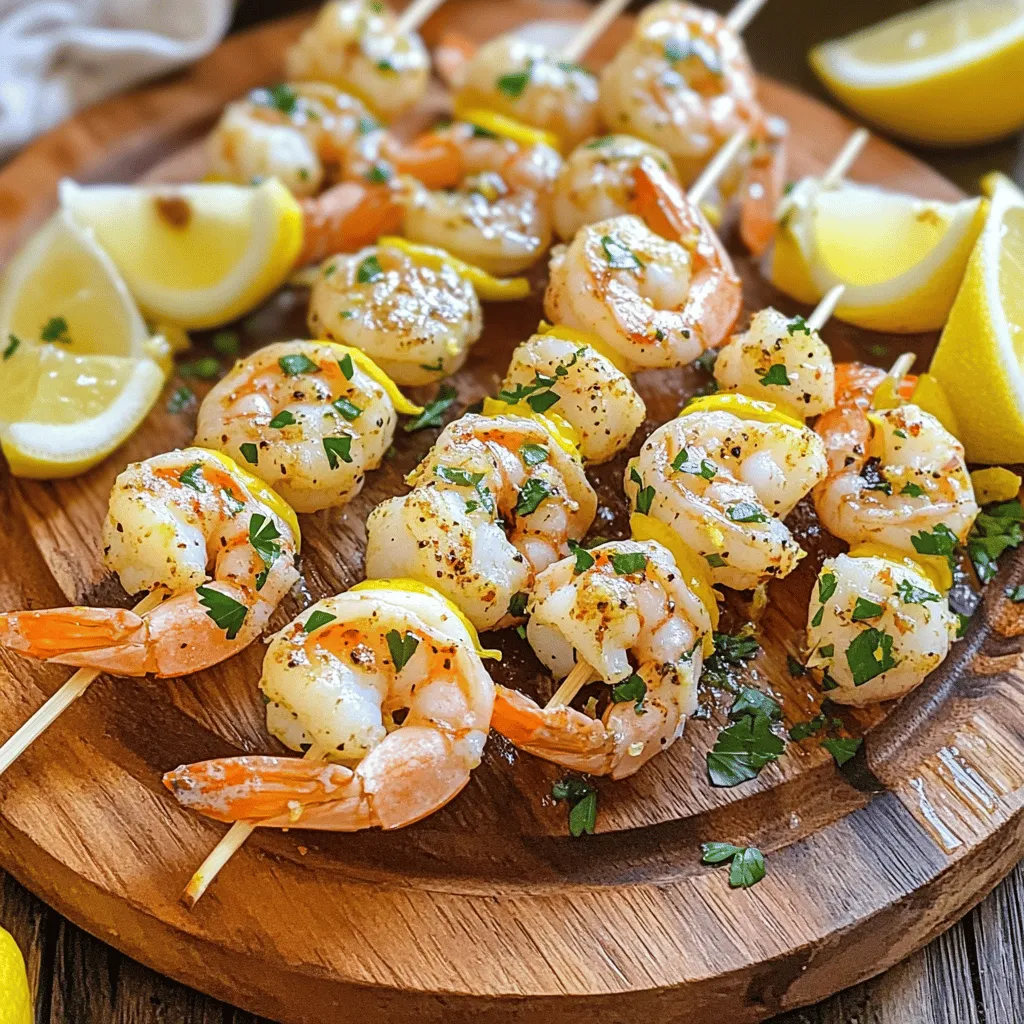 Gathering the right ingredients is key to making delicious Lemon Garlic Shrimp Skewers. Here’s what you need: - 1 pound large shrimp, peeled and deveined - 4 cloves garlic, minced - 1/4 cup olive oil - 2 tablespoons fresh lemon juice - Zest of 1 lemon - 1 teaspoon smoked paprika - 1 teaspoon dried oregano - Salt and pepper to taste - 1/4 teaspoon red pepper flakes (optional for heat) - Fresh parsley, chopped (for garnish) - 8 wooden skewers (soaked in water for 30 minutes if using) This blend of flavors makes the shrimp pop. The garlic and lemon give it a fresh taste. You can find all these items at your local grocery store. Make sure your shrimp are large and fresh. The olive oil adds richness, while spices like smoked paprika and oregano bring depth. Don't forget the red pepper flakes if you like a little heat. This simple list helps you create a dish that feels fancy yet easy to make. Check out the Full Recipe for detailed cooking steps and tips. To start, you need to make the marinade. In a mixing bowl, combine these ingredients: - 4 cloves garlic, minced - 1/4 cup olive oil - 2 tablespoons fresh lemon juice - Zest of 1 lemon - 1 teaspoon smoked paprika - 1 teaspoon dried oregano - Salt and pepper to taste - 1/4 teaspoon red pepper flakes (optional for heat) Whisk these items together until they blend well. Next, add your shrimp to the bowl. Make sure each shrimp is covered with the marinade. Cover the bowl and place it in the refrigerator. Let the shrimp soak in the flavors for at least 30 minutes. While the shrimp marinates, preheat your grill or grill pan to medium-high heat. This step is key to getting a good sear on the shrimp. After the grill is hot, take the marinated shrimp and thread them onto the skewers. Leave a little space between each shrimp. This helps them cook evenly. Now comes the fun part—grilling! Place the skewers on the grill. Cook them for about 2-3 minutes per side. You know the shrimp are ready when they turn pink and opaque. Be careful not to overcook them. Overcooked shrimp can become tough. If you’re unsure, check one shrimp to make sure it’s done. Once cooked, remove the skewers from the grill and place them on a platter. Enjoy these delicious lemon garlic shrimp skewers as part of a tasty meal. For the full recipe, check out the earlier section! To get the best flavor, marinating shrimp is key. I suggest at least 30 minutes. This gives the shrimp time to soak up all the tasty garlic and lemon. Fresh ingredients make a big difference too. Use ripe lemons and good quality olive oil. Fresh shrimp also taste better than frozen shrimp. When skewering your shrimp, leave space between each one. This helps them cook evenly. If you like, try using metal skewers. They heat up fast and make grilling easier. If you prefer wooden skewers, soak them in water for 30 minutes. This keeps them from burning on the grill. Serve your lemon garlic shrimp skewers with a fresh salad. A crunchy cucumber or a simple arugula salad works well. Rice or quinoa can also be great sides. For dipping sauces, I recommend a tangy lemon aioli or a spicy cocktail sauce. These add extra flavor and fun to your meal. For the full recipe, check out the complete guide! {{image_2}} You can change up the flavor of your shrimp skewers with different marinades. Adding citrus zest can give the shrimp a bright taste. Try lime or orange zest for a fun twist. You can also mix in fresh herbs like basil, cilantro, or mint. These herbs add depth and freshness to the dish. For spices, consider using cumin or coriander. They provide a warm flavor that pairs well with shrimp. You can also add a bit of ginger for a nice kick. This will keep your shrimp skewers exciting and new. Vegetables are a great addition to shrimp skewers. Cherry tomatoes, bell peppers, and zucchini are my favorites. They cook well on the grill and add color and texture. You can also use red onions for a sweet taste. Just cut them into large pieces so they stay on the skewer. For grill-friendly options, try asparagus or mushrooms. They both have a great texture and soak up the flavors from the marinade. Adding veggies makes your meal more balanced and fun. You can swap shrimp for other proteins if you like. Chicken works very well with this marinade. Just cut it into bite-sized pieces and marinate it the same way. Beef is another option. Use tender cuts like sirloin for the best results. If you want a vegetarian twist, try cubes of firm tofu. Tofu soaks up the marinade and gives you a delicious flavor. Just make sure to press the tofu to remove extra moisture. This will help it grill better and add a nice texture. Store leftover shrimp in an airtight container. This keeps them fresh. Make sure to cool them down first. If stored properly, they last up to three days in the fridge. Always check for off smells before eating. To freeze cooked shrimp, place them in a single layer on a baking sheet. This prevents them from sticking together. Once frozen, transfer them to a freezer bag. They can stay good for up to three months. When ready to eat, defrost them slowly in the fridge overnight. This keeps the texture nice and firm. Reheat shrimp gently to avoid drying them out. You can use a microwave on low power or a skillet on low heat. Adding a splash of water or a bit of olive oil helps keep them moist. Heat just until warm, not hot, to keep the flavor fresh. You can tell shrimp are cooked by their color and texture. When shrimp turn from gray to bright pink, they are ready. Also, they should feel firm to the touch. If they curl into a tight "C" shape, they are overcooked. Aim for a gentle curve instead. Yes, you can use frozen shrimp. To thaw them, place shrimp in a bowl of cold water for 15-20 minutes. Make sure to change the water halfway through. Once thawed, pat them dry with a paper towel before marinating. This helps the flavors stick better. These skewers pair well with many sides. You can serve them with: - Rice pilaf - Grilled vegetables - Fresh salad - Garlic bread - Lemon wedges You can also enjoy them with a light white wine or iced tea for a refreshing drink. Yes, you can cook these skewers in the oven. Preheat your oven to 400°F (200°C). Place the skewers on a baking sheet lined with foil. Bake for about 8-10 minutes, turning halfway through. Keep an eye on them to avoid overcooking. For extra flavor, broil for the last minute. For the complete guide to making these delicious skewers, check out the Full Recipe. In this post, we explored making delicious lemon garlic shrimp skewers. You learned about key ingredients and an easy marinade. Prepping the grill is important for perfect shrimp. Remember to space the shrimp well on skewers and avoid overcooking. Enjoy these skewers with tasty sides or dips. Final thoughts: Grill with fresh ingredients and be creative with flavors. Your next meal can be both fun and tasty!