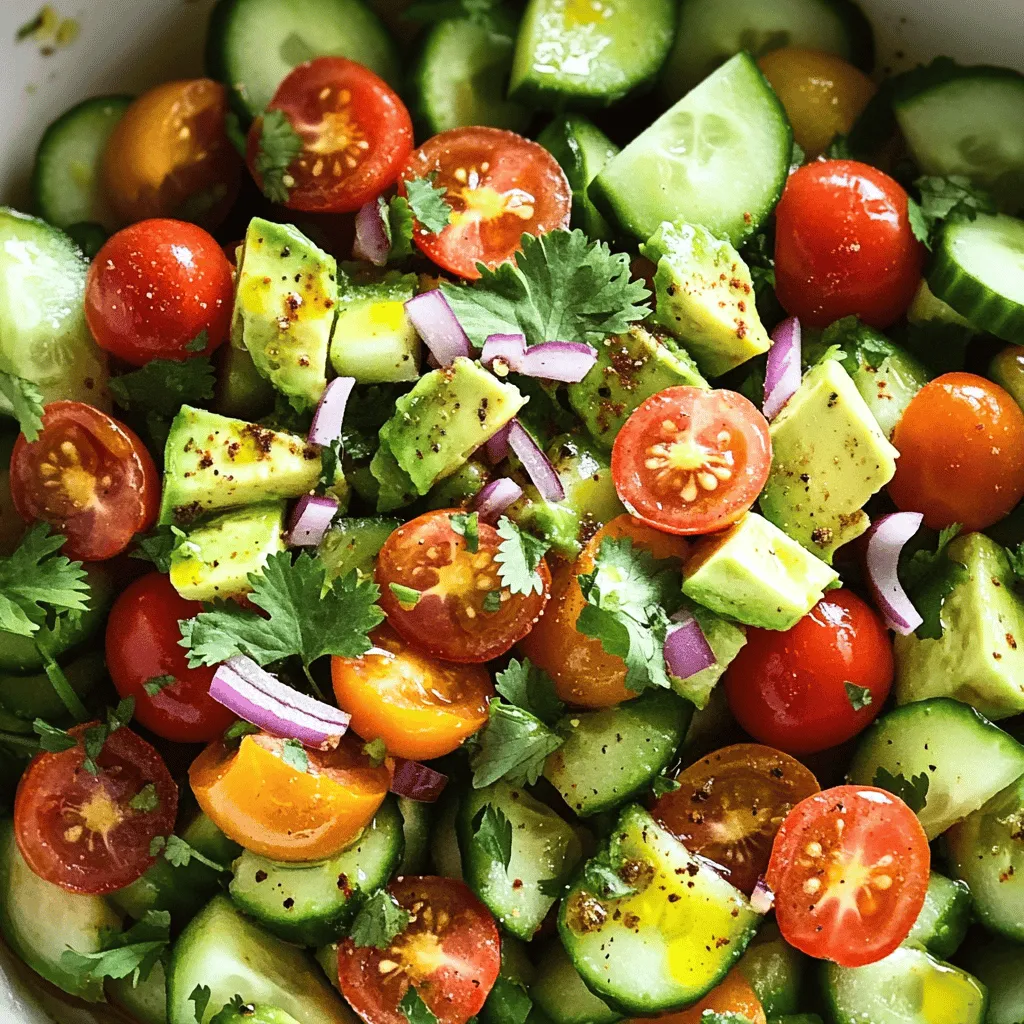 This Avocado Tomato Cucumber Salad is fresh and easy. It combines simple ingredients for a tasty dish. You can make it in just 15 minutes. This salad is perfect for lunch or as a side dish. - 2 ripe avocados, diced - 2 cups cherry tomatoes, halved - 1 large cucumber, diced - 1/4 cup red onion, finely chopped - 1/4 cup fresh cilantro, chopped - 2 tablespoons lime juice - 1 tablespoon olive oil - Salt and pepper to taste - 1/2 teaspoon cumin (optional) Each ingredient adds its own flavor. The avocados provide creaminess, while tomatoes add sweetness. The cucumber brings a nice crunch. Together, they create a refreshing salad. Use fresh herbs like cilantro for extra flavor. Lime juice brightens the dish, making it even better. Feel free to explore the [Full Recipe] for detailed steps on how to mix these ingredients into a vibrant salad. Start by gathering all your fresh ingredients. In a large mixing bowl, combine the diced avocados, halved cherry tomatoes, and diced cucumber. These three ingredients bring great texture and taste to the salad. Next, add the finely chopped red onion and fresh cilantro to the mixture. The onion adds a nice crunch, while cilantro gives a burst of flavor. Mix these ingredients gently, so you don’t mash the avocado. In a small bowl, whisk together the lime juice, olive oil, cumin (if using), salt, and pepper. The lime juice adds brightness, while olive oil brings richness. The cumin is optional but adds a warm note. Make sure to blend everything well. This dressing will tie all the flavors together beautifully. Now, drizzle the dressing over the salad ingredients. Gently toss everything together until well combined. Be careful not to mash the avocado. Let the salad sit for about 10 minutes to allow the flavors to meld. This step helps the salad taste even better. Taste and adjust seasoning with more salt, pepper, or lime juice if needed. Enjoy this fresh and flavorful meal! For the complete recipe, check the Full Recipe section. To make the best avocado tomato cucumber salad, choose ripe avocados and tomatoes. Ripe avocados feel slightly soft when you press them. If they are hard, they need more time to ripen. For tomatoes, look for bright colors and smooth skin. They should also feel firm but not hard. This simple step makes your salad fresh and tasty. How you serve your salad can make a difference. You can use a large bowl for family meals or individual plates for a fancy touch. For extra flair, garnish with cilantro leaves. A sprinkle of cumin on top adds a nice flavor twist. You can also serve the salad with tortilla chips for a crunchy side. You can change the taste of your salad with different dressings. For a creamier option, try adding Greek yogurt to your dressing. If you like heat, a pinch of chili powder can spice things up. Always taste your salad before serving. You may want to add more salt, pepper, or lime juice. For the full recipe, refer to the recipe section. {{image_2}} You can change up the flavors of your salad easily. Swap in different veggies like bell peppers or radishes. For a spicy kick, add jalapeños or diced chili. You can also use different herbs. Try basil or parsley instead of cilantro. If you want a fruit twist, mango or pineapple work well, too. Each change gives a new taste to your dish. This salad fits many diets. It is naturally vegetarian and vegan. To make it gluten-free, just check your dressing ingredients. You can also add protein for extra nutrition. Chickpeas, black beans, or grilled chicken are great options. Each choice makes this salad more filling and satisfying. Using fresh, seasonal produce makes your salad taste even better. In summer, ripe tomatoes and cucumbers shine. In fall, you can add roasted squash or apples. Winter brings hearty greens like kale that add crunch. In spring, look for fresh herbs and baby greens. Each season brings new flavors to explore. For the complete recipe, check out the Full Recipe section. To keep your avocado tomato cucumber salad fresh, store it in an airtight container. This helps prevent the salad from browning or getting soggy. If you have leftovers, try to separate the dressing. Mixing it in can make the salad watery. Store the dressing in a small jar or bowl and add it just before serving. In the refrigerator, this salad stays fresh for about one to two days. However, the avocado can turn brown quickly. Make sure to eat it sooner if you notice any browning. If you keep the dressing separate, the salad may last a bit longer. I do not recommend freezing this salad. Freezing can change the texture of the avocado and cucumber. Both can become mushy when thawed. Instead, enjoy the salad fresh for the best taste and texture. If you want to prepare ahead, make the dressing and store it separately. You can store avocado salad in the fridge for about one day. After that, the avocado turns brown and mushy. To slow this down, cover it tightly. Use plastic wrap or an airtight container. You can also add lime juice to help keep the color bright. Yes, you can add many different veggies or proteins. Try adding bell peppers for crunch or corn for sweetness. Chickpeas or grilled chicken can boost protein. Just make sure to keep the flavors balanced. Taste it as you go to get it just right. This dish is very healthy. It offers good fats from avocados, which help your heart. Tomatoes are full of vitamins and antioxidants. Cucumbers keep you hydrated. This salad is low in calories and high in nutrients. It’s a great choice for a light meal or side dish. For the full recipe, visit the [Full Recipe]. This article walks you through making a fresh avocado salad. You learned about the key ingredients, step-by-step instructions, and tips for serving. I shared ways to customize the salad and how to store it for later. Remember, you can swap ingredients based on your taste and dietary needs. Making this salad can be fun and flexible. Enjoy this healthy dish packed with flavor any time.