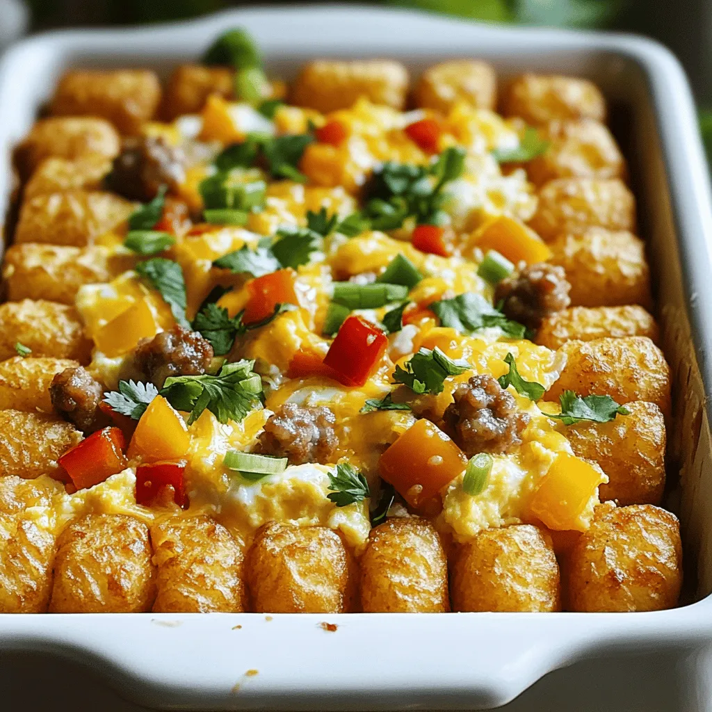 - 32 oz frozen tater tots - 8 large eggs - 1 cup whole milk - 1 cup shredded cheddar cheese - 1 cup cooked and crumbled sausage (or plant-based alternative) - 1 cup diced bell peppers (mixed colors) - 1/2 cup chopped green onions - 1 teaspoon garlic powder - Salt and pepper to taste - Fresh cilantro for garnish (optional) Gathering the right ingredients is key to making this loaded breakfast tater tot casserole shine. Start with frozen tater tots. They give a great base. I love using 32 ounces because they add a nice crunch. Next, you need eggs—8 large ones work perfectly. They bind everything together. The whole milk, 1 cup, adds creaminess. You can't forget the cheese! I use 1 cup of shredded cheddar cheese. It melts perfectly and gives flavor. For extra taste, I add 1 cup of cooked and crumbled sausage. You can use a plant-based sausage if you prefer. A blend of bell peppers, about 1 cup, adds color and sweetness. I choose mixed colors for a vibrant look. Finally, top it off with 1/2 cup of chopped green onions for a fresh bite. For seasoning, I make it simple. I use 1 teaspoon of garlic powder, plus salt and pepper to taste. Fresh cilantro is optional but adds a nice touch. For the full recipe, check out the details. This mix of ingredients makes a tasty and filling dish that everyone will love! - Preheat your oven to 375°F (190°C). - Grease a 9x13 inch baking dish with cooking spray or butter. - Spread the frozen tater tots evenly in the baking dish. This forms a great base. - In a mixing bowl, whisk together eggs, milk, garlic powder, salt, and pepper. Mix well until smooth. - Pour the egg mixture over the tater tots. Make sure to cover them all. - Sprinkle sausage, bell peppers, and cheddar over the casserole. This adds flavor and texture. - Bake for 30-35 minutes until the eggs are set and tater tots are crispy. You want a nice golden color. - Allow to cool for a few minutes before slicing. This helps it hold together better. For the complete guide, check out the Full Recipe. To get crispy tater tots, remember these key points: - Use a hot oven: Preheat your oven to 375°F (190°C). This helps the tots crisp up fast. - Even layer: Spread the tater tots evenly in the baking dish. This ensures they cook uniformly. - Don't crowd: If you have too many, use two dishes. Crowding can make them soggy. - Finish with broil: For extra crunch, broil for a few minutes after baking. Just watch closely! For the best results, choose the right baking dish. - Metal pans: They conduct heat well and help the tots brown nicely. - Glass dishes: These can work, but they may cook slower than metal. - Avoid ceramic: They may not heat evenly, which can lead to uneven cooking. You can swap some ingredients to fit your diet: - Plant-based sausage: Use veggie sausage or mushrooms for a meatless option. - Cheese alternatives: Try vegan cheese or nutritional yeast. These provide great flavor. For milk, consider: - Dairy-free milk: Almond, soy, or oat milk work well. They keep the dish creamy without dairy. Make your casserole look great with these tips: - Garnish creatively: Use fresh cilantro, diced tomatoes, or avocado slices on top. It adds color and flavor. - Plating ideas: Serve it in the baking dish for a casual vibe. For a fancy touch, spoon portions onto plates. - Pair with sides: Serve with fresh fruit or a simple salad. This adds balance to your meal. Check out the Full Recipe for all the details! {{image_2}} You can make your Loaded Breakfast Tater Tot Casserole even better with some flavor boosts. Adding spices like paprika or cayenne gives it a nice kick. I love how a little heat can wake up the taste buds. You can also use different cheeses. Pepper jack adds spice, while feta brings a tangy taste. Mixing in these flavors can change the whole dish. Don't be afraid to mix up the ingredients. You can use different vegetables like spinach or mushrooms for added nutrition. These swaps can change the texture and taste. If you want to switch up the meat, try bacon or ham instead of sausage. Each choice adds its own unique flavor to the casserole. If you're looking to lighten things up, there are easy swaps. Use lower-calorie options like egg whites and skim milk. You can also make it vegetarian by leaving out the meat and adding more veggies. For those who need gluten-free meals, simply choose gluten-free tater tots. These simple changes keep the dish delicious while making it healthier. For the full recipe, check out the details above. To store leftovers of your Loaded Breakfast Tater Tot Casserole, first let it cool down. Once cooled, cut it into squares. Place the squares in an airtight container. I recommend using glass containers with tight lids to keep it fresh. Label the container with the date so you’ll know when you made it. This way, you can enjoy it later without any worry. When it's time to eat your leftovers, you can reheat them in the oven. Preheat the oven to 350°F (175°C). Place the casserole pieces on a baking sheet. Cover them with foil to keep them from drying out. Heat for about 15-20 minutes, or until hot. If you want to freeze the casserole, wrap it tightly in plastic wrap and foil. To thaw, put it in the fridge overnight before reheating. When stored properly in the fridge, the casserole lasts about 3-4 days. If you freeze it, it can last up to 2-3 months. Always check for signs of spoilage before eating. Look for a change in color, smell, or texture. If anything seems off, it's best to toss it out. Enjoy your delicious meals without any worries! How can I make this casserole ahead of time? You can prep this casserole the night before. Just follow the steps but do not bake it. Cover the dish with plastic wrap and place it in the fridge. In the morning, bake it straight from the fridge. This saves time and keeps the flavors fresh. Can I use fresh rather than frozen tater tots? Using fresh tater tots is not recommended. Frozen tater tots have the right texture and cook evenly in the oven. If you use fresh, they may not crisp up well. Stick with frozen for the best results. Is it possible to make this recipe gluten-free? Yes, you can make this casserole gluten-free. Use gluten-free tater tots and check the sausage label. Many brands offer gluten-free options. This way, you can enjoy the dish without any worries. What are some vegan options for this casserole? To make a vegan version, replace eggs with a tofu mixture or flax eggs. Use plant-based milk and cheese. There are many good meat substitutes available too, like tempeh or lentils. This keeps the flavors rich and satisfying without animal products. Why did my casserole turn out soggy? A soggy casserole usually means there was too much liquid. Make sure to measure your milk and eggs carefully. Also, avoid overcooking the veggies before adding them to the mix. This helps keep the texture just right. Can I add more eggs without affecting the texture? You can add one or two extra eggs if you want. Just be aware that too many eggs can make it dense. Balance is key for a fluffy texture. Stick with the recipe for the best results. For the full recipe, check out the Loaded Breakfast Tater Tot Casserole. This article covers a tasty tater tot casserole recipe. We explored the key ingredients, like eggs, milk, and cheese. Step-by-step instructions guide you through preparation, baking, and even storage tips. You also learned about ingredient swaps and how to tweak flavors. In summary, this dish is fun to make and easy to customize. You can enjoy it fresh or save leftovers for later. Keep experimenting with different flavors and enjoy your meals!