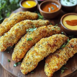 - 2 boneless, skinless chicken breasts, sliced into strips - 1 cup buttermilk - 1 teaspoon garlic powder - 1 teaspoon onion powder - 1 teaspoon smoked paprika - 1 teaspoon dried oregano - 1 teaspoon dried thyme - 1 cup all-purpose flour - 1 cup breadcrumbs (preferably panko for extra crunch) - Salt and pepper to taste - Vegetable oil for frying You can swap buttermilk for regular milk mixed with a bit of vinegar. This gives a similar tang. If you don’t have garlic or onion powder, fresh garlic and onion work too. Use fresh herbs instead of dried if you have them. You can replace all-purpose flour with gluten-free flour or cornstarch for a gluten-free option. Each ingredient plays a key role in making chicken tenders crisp and tasty. - Chicken breasts provide a lean protein base. They cook quickly and stay juicy. - Buttermilk tenderizes the chicken and adds flavor. It helps create a nice crust. - Spices like garlic powder and smoked paprika boost flavor. They add depth and warmth. - Breadcrumbs, especially panko, give that crunchy texture we all love. - Flour helps the coating stick. It also adds to the crispiness when fried. - Salt and pepper enhance all the flavors in the dish. - Vegetable oil is crucial for frying. It helps achieve that golden, crispy exterior. For the full recipe, check out the Crispy Herb-Infused Chicken Tenders. Start by gathering your chicken and ingredients. Take the chicken breasts and slice them into strips. I like to make them about one inch wide. This size cooks evenly and stays juicy. Next, mix the buttermilk with garlic powder, onion powder, smoked paprika, oregano, and thyme in a large bowl. This mix adds great flavor and helps the breading stick. Place the chicken strips in the bowl, cover it, and let it chill in the fridge for at least one hour. If you have time, marinate them overnight for even more taste. Once your chicken is marinated, it’s time to coat it. Set up two bowls: one with seasoned flour and the other with breadcrumbs. Make sure to add salt and pepper to the flour. Take each chicken strip from the marinade. Let the extra liquid drip off, then coat it in the flour. Shake off any excess flour. After that, dip the strip back into the buttermilk mixture briefly. This step helps the breadcrumbs stick better. Finally, roll the chicken in the breadcrumbs and press gently. This ensures a nice, even coating. Now comes the fun part—frying! Heat about one inch of vegetable oil in a large frying pan. Aim for a temperature of 350°F (175°C). You can check this with a kitchen thermometer. Carefully add the chicken strips in batches. Avoid crowding the pan, as this can lower the oil's temperature. Fry each side for around 4-5 minutes. Look for a golden brown color that shows they are ready. Once cooked, move the chicken tenders to a plate lined with paper towels. This helps soak up extra oil. Serve them hot with your favorite dipping sauces for a tasty treat. Enjoy your crispy chicken tenders! For a detailed recipe, you can check the Full Recipe. To get that perfect crispy texture, start with panko breadcrumbs. They are light and airy, giving your chicken a great crunch. After marinating, let the chicken strips rest for a few minutes. This helps the coating stick better. When frying, use enough oil to cover the chicken halfway. This ensures even cooking and crispiness. Flip the chicken only once to avoid losing that crunchy layer. Marinating is key for flavor and juiciness. Use buttermilk for the best result. It tenderizes the chicken and adds great taste. For extra flavor, try adding hot sauce or lemon juice to your marinade. You can marinate the chicken for one hour at a minimum. However, if you have time, let it sit overnight. This makes the chicken even tastier. Serve your chicken tenders with a variety of dipping sauces. Honey mustard, ranch, or barbecue sauce are all great choices. You can also pair them with a fresh salad for a complete meal. Arrange the tenders on a pretty platter and add some herbs for color. This makes your meal look inviting and fun. For a side, try crispy fries or a light coleslaw. Enjoy your delicious chicken tenders with friends and family! {{image_2}} You can make baked chicken tenders for a healthier option. Start with the same marinated chicken. Instead of frying, place the coated chicken on a baking sheet. Use parchment paper for easy cleanup. Spray the chicken lightly with cooking spray. Bake at 400°F (200°C) for about 20-25 minutes. Flip halfway through for even cooking. You’ll still enjoy a crispy outside and juicy inside. Adding spices can change the taste of your chicken tenders. Try adding cayenne pepper for heat or Italian herbs for a fresh twist. You can also mix in some parmesan cheese with the breadcrumbs. For sauces, offer options like buffalo sauce, sweet chili sauce, or a tangy barbecue sauce. A squeeze of lemon can brighten the flavors too. Experiment to find your favorite combo. Kids love fun shapes and flavors. Use cookie cutters to shape chicken tenders into dinosaurs or stars. You can also create a fun dipping station. Offer a variety of dips like ketchup, ranch, or honey. To make them more appealing, serve with colorful veggies or fruit on the side. This keeps mealtime fun and exciting for little ones. For the full recipe, check out the [Full Recipe]. After enjoying your chicken tenders, let them cool down. Place leftovers in an airtight container. Make sure they are sealed tightly. Store them in the fridge for up to 3 days. If you have a lot, consider portioning them out. This way, you can grab just what you need later. To reheat chicken tenders, you have a few great options. For the best texture, use an oven. Preheat the oven to 375°F (190°C). Place the tenders on a baking sheet and heat for 10 to 15 minutes. You can also use an air fryer. Set it to 350°F (175°C) and cook for about 5 to 7 minutes. Both methods keep the tenders crispy. If you're in a hurry, a microwave will work too. Heat them in short bursts, checking often. They won’t be as crispy, but they’ll still taste good. Freezing is a great way to save chicken tenders. First, let them cool completely. Then, wrap each piece in plastic wrap. Place the wrapped tenders in a freezer bag. Squeeze out all the air before sealing. They will stay fresh for up to 2 months. To thaw them, move the bag to the fridge for the night. You can also use the microwave, but be careful not to cook them. Once thawed, use the reheating methods mentioned above. This keeps them tasty and enjoyable. For more details, check the Full Recipe. To cook chicken tenders well, use a meat thermometer. Insert it into the thickest part of the chicken. The right temperature is 165°F (74°C). This ensures the chicken is safe to eat. Uniformly sized strips also help with even cooking. Fry the chicken until golden brown for the best flavor and texture. You can marinate chicken for 30 minutes to 24 hours. For a quick soak, 30 minutes is enough to add flavor. If you want a deeper taste, marinate overnight. Just remember, if you marinate too long, the texture can change. The acid in the marinade can make the chicken mushy. Yes, you can make chicken tenders gluten-free. Instead of all-purpose flour, use a gluten-free flour blend. For the breadcrumbs, use gluten-free panko. These swaps will keep the crispiness you want. Always check labels to ensure all ingredients are gluten-free. Chicken tenders started in the United States. They became popular in the 1970s. The name "tender" comes from the tender meat used in the dish. Many people love them for their taste and ease. They fit well in meals for kids and adults alike. In this post, we covered delicious chicken tenders. We looked at key ingredients and ideas for substitutions. You learned step-by-step ways to prepare, coat, and fry. I shared tips for a crispy texture and fun serving ideas. We explored healthier versions and storage tips too. Making chicken tenders can be simple and fun. Enjoy experimenting with flavors and variations. You now have all you need to create perfect chicken tenders!