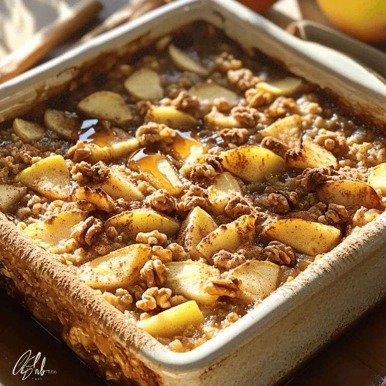 Here are the ingredients you need for the Cinnamon Apple Oatmeal Bake: - 2 cups rolled oats - 1 teaspoon baking powder - 1 teaspoon ground cinnamon - 1/2 teaspoon salt - 2 cups unsweetened almond milk (or milk of choice) - 1/4 cup maple syrup or honey - 2 large eggs - 1 teaspoon vanilla extract - 2 cups apples, peeled and diced (about 2-3 medium apples) - 1/2 cup chopped walnuts or pecans (optional) - 1/4 cup raisins or dried cranberries (optional) This dish is simple to prepare and packed with flavor. Each ingredient plays an important role. The rolled oats provide a hearty base, while the apples add sweetness and moisture. Cinnamon gives it that warm, cozy taste. When choosing apples, go for a mix of tart and sweet. This balance really enhances the flavor of the bake. I often use Granny Smith and Honeycrisp for the best results. The nuts and dried fruits are optional but add great texture and flavor. You can mix and match your favorites. For a healthier twist, use unsweetened almond milk or any milk you prefer. Maple syrup or honey adds just the right amount of sweetness without being overpowering. For the full recipe, follow the steps to create this delightful dish. Enjoy the warm, comforting flavors of Cinnamon Apple Oatmeal Bake! - Preheat oven to 350°F (175°C). - Grease a 9x9 inch baking dish. Start by preheating your oven. This step makes sure the bake cooks evenly. Greasing the dish helps the oatmeal bake come out clean. - Combine rolled oats, baking powder, ground cinnamon, and salt. In a large bowl, mix the dry ingredients. This includes rolled oats, baking powder, ground cinnamon, and salt. Stir them well until they blend together. This step adds great flavor and texture. - Whisk together almond milk, maple syrup (or honey), eggs, and vanilla extract. Next, take another bowl and whisk the wet ingredients. Use almond milk, maple syrup or honey, eggs, and vanilla extract. Whisk until they are fully combined. This mixture will add moisture and sweetness to your bake. - Mix wet ingredients into dry ingredients and add apples, nuts, and dried fruits. Now, pour the wet mix into the dry mix. Stir gently until just combined. Fold in the diced apples and any nuts or dried fruits. This gives your oatmeal bake a tasty twist. - Pour into baking dish and bake for 35-40 minutes. Pour the entire mixture into your greased dish. Spread it out evenly. Bake it in the preheated oven for 35-40 minutes. You want the top to be golden brown and set at the edges. - Allow to cool before slicing. Once baked, let the dish cool for a few minutes. This makes slicing easier. Now, your Cinnamon Apple Oatmeal Bake is ready to enjoy! For the full recipe, check the detailed instructions provided. To make your Cinnamon Apple Oatmeal Bake just right, consider the sweetness. You can adjust it by adding more or less maple syrup or honey. Taste your mixture before baking to find the perfect level for you. Even apple distribution is key. Cut your apples into similar sizes. This way, every bite has a nice apple flavor. Mix them in gently with the oats to ensure they spread evenly. Serving this bake warm is a must. Drizzle it with maple syrup for a sweet touch or add a scoop of yogurt for creaminess. Both options enhance the taste and make it more enjoyable. A sprinkle of cinnamon on top adds flavor and makes your dish look nice. It brings out the warmth of the cinnamon already in the bake. Pair your oatmeal bake with coffee or tea for breakfast. The warm drinks balance the sweetness of the dish. Fresh fruit sides work well too. Think berries or banana slices, adding color and extra nutrients to your meal. Explore the [Full Recipe] for more details on making this delightful dish! {{image_2}} You can change the milk in this recipe. Use coconut milk for a creamy twist. Oat milk adds a subtle flavor that blends well. If you want less sugar, try agave or stevia as sweeteners. These options keep the dish tasty and healthy. To kick up the flavor, add a pinch of nutmeg or ginger. These spices add warmth and depth to your bake. You can also use different fruits. Pears add a nice sweetness, while berries bring tartness. Mix and match fruits to fit your taste. If you want a vegan version, swap the eggs for flaxseed meal. Use 1 tablespoon of flaxseed mixed with 2.5 tablespoons of water for each egg. This creates a great binder. For gluten-free options, use certified gluten-free oats. This ensures everyone can enjoy this dish. To store leftovers, let the Cinnamon Apple Oatmeal Bake cool first. Once cool, cut it into squares. Place the squares in an airtight container. This keeps the dish fresh and prevents it from drying out. If you have a large batch, use a glass baking dish with a lid. These containers help maintain flavor and texture. If you want to freeze the bake, cool it completely. Wrap each square tightly in plastic wrap. Then, place them in a freezer-safe bag or container. This prevents freezer burn. When you're ready to eat, take out a square. Let it thaw in the fridge overnight. Reheat in the oven at 350°F (175°C) for about 15 minutes. You can also microwave it for a quick warm-up, about 1-2 minutes. In the fridge, the bake lasts about 4-5 days. You’ll know it’s still good if it smells sweet and apple-like. If you see mold or it smells sour, throw it away. Trust your senses; they are your best guide! Yes, you can prep this dish in advance. To do this, mix the dry ingredients and wet ingredients separately. Store them in the fridge. Combine them just before baking. This helps save time on busy mornings. You can also bake it the night before. Just reheat it in the morning for a warm breakfast. Absolutely! You can replace the eggs with flaxseed meal. Mix 1 tablespoon of flaxseed meal with 2.5 tablespoons of water. Let it sit for 5-10 minutes until it thickens. This works great in baking, giving you a nice texture. The oatmeal bake should be moist but not watery. The top should be golden brown, and the edges should be firm. When you cut into it, you want it to hold together. It should feel creamy inside with soft apple chunks. Yes, you can easily double this recipe. Just use a larger baking dish. You may need to adjust baking time. Keep an eye on it. Check for doneness by inserting a toothpick. It should come out clean when it’s ready. Reheat leftovers in the oven or microwave. For the oven, set it to 350°F (175°C). Heat for about 10-15 minutes. If using the microwave, warm it for 1-2 minutes. Add a splash of almond milk to keep it moist. Yes! You can adjust this recipe to your taste. Try adding different fruits like bananas or berries. Use nuts like almonds or hazelnuts for crunch. You can also change the spices. Add nutmeg or ginger for a fun twist. This blog post covers a delicious baked oatmeal recipe. We went through the ingredients, step-by-step instructions, and helpful tips. You can mix and match to fit your taste and diet. Whether you're looking for a cozy breakfast or a snack, this recipe is a winner. Remember to store leftovers properly to enjoy them later. With so many variations, there's a way to make this your own. Try it out, and let this dish bring warmth to your table!