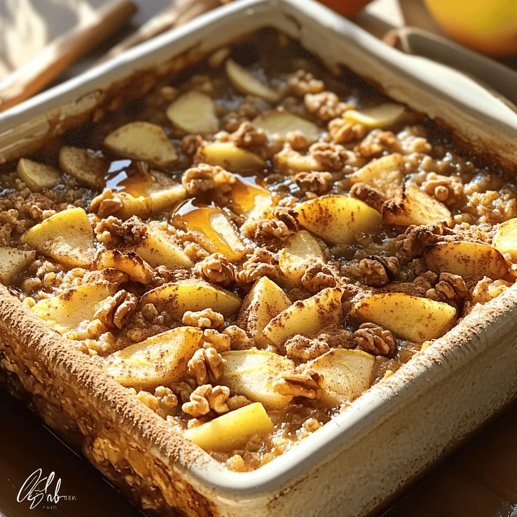 Here are the ingredients you need for the Cinnamon Apple Oatmeal Bake: - 2 cups rolled oats - 1 teaspoon baking powder - 1 teaspoon ground cinnamon - 1/2 teaspoon salt - 2 cups unsweetened almond milk (or milk of choice) - 1/4 cup maple syrup or honey - 2 large eggs - 1 teaspoon vanilla extract - 2 cups apples, peeled and diced (about 2-3 medium apples) - 1/2 cup chopped walnuts or pecans (optional) - 1/4 cup raisins or dried cranberries (optional) This dish is simple to prepare and packed with flavor. Each ingredient plays an important role. The rolled oats provide a hearty base, while the apples add sweetness and moisture. Cinnamon gives it that warm, cozy taste. When choosing apples, go for a mix of tart and sweet. This balance really enhances the flavor of the bake. I often use Granny Smith and Honeycrisp for the best results. The nuts and dried fruits are optional but add great texture and flavor. You can mix and match your favorites. For a healthier twist, use unsweetened almond milk or any milk you prefer. Maple syrup or honey adds just the right amount of sweetness without being overpowering. For the full recipe, follow the steps to create this delightful dish. Enjoy the warm, comforting flavors of Cinnamon Apple Oatmeal Bake! - Preheat oven to 350°F (175°C). - Grease a 9x9 inch baking dish. Start by preheating your oven. This step makes sure the bake cooks evenly. Greasing the dish helps the oatmeal bake come out clean. - Combine rolled oats, baking powder, ground cinnamon, and salt. In a large bowl, mix the dry ingredients. This includes rolled oats, baking powder, ground cinnamon, and salt. Stir them well until they blend together. This step adds great flavor and texture. - Whisk together almond milk, maple syrup (or honey), eggs, and vanilla extract. Next, take another bowl and whisk the wet ingredients. Use almond milk, maple syrup or honey, eggs, and vanilla extract. Whisk until they are fully combined. This mixture will add moisture and sweetness to your bake. - Mix wet ingredients into dry ingredients and add apples, nuts, and dried fruits. Now, pour the wet mix into the dry mix. Stir gently until just combined. Fold in the diced apples and any nuts or dried fruits. This gives your oatmeal bake a tasty twist. - Pour into baking dish and bake for 35-40 minutes. Pour the entire mixture into your greased dish. Spread it out evenly. Bake it in the preheated oven for 35-40 minutes. You want the top to be golden brown and set at the edges. - Allow to cool before slicing. Once baked, let the dish cool for a few minutes. This makes slicing easier. Now, your Cinnamon Apple Oatmeal Bake is ready to enjoy! For the full recipe, check the detailed instructions provided. To make your Cinnamon Apple Oatmeal Bake just right, consider the sweetness. You can adjust it by adding more or less maple syrup or honey. Taste your mixture before baking to find the perfect level for you. Even apple distribution is key. Cut your apples into similar sizes. This way, every bite has a nice apple flavor. Mix them in gently with the oats to ensure they spread evenly. Serving this bake warm is a must. Drizzle it with maple syrup for a sweet touch or add a scoop of yogurt for creaminess. Both options enhance the taste and make it more enjoyable. A sprinkle of cinnamon on top adds flavor and makes your dish look nice. It brings out the warmth of the cinnamon already in the bake. Pair your oatmeal bake with coffee or tea for breakfast. The warm drinks balance the sweetness of the dish. Fresh fruit sides work well too. Think berries or banana slices, adding color and extra nutrients to your meal. Explore the [Full Recipe] for more details on making this delightful dish! {{image_2}} You can change the milk in this recipe. Use coconut milk for a creamy twist. Oat milk adds a subtle flavor that blends well. If you want less sugar, try agave or stevia as sweeteners. These options keep the dish tasty and healthy. To kick up the flavor, add a pinch of nutmeg or ginger. These spices add warmth and depth to your bake. You can also use different fruits. Pears add a nice sweetness, while berries bring tartness. Mix and match fruits to fit your taste. If you want a vegan version, swap the eggs for flaxseed meal. Use 1 tablespoon of flaxseed mixed with 2.5 tablespoons of water for each egg. This creates a great binder. For gluten-free options, use certified gluten-free oats. This ensures everyone can enjoy this dish. To store leftovers, let the Cinnamon Apple Oatmeal Bake cool first. Once cool, cut it into squares. Place the squares in an airtight container. This keeps the dish fresh and prevents it from drying out. If you have a large batch, use a glass baking dish with a lid. These containers help maintain flavor and texture. If you want to freeze the bake, cool it completely. Wrap each square tightly in plastic wrap. Then, place them in a freezer-safe bag or container. This prevents freezer burn. When you're ready to eat, take out a square. Let it thaw in the fridge overnight. Reheat in the oven at 350°F (175°C) for about 15 minutes. You can also microwave it for a quick warm-up, about 1-2 minutes. In the fridge, the bake lasts about 4-5 days. You’ll know it’s still good if it smells sweet and apple-like. If you see mold or it smells sour, throw it away. Trust your senses; they are your best guide! Yes, you can prep this dish in advance. To do this, mix the dry ingredients and wet ingredients separately. Store them in the fridge. Combine them just before baking. This helps save time on busy mornings. You can also bake it the night before. Just reheat it in the morning for a warm breakfast. Absolutely! You can replace the eggs with flaxseed meal. Mix 1 tablespoon of flaxseed meal with 2.5 tablespoons of water. Let it sit for 5-10 minutes until it thickens. This works great in baking, giving you a nice texture. The oatmeal bake should be moist but not watery. The top should be golden brown, and the edges should be firm. When you cut into it, you want it to hold together. It should feel creamy inside with soft apple chunks. Yes, you can easily double this recipe. Just use a larger baking dish. You may need to adjust baking time. Keep an eye on it. Check for doneness by inserting a toothpick. It should come out clean when it’s ready. Reheat leftovers in the oven or microwave. For the oven, set it to 350°F (175°C). Heat for about 10-15 minutes. If using the microwave, warm it for 1-2 minutes. Add a splash of almond milk to keep it moist. Yes! You can adjust this recipe to your taste. Try adding different fruits like bananas or berries. Use nuts like almonds or hazelnuts for crunch. You can also change the spices. Add nutmeg or ginger for a fun twist. This blog post covers a delicious baked oatmeal recipe. We went through the ingredients, step-by-step instructions, and helpful tips. You can mix and match to fit your taste and diet. Whether you're looking for a cozy breakfast or a snack, this recipe is a winner. Remember to store leftovers properly to enjoy them later. With so many variations, there's a way to make this your own. Try it out, and let this dish bring warmth to your table!