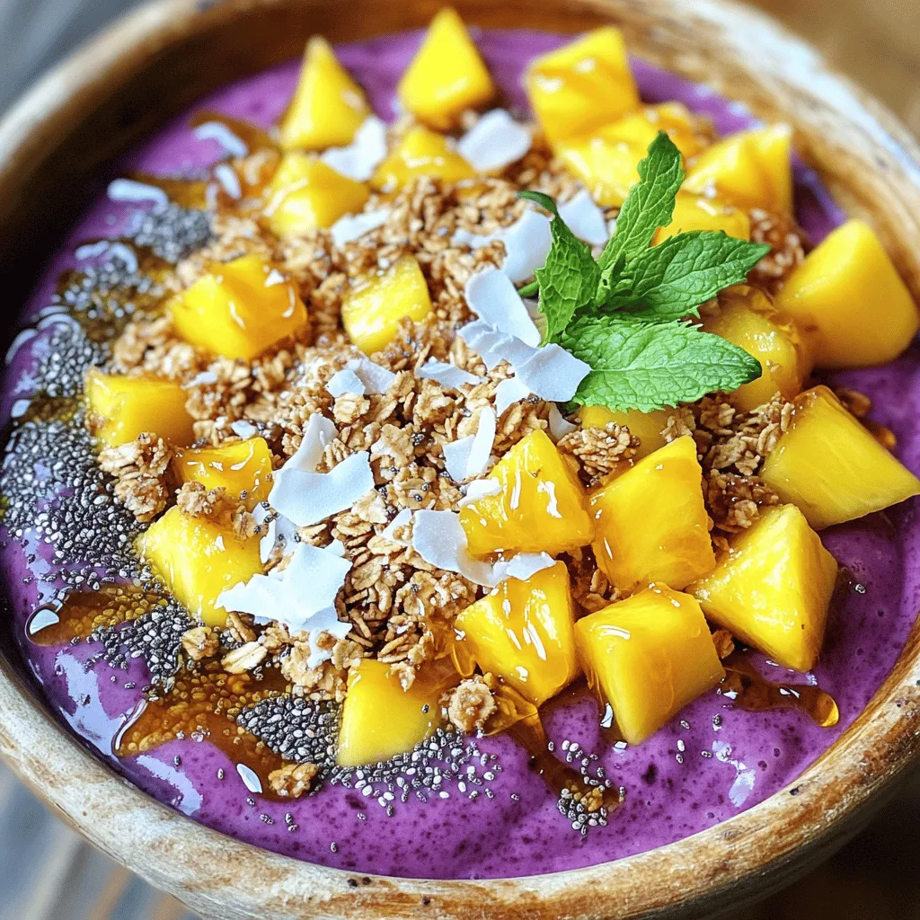 - 2 packets frozen acai puree - 1 banana, sliced - 1 cup coconut water - 1/2 cup mango, diced - 1/2 cup pineapple, diced - 1/4 cup granola - 2 tablespoons shredded coconut - 1 tablespoon chia seeds - 1 tablespoon honey (or agave syrup) - Fresh mint leaves for garnish Each ingredient in the Tropical Acai Bowl brings unique health benefits. - Acai puree: This berry is rich in antioxidants. It helps fight free radicals in your body. - Banana: A great source of potassium, bananas support heart health and digestion. - Coconut water: It hydrates and provides electrolytes, which are great after exercise. - Mango: Packed with vitamins A and C, mangoes boost your immune system. - Pineapple: This fruit has bromelain, which helps reduce inflammation and aids digestion. - Granola: A crunchy topping that offers fiber and keeps you full. - Shredded coconut: This adds healthy fats and fiber to your bowl. - Chia seeds: These tiny seeds are high in omega-3s and help with heart health. - Honey or agave syrup: Natural sweeteners that provide energy without refined sugars. - Mint leaves: They add a fresh flavor and may aid digestion. When picking fruits, look for vibrant colors and firm textures. - Bananas: Choose bananas with a few brown spots for sweetness. - Mangoes: They should give slightly when pressed. Smell for sweetness at the stem. - Pineapples: Look for a sweet aroma and a firm but slightly soft feel. The leaves should be green and fresh. Fresh fruits make your Tropical Acai Bowl taste even better. They also add more nutrients. Enjoy the process of choosing your fruits! For the full recipe, check out the Tropical Acai Bowl 🥥. To make the acai base, start with frozen acai puree. Grab two packets and place them in your blender. Next, add one sliced banana and one cup of coconut water. Blend this mix until it turns smooth and creamy. This step is key for a rich texture. Once blended, pour the acai mixture into your bowl. Now comes the fun part! Take half a cup of diced mango and half a cup of diced pineapple. Arrange these fruits on top of the acai mix in a bright, colorful pattern. This makes your bowl look pretty and appetizing. Next, sprinkle a quarter cup of granola over the top. Add two tablespoons of shredded coconut and one tablespoon of chia seeds. For a touch of sweetness, drizzle one tablespoon of honey or agave syrup on top. Lastly, garnish with fresh mint leaves for a refreshing finish. To serve your tropical acai bowl, make sure it looks inviting. Use a wide, shallow bowl for a great presentation. You can also use a coconut shell for a fun twist. Don't forget to keep some of the fruits aside for guests. This way, they can add more if they like. Serve it right away for the best taste. Enjoy your Tropical Acai Bowl as a breakfast or a snack. You can find the full recipe in the earlier section. To get the best blend, use frozen acai puree. This gives a thick texture. Start with the coconut water, then add the acai and banana. Blend on high until smooth. If it’s too thick, add a little more coconut water. A perfect blend makes a creamy base. Keep your acai puree in the freezer until you are ready to use it. Store bananas at room temperature, away from direct sunlight. Fresh mango and pineapple last longer in the fridge. Use them within a few days for the best taste. Toppings can really make your acai bowl pop. Try fresh fruits like kiwi or berries for added color and taste. Nuts and seeds add crunch and nutrition. You can also drizzle nut butter or yogurt on top for creaminess. Experiment with flavors to find your favorite combo. For the complete recipe, check out the Full Recipe section. {{image_2}} You can mix and match fruits in your Tropical Acai Bowl. Instead of mango and pineapple, try strawberries or kiwi. These fruits add bright colors and unique tastes. You can also use blueberries or raspberries for a burst of flavor. Adding a scoop of peanut butter or almond butter can make it creamier and richer. This recipe is easy to adapt for vegan and gluten-free diets. You can skip honey and use agave syrup instead. For granola, choose a gluten-free version. This way, you keep the taste while making it safe for everyone. You can also add seeds like pumpkin or sunflower for extra crunch. Seasonal fruits can change your bowl each time. In summer, add fresh peaches or cherries. In winter, consider pomegranate seeds or citrus slices. These fruits not only taste great but also brighten your dish. You can also experiment with spices like cinnamon or nutmeg for a twist. Explore these variations to make your Tropical Acai Bowl unique every time. For the full recipe, visit the section on ingredients and instructions. To store leftover acai mixture, place it in an airtight container. Make sure to seal it tightly. Refrigerate the container if you plan to use it within a day or two. The acai may thicken, but you can blend it again with a bit of coconut water to loosen it up. For toppings, keep them separate from the acai mixture. Use small containers to store fresh fruits like mango and pineapple. Granola should stay in a dry place to keep it crunchy. Shredded coconut and chia seeds can also be stored in airtight containers. This way, they will stay fresh and tasty. You can freeze some of the ingredients for your acai bowl. Freeze diced mango and pineapple in single layers on a baking sheet. Once frozen, transfer them to a freezer bag. This keeps them fresh and ready for your next bowl. You can also freeze extra acai puree if you have any left over. Just place it in ice cube trays for easy portioning later. An acai bowl is a smoothie in a bowl. It often uses acai berries, which are small and dark. These berries come from the Amazon rainforest. You blend them with fruits and liquids, like coconut water. Then, you top it with nuts, seeds, and fresh fruits. The bowl is thick and creamy, making it filling and tasty. Yes, you can make a tropical acai bowl ahead of time. I suggest making the acai base first. Store it in the fridge for a day. When you are ready to eat, add your toppings. Keep the toppings separate to stay fresh. This way, your bowl will still taste great. You can buy tropical acai bowls at many cafes and smoothie shops. Some grocery stores also sell them. Look for places that focus on healthy foods. You might find pre-packaged acai bowls in the freezer section too. Check online for local spots that serve acai bowls. Acai berries are full of nutrients. They are rich in antioxidants, which help fight free radicals. They may improve heart health and boost energy levels. Acai also has fiber, which aids digestion. Eating acai can keep your skin healthy too. Overall, acai bowls make a great addition to your diet. For a tasty recipe, check out the Full Recipe. To wrap up, we explored the tasty world of tropical acai bowls. We covered key ingredients and their health perks. You learned how to prepare, serve, and add your favorite toppings. I shared tips for blending and storing to keep your bowl fresh. Plus, we looked at fun variations to try in every season. Embrace these ideas to make delicious bowls that elevate your breakfast and snack time. Enjoy your health journey with vibrant flavors and wholesome ingredients!