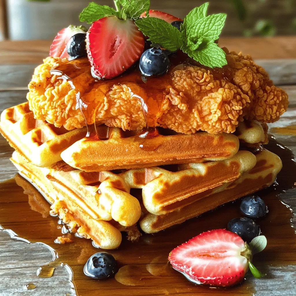 To make the perfect chicken and waffles, you need some key items: - 2 boneless, skinless chicken breasts - 1 cup buttermilk - 1 cup all-purpose flour - 1 teaspoon paprika - 1 teaspoon garlic powder - 1 teaspoon onion powder - ½ teaspoon black pepper - ½ teaspoon salt - ½ teaspoon cayenne pepper (optional for spice) - 2 large eggs - 1 cup cornmeal - 1 teaspoon baking powder - 1¼ cups milk - 1 tablespoon sugar - 1 teaspoon vanilla extract - 4 tablespoons unsalted butter, melted - Maple syrup, for serving - Fresh berries (strawberries, blueberries, or raspberries), for garnish These ingredients create a tasty blend of flavors. The buttermilk makes the chicken juicy. The spices add a nice kick. You can add more fun with extra ingredients: - Hot sauce for spice lovers - Honey for added sweetness - Cinnamon for a warm twist - Lemon zest for brightness These small changes can give your dish a unique touch. Feel free to mix and match based on your taste. When shopping, look for these tips: - Choose chicken that feels firm and moist. - Check the buttermilk for a fresh scent. - Pick flour with no lumps and a fine texture. - Choose berries that are bright and plump. Fresh ingredients make a big difference in taste. Always look for high quality to ensure the best meal. For the complete cooking guide, check the Full Recipe. To start, I mix buttermilk, paprika, and salt in a bowl. This blend makes the chicken tender and flavorful. I add the chicken breasts to the mixture and let them sit in the fridge for at least 30 minutes. This marinating step is key to juicy chicken. Next, I prepare the coating. I take a shallow dish and mix flour, paprika, garlic powder, onion powder, black pepper, salt, and cayenne pepper. In another dish, I beat the eggs until smooth. This coating gives the chicken a nice crunch. Now, it's time to cook. I remove the chicken from the buttermilk and dip each piece into the egg. After that, I dredge the chicken in the flour mixture. I heat oil in a deep frying pan over medium-high heat and fry the chicken for about 6-8 minutes on each side until golden brown. I place the cooked chicken on a paper towel-lined plate to absorb extra oil. While the chicken cools, I make the waffles. I whisk together cornmeal, flour, baking powder, sugar, and a pinch of salt in a large bowl. In another bowl, I mix milk, melted butter, and vanilla extract. I combine the wet and dry ingredients, stirring until just blended. Next, I preheat the waffle iron and lightly grease it with cooking spray. I pour the batter into the waffle iron and cook according to the manufacturer's instructions until golden brown. Finally, I assemble the dish. I place a waffle on a plate, top it with a piece of fried chicken, and drizzle it with maple syrup. I like to garnish with fresh berries on the side for color. - Full Recipe Overview: - Marinate chicken in buttermilk. - Prepare coating with flour and spices. - Fry chicken until golden brown. - Make waffles with cornmeal and flour. - Serve with syrup and berries. Frying chicken can be easy if you follow some simple steps. First, use a deep frying pan. This allows for even cooking. Heat oil to about 350°F for best results. Always test the oil by dropping in a small piece of bread. If it sizzles, the oil is ready. Cook the chicken in small batches. This keeps the oil temperature steady. Fry each piece for 6-8 minutes on each side until golden brown. Drain on paper towels to keep it crispy. To make perfect waffles, focus on the batter. Use cornmeal for a nice texture. This adds a crunch that pairs well with the chicken. Preheat your waffle iron before adding the batter. Lightly grease it with cooking spray to prevent sticking. Cook until golden brown, but don’t peek too soon. This can make the waffles soggy. Let them cool slightly on a wire rack to keep them crisp. Make your dish look as good as it tastes. Stack the fried chicken on top of the waffle for a fun tower. Drizzle warm maple syrup over the top for sweetness. Scatter fresh berries around the plate for color. A sprig of mint can add a nice touch. This simple presentation makes your meal feel special. Try these tips, and your chicken and waffles will impress everyone! {{image_2}} You can switch the chicken for other proteins. Try using biscuits or sausages. Biscuits give a fun twist, and they soak up syrup well. Sausages add a savory touch that pairs nicely with waffles. You can even use tofu for a vegetarian option. Just season and cook it well to keep the flavor. Waffles don't have to be plain. You can make them with chocolate chips or blueberries. Chocolate chip waffles add sweetness and fun. Blueberry waffles bring a burst of freshness. You can also try adding spices like cinnamon or nutmeg for more flavor. Mixing in fruit makes your dish colorful and tasty. How you serve your meal can change the whole vibe. Consider using savory sauces like gravy or hot sauce. This adds a spicy kick and a different taste. Fruit compotes, like berry or peach, can add sweetness. Drizzling maple syrup is classic, but don’t shy away from experimenting. Add fresh herbs like mint for a bright touch. Each serving becomes unique and exciting. For more ideas, check out the Full Recipe for more ways to enjoy this dish! To keep chicken and waffles tasty, wrap leftovers well. Use plastic wrap or aluminum foil. Store them in an airtight container. This helps keep them fresh and moist. When you reheat, do it gently. Use an oven for best results. Preheat to 350°F (175°C). Place the chicken and waffles on a baking sheet. Heat for about 10-15 minutes. This keeps the chicken crispy and warms the waffles nicely. You can also microwave, but it may make the food soggy. If you use the microwave, warm them for 30 seconds at a time. Chicken and waffles can last in the fridge for about 3 to 4 days. Always check for any signs of spoilage before eating. If they look or smell off, throw them out. Enjoy your meal safely! If you don't have buttermilk, you can use regular milk. Add 1 tablespoon of vinegar or lemon juice to 1 cup of milk. Let it sit for five minutes. This will create a tangy taste similar to buttermilk. Yes, you can make gluten-free waffles! Use a gluten-free flour blend instead of all-purpose flour. Look for a blend that has xanthan gum for better texture. This will help your waffles stay light and fluffy. To keep chicken juicy, marinate it in buttermilk. The acidity helps tenderize the meat. Fry the chicken at the right temperature. Too hot can dry it out, while too low may make it soggy. Aim for 350°F for frying. Maple syrup is the classic choice. Its sweetness pairs well with savory chicken. You can also try flavored syrups, like peach or berry. These add a fun twist and enhance the dish's taste. In this post, we explored how to make amazing chicken and waffles. We covered key ingredients, marinating and cooking steps, and essential tips for frying and presentation. You can even switch up proteins or waffle flavors to keep things fresh. Remember to store leftovers safely and reheat them to keep flavors intact. With these steps, you can make a dish your family will love. Enjoy your cooking journey!