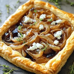 To make a delicious caramelized onion and goat cheese tart, gather fresh ingredients. This tart is perfect for a snack or a fancy meal. You will need simple items found at your local store. - 1 sheet of puff pastry, thawed - 3 large onions, thinly sliced - 2 tablespoons olive oil - 1 tablespoon balsamic vinegar - 3 ounces goat cheese, crumbled - 1 teaspoon fresh thyme leaves - Salt and pepper to taste - 1 egg, beaten (for egg wash) These ingredients create a rich and tasty flavor. The puff pastry gives a nice crunch, while the onions add sweetness. Goat cheese brings a creamy touch that makes this dish special. You can add more flavors if you like. Consider these options: - Sliced mushrooms for extra texture - Spinach for a pop of green - Feta cheese for a tangy twist - Sliced tomatoes for freshness Feel free to mix in any of your favorite ingredients. This tart is versatile, and you can make it your own! Start by heating olive oil in a large skillet over medium heat. Once the oil is hot, add the thinly sliced onions with a pinch of salt. Stir to coat the onions well. Cook them for about 15 to 20 minutes. Stir them every few minutes. You want them to soften and turn a nice, rich brown. This step is key for great flavor. After the onions are caramelized, mix in the balsamic vinegar. This adds a tangy touch. Cook for another 2 to 3 minutes. The vinegar should reduce a bit. Once done, take the skillet off the heat and let the onions cool slightly. Now, roll out the puff pastry on a floured surface. This helps smooth out any creases. Next, place the pastry on a baking sheet with parchment paper. Use a knife to score a 1-inch border around the edge. Be careful not to cut all the way through. This border will rise and create a nice crust. Prick the center of the pastry with a fork. This step stops it from puffing up too much. Spread the cooled caramelized onions evenly in the center, staying inside the border. Then, sprinkle the crumbled goat cheese and fresh thyme leaves over the onions. Season it with salt and pepper to taste. Finally, brush the edges of the pastry with the beaten egg. This will give it a beautiful golden color when baked. Preheat your oven to 400°F (200°C). Once preheated, place the tart in the oven. Bake it for 25 to 30 minutes. Keep an eye on it. You want the pastry to be golden and puffed. When it’s done, take it out of the oven and let it cool slightly. This will make it easier to slice. Cut the tart into squares or rectangles. Serve it warm or at room temperature. For a nice touch, garnish with thyme sprigs and pair it with a light salad or a drizzle of balsamic glaze. Enjoy your delicious creation! To get sweet, rich onions, you need patience. Start by slicing onions thinly. Use a large skillet and heat olive oil over medium heat. Add the onions with a pinch of salt. Stir them often. Cook for 15-20 minutes. Watch as they turn golden brown and soft. Add balsamic vinegar for a flavor boost. Cook for a few more minutes until the vinegar reduces. This step makes the onions even more tasty. A great tart needs a flaky crust. Use high-quality puff pastry for the best results. Roll it out gently on a floured surface. This helps avoid tears. Score a border around the edge to keep the filling in. Prick the center with a fork to stop it from puffing too much. This method lets your tart cook evenly and look amazing. First, let the tart cool for a few minutes. This makes it easier to slice. Cut into squares or rectangles for serving. For a touch of elegance, add fresh thyme sprigs on top. A drizzle of balsamic glaze can also enhance the look and flavor. Serve the tart warm or at room temperature alongside a light salad. This creates a lovely meal that everyone will enjoy. {{image_2}} You can make your tart even tastier by adding more veggies. Try using spinach or kale for a nice green touch. Bell peppers or mushrooms also work well. Just sauté them lightly before adding to the tart. This adds flavor and color, making your dish even more appealing. While goat cheese is delicious, you can switch it up. Use feta cheese for a salty kick or ricotta for a creamier texture. Cheddar or mozzarella also make great choices. Each cheese brings its own flavor, allowing you to customize your tart to your taste. If you need a gluten-free option, don’t worry! You can use gluten-free puff pastry. Many brands offer this, so check your local store. You can also make a crust using almond flour or chickpea flour. This way, everyone can enjoy the caramelized onion and goat cheese tart. You can find the full recipe to help you get started on this delicious dish. After making your caramelized onion and goat cheese tart, let it cool completely. Wrap it tightly in plastic wrap or foil. You can also place it in an airtight container. This keeps it fresh and prevents it from drying out. Store it in the fridge for the best results. To reheat, preheat your oven to 350°F (175°C). Place the tart on a baking sheet. Heat it for about 10-15 minutes. This warms the tart and keeps the crust crispy. You can also use a microwave, but the crust won’t stay as flaky. If you choose the microwave, heat in 30-second intervals until warm. Your tart will last up to 3 days in the fridge. If you want to keep it longer, consider freezing it. Wrap the cooled tart well and store it in the freezer for up to 2 months. When ready to eat, thaw it overnight in the fridge before reheating. Enjoy the flavor and texture just like fresh! Yes, you can make the tart ahead of time. Prepare the tart up to the baking step. Cover it with plastic wrap and keep it in the fridge for one day. When you are ready, bake it right before serving. This saves time and still gives you that fresh-baked taste. This tart pairs well with a simple salad. A mix of greens with a light vinaigrette works great. You can also serve it with balsamic glaze for extra flavor. For a heartier option, add some roasted vegetables or a side of soup. To store leftovers, let the tart cool completely. Place it in an airtight container and store it in the fridge. It will stay good for about 3 days. To reheat, place it in an oven at 350°F (175°C) for about 10-15 minutes. This keeps the crust nice and crispy. For the full recipe, check out the Caramelized Onion and Goat Cheese Tart. In this post, I shared a full recipe for caramelized onion tart. We covered essential ingredients, step-by-step instructions, and tips for perfect results. You learned how to enhance flavors with optional add-ins and variations. Plus, I included storage info for leftovers and answered common questions. Creating this tart is simple and rewarding. You'll impress your friends with its great taste. Enjoy every bite you make!