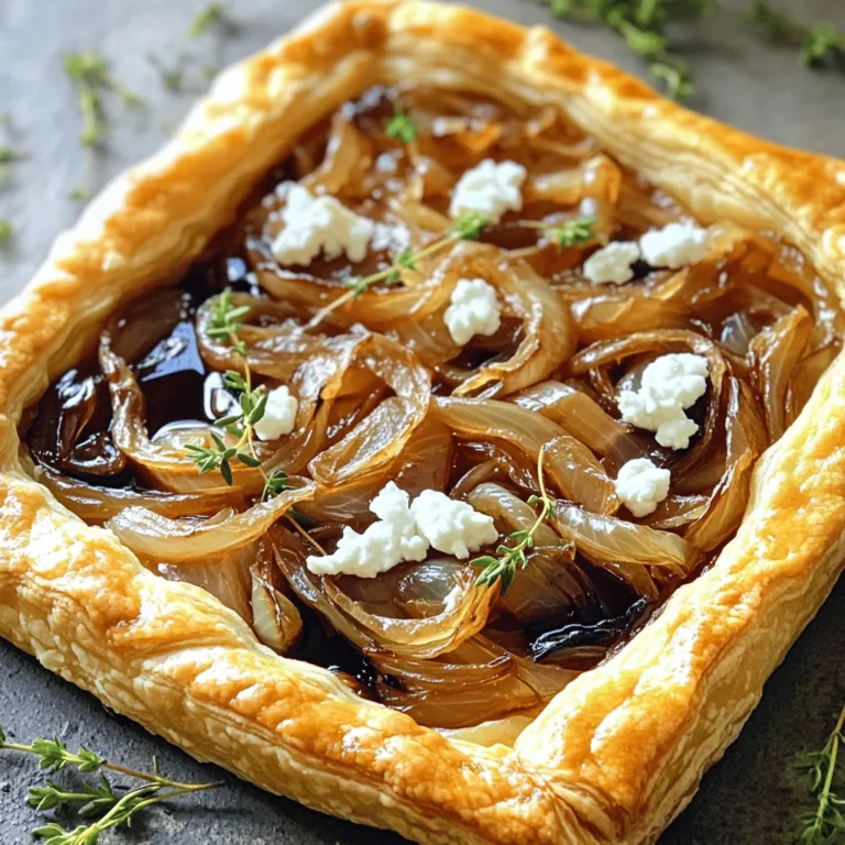 To make a delicious caramelized onion and goat cheese tart, gather fresh ingredients. This tart is perfect for a snack or a fancy meal. You will need simple items found at your local store. - 1 sheet of puff pastry, thawed - 3 large onions, thinly sliced - 2 tablespoons olive oil - 1 tablespoon balsamic vinegar - 3 ounces goat cheese, crumbled - 1 teaspoon fresh thyme leaves - Salt and pepper to taste - 1 egg, beaten (for egg wash) These ingredients create a rich and tasty flavor. The puff pastry gives a nice crunch, while the onions add sweetness. Goat cheese brings a creamy touch that makes this dish special. You can add more flavors if you like. Consider these options: - Sliced mushrooms for extra texture - Spinach for a pop of green - Feta cheese for a tangy twist - Sliced tomatoes for freshness Feel free to mix in any of your favorite ingredients. This tart is versatile, and you can make it your own! Start by heating olive oil in a large skillet over medium heat. Once the oil is hot, add the thinly sliced onions with a pinch of salt. Stir to coat the onions well. Cook them for about 15 to 20 minutes. Stir them every few minutes. You want them to soften and turn a nice, rich brown. This step is key for great flavor. After the onions are caramelized, mix in the balsamic vinegar. This adds a tangy touch. Cook for another 2 to 3 minutes. The vinegar should reduce a bit. Once done, take the skillet off the heat and let the onions cool slightly. Now, roll out the puff pastry on a floured surface. This helps smooth out any creases. Next, place the pastry on a baking sheet with parchment paper. Use a knife to score a 1-inch border around the edge. Be careful not to cut all the way through. This border will rise and create a nice crust. Prick the center of the pastry with a fork. This step stops it from puffing up too much. Spread the cooled caramelized onions evenly in the center, staying inside the border. Then, sprinkle the crumbled goat cheese and fresh thyme leaves over the onions. Season it with salt and pepper to taste. Finally, brush the edges of the pastry with the beaten egg. This will give it a beautiful golden color when baked. Preheat your oven to 400°F (200°C). Once preheated, place the tart in the oven. Bake it for 25 to 30 minutes. Keep an eye on it. You want the pastry to be golden and puffed. When it’s done, take it out of the oven and let it cool slightly. This will make it easier to slice. Cut the tart into squares or rectangles. Serve it warm or at room temperature. For a nice touch, garnish with thyme sprigs and pair it with a light salad or a drizzle of balsamic glaze. Enjoy your delicious creation! To get sweet, rich onions, you need patience. Start by slicing onions thinly. Use a large skillet and heat olive oil over medium heat. Add the onions with a pinch of salt. Stir them often. Cook for 15-20 minutes. Watch as they turn golden brown and soft. Add balsamic vinegar for a flavor boost. Cook for a few more minutes until the vinegar reduces. This step makes the onions even more tasty. A great tart needs a flaky crust. Use high-quality puff pastry for the best results. Roll it out gently on a floured surface. This helps avoid tears. Score a border around the edge to keep the filling in. Prick the center with a fork to stop it from puffing too much. This method lets your tart cook evenly and look amazing. First, let the tart cool for a few minutes. This makes it easier to slice. Cut into squares or rectangles for serving. For a touch of elegance, add fresh thyme sprigs on top. A drizzle of balsamic glaze can also enhance the look and flavor. Serve the tart warm or at room temperature alongside a light salad. This creates a lovely meal that everyone will enjoy. {{image_2}} You can make your tart even tastier by adding more veggies. Try using spinach or kale for a nice green touch. Bell peppers or mushrooms also work well. Just sauté them lightly before adding to the tart. This adds flavor and color, making your dish even more appealing. While goat cheese is delicious, you can switch it up. Use feta cheese for a salty kick or ricotta for a creamier texture. Cheddar or mozzarella also make great choices. Each cheese brings its own flavor, allowing you to customize your tart to your taste. If you need a gluten-free option, don’t worry! You can use gluten-free puff pastry. Many brands offer this, so check your local store. You can also make a crust using almond flour or chickpea flour. This way, everyone can enjoy the caramelized onion and goat cheese tart. You can find the full recipe to help you get started on this delicious dish. After making your caramelized onion and goat cheese tart, let it cool completely. Wrap it tightly in plastic wrap or foil. You can also place it in an airtight container. This keeps it fresh and prevents it from drying out. Store it in the fridge for the best results. To reheat, preheat your oven to 350°F (175°C). Place the tart on a baking sheet. Heat it for about 10-15 minutes. This warms the tart and keeps the crust crispy. You can also use a microwave, but the crust won’t stay as flaky. If you choose the microwave, heat in 30-second intervals until warm. Your tart will last up to 3 days in the fridge. If you want to keep it longer, consider freezing it. Wrap the cooled tart well and store it in the freezer for up to 2 months. When ready to eat, thaw it overnight in the fridge before reheating. Enjoy the flavor and texture just like fresh! Yes, you can make the tart ahead of time. Prepare the tart up to the baking step. Cover it with plastic wrap and keep it in the fridge for one day. When you are ready, bake it right before serving. This saves time and still gives you that fresh-baked taste. This tart pairs well with a simple salad. A mix of greens with a light vinaigrette works great. You can also serve it with balsamic glaze for extra flavor. For a heartier option, add some roasted vegetables or a side of soup. To store leftovers, let the tart cool completely. Place it in an airtight container and store it in the fridge. It will stay good for about 3 days. To reheat, place it in an oven at 350°F (175°C) for about 10-15 minutes. This keeps the crust nice and crispy. For the full recipe, check out the Caramelized Onion and Goat Cheese Tart. In this post, I shared a full recipe for caramelized onion tart. We covered essential ingredients, step-by-step instructions, and tips for perfect results. You learned how to enhance flavors with optional add-ins and variations. Plus, I included storage info for leftovers and answered common questions. Creating this tart is simple and rewarding. You'll impress your friends with its great taste. Enjoy every bite you make!